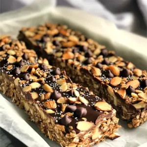 - 1 cup rolled oats - 1/2 cup almond butter - 1/4 cup honey or maple syrup - 1/2 cup dark chocolate chips - 1/2 cup chopped almonds - 1/4 cup chia seeds - 1/2 teaspoon vanilla extract - A pinch of salt These ingredients create a tasty and healthy treat. Rolled oats form the base and add fiber. Almond butter gives a creamy texture and nutty flavor. Honey or maple syrup acts as the sweetener. Dark chocolate chips make it rich and satisfying. Chopped almonds add crunch, while chia seeds offer extra nutrition. A hint of vanilla and salt enhances all the flavors. - Different nut butters - Sweeteners alternatives - Add-ins like dried fruit or seeds Feel free to switch things up! You can use peanut butter or cashew butter. If you want less sugar, try agave syrup or stevia. Adding dried fruits like cranberries or seeds like pumpkin can also boost flavor and nutrition. - Calories per serving: about 150 - Macronutrient breakdown: - Carbohydrates: 20g - Protein: 4g - Fats: 7g Each bar offers a good balance of carbs, protein, and healthy fats. Keep in mind any allergies. These bars contain nuts and may not be safe for everyone. Always check labels if you are unsure. To make these No Bake Chocolate Almond Butter Granola Bars, you need some simple tools. Here’s what you’ll need: - Medium-sized mixing bowl - Small saucepan - Spatula or your hands - 8-inch square baking dish - Parchment paper Quick prep tip: Have all your ingredients ready before you start. This makes mixing easy and fun. Step 1: Mixing dry ingredients In a medium-sized mixing bowl, add: - 1 cup rolled oats - 1/2 cup chopped almonds - 1/4 cup chia seeds - A pinch of salt Mix these dry ingredients well. This step is key for a great texture. Step 2: Warming almond butter mixture In a small saucepan, over low heat, carefully warm: - 1/2 cup almond butter - 1/4 cup honey or maple syrup Stir until smooth. Remove from heat and add 1/2 teaspoon vanilla extract. This blend adds rich flavor. Step 3: Combining wet and dry ingredients Pour the warm almond butter mixture over the dry ingredients. Mix well until the oats and nuts are fully coated. You want every piece to be covered. Step 4: Pressing into the baking dish Line your 8-inch square baking dish with parchment paper. This helps with easy removal later. Spread the mixture evenly in the dish. Use a spatula or your hands to press it down firmly. Make sure it’s compact. Step 5: Chilling and cutting the bars Place the dish in the refrigerator for at least 1 hour to set. Once set, lift the bars from the dish using the parchment paper. Cut into squares or bars. Store in an airtight container in the fridge for up to a week. Imagine the mixing bowl filled with golden oats and bright chopped almonds. The warm almond butter mixture flows smoothly into the bowl, coating everything in a shiny glaze. The final pressed bars look dense and inviting, ready to be cut into perfect squares. Each step is a visual treat, making the process as delightful as the end result. To get the perfect texture in your No Bake Chocolate Almond Butter Granola Bars, follow these tips: - Use fresh rolled oats for a soft yet chewy base. - Press the mixture firmly into the baking dish to help it hold together. - Let the mixture chill for at least one hour. This helps the bars set properly. If your bars are too crumbly, try these steps: - Add a bit more almond butter or honey. This will help bind the mixture. - Make sure you press the mixture down firmly before chilling. If you want to adjust sweetness or flavor, consider: - Adding more honey or maple syrup for extra sweetness. - Mixing in a splash of vanilla extract for a richer taste. These granola bars pair well with yogurt or fresh fruit. Try slicing them up and serving with a dollop of yogurt. You can also add berries on the side for a fresh touch. For beverages, consider pairing these bars with: - A glass of almond milk for a nutty flavor. - A cup of herbal tea for a soothing complement. {{image_2}} You can easily change the taste of your granola bars. Try adding spices like cinnamon for warmth. Cocoa powder also boosts the chocolate flavor. If you love variety, use different types of chocolate. White chocolate or milk chocolate can add a sweet twist. Just remember to adjust the amount of sweetener if you do. If you want nut-free options, replace almond butter with sunflower seed butter. This swap keeps the creamy texture and flavor. For a vegan-friendly choice, use maple syrup instead of honey. You can also use agave syrup for sweetness. These changes help suit different diets while keeping the bars tasty. Seasonal ingredients can make your granola bars even better. In fall, try adding pumpkin seeds. They add crunch and a fun flavor. During winter, dried cranberries or cherries can give a festive touch. These small changes can keep your snacks fresh and exciting throughout the year. To keep your No Bake Chocolate Almond Butter Granola Bars fresh, use an airtight container. This helps avoid moisture and keeps them crunchy. I recommend a glass or plastic container with a tight seal. You can also wrap each bar in parchment paper. This adds a layer of protection and makes it easy to grab one on the go. If you want to store them long-term, freezing is a great option. First, cut the bars into squares. Then, place them in a single layer on a baking sheet. Freeze them for about an hour until solid. After that, transfer the bars to a freezer-safe bag or container. Make sure to label it with the date. For the best results, thaw them in the fridge overnight before enjoying. In the fridge, these bars stay fresh for up to a week. Keep an eye out for signs of spoilage. If you notice any off smells or mold, it’s best to toss them. Freshness is key for great taste! Enjoy your bars when they are at their best! These bars stay fresh in the fridge for about one week. Store them in an airtight container. For longer storage, you can freeze them. They last up to three months in the freezer. Just wrap them well to prevent freezer burn. Yes, you can swap almond butter for other nut butters. Peanut butter works well, giving a different taste. Cashew butter is another great choice. If you need nut-free options, try sunflower seed butter or soy nut butter. These alternatives keep the bars tasty and enjoyable. Yes, these bars can be gluten-free. Most rolled oats contain gluten, so check the label. Look for oats labeled as gluten-free. They are processed to avoid cross-contamination. This way, you can enjoy the bars without worry. You learned how to make No Bake Chocolate Almond Butter Granola Bars. We covered the key ingredients and alternatives, plus the steps to prepare them. I shared tips for success and ways to store your bars. Don’t hesitate to try different flavors or substitutions to make it your own. With these bars, you can enjoy a tasty snack that fits your needs. Remember, cooking is an adventure, so have fun while making these treats!