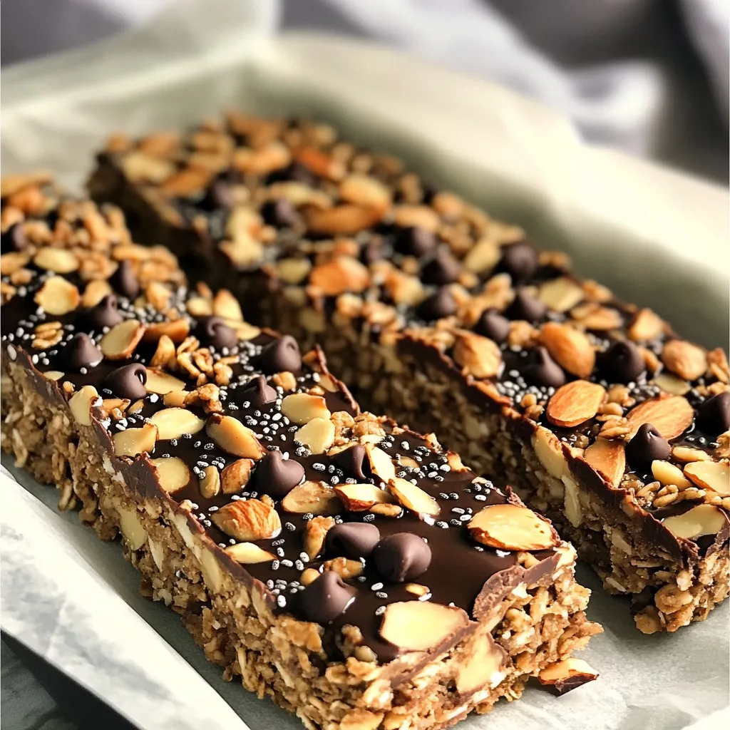 - 1 cup rolled oats - 1/2 cup almond butter - 1/4 cup honey or maple syrup - 1/2 cup dark chocolate chips - 1/2 cup chopped almonds - 1/4 cup chia seeds - 1/2 teaspoon vanilla extract - A pinch of salt These ingredients create a tasty and healthy treat. Rolled oats form the base and add fiber. Almond butter gives a creamy texture and nutty flavor. Honey or maple syrup acts as the sweetener. Dark chocolate chips make it rich and satisfying. Chopped almonds add crunch, while chia seeds offer extra nutrition. A hint of vanilla and salt enhances all the flavors. - Different nut butters - Sweeteners alternatives - Add-ins like dried fruit or seeds Feel free to switch things up! You can use peanut butter or cashew butter. If you want less sugar, try agave syrup or stevia. Adding dried fruits like cranberries or seeds like pumpkin can also boost flavor and nutrition. - Calories per serving: about 150 - Macronutrient breakdown: - Carbohydrates: 20g - Protein: 4g - Fats: 7g Each bar offers a good balance of carbs, protein, and healthy fats. Keep in mind any allergies. These bars contain nuts and may not be safe for everyone. Always check labels if you are unsure. To make these No Bake Chocolate Almond Butter Granola Bars, you need some simple tools. Here’s what you’ll need: - Medium-sized mixing bowl - Small saucepan - Spatula or your hands - 8-inch square baking dish - Parchment paper Quick prep tip: Have all your ingredients ready before you start. This makes mixing easy and fun. Step 1: Mixing dry ingredients In a medium-sized mixing bowl, add: - 1 cup rolled oats - 1/2 cup chopped almonds - 1/4 cup chia seeds - A pinch of salt Mix these dry ingredients well. This step is key for a great texture. Step 2: Warming almond butter mixture In a small saucepan, over low heat, carefully warm: - 1/2 cup almond butter - 1/4 cup honey or maple syrup Stir until smooth. Remove from heat and add 1/2 teaspoon vanilla extract. This blend adds rich flavor. Step 3: Combining wet and dry ingredients Pour the warm almond butter mixture over the dry ingredients. Mix well until the oats and nuts are fully coated. You want every piece to be covered. Step 4: Pressing into the baking dish Line your 8-inch square baking dish with parchment paper. This helps with easy removal later. Spread the mixture evenly in the dish. Use a spatula or your hands to press it down firmly. Make sure it’s compact. Step 5: Chilling and cutting the bars Place the dish in the refrigerator for at least 1 hour to set. Once set, lift the bars from the dish using the parchment paper. Cut into squares or bars. Store in an airtight container in the fridge for up to a week. Imagine the mixing bowl filled with golden oats and bright chopped almonds. The warm almond butter mixture flows smoothly into the bowl, coating everything in a shiny glaze. The final pressed bars look dense and inviting, ready to be cut into perfect squares. Each step is a visual treat, making the process as delightful as the end result. To get the perfect texture in your No Bake Chocolate Almond Butter Granola Bars, follow these tips: - Use fresh rolled oats for a soft yet chewy base. - Press the mixture firmly into the baking dish to help it hold together. - Let the mixture chill for at least one hour. This helps the bars set properly. If your bars are too crumbly, try these steps: - Add a bit more almond butter or honey. This will help bind the mixture. - Make sure you press the mixture down firmly before chilling. If you want to adjust sweetness or flavor, consider: - Adding more honey or maple syrup for extra sweetness. - Mixing in a splash of vanilla extract for a richer taste. These granola bars pair well with yogurt or fresh fruit. Try slicing them up and serving with a dollop of yogurt. You can also add berries on the side for a fresh touch. For beverages, consider pairing these bars with: - A glass of almond milk for a nutty flavor. - A cup of herbal tea for a soothing complement. {{image_2}} You can easily change the taste of your granola bars. Try adding spices like cinnamon for warmth. Cocoa powder also boosts the chocolate flavor. If you love variety, use different types of chocolate. White chocolate or milk chocolate can add a sweet twist. Just remember to adjust the amount of sweetener if you do. If you want nut-free options, replace almond butter with sunflower seed butter. This swap keeps the creamy texture and flavor. For a vegan-friendly choice, use maple syrup instead of honey. You can also use agave syrup for sweetness. These changes help suit different diets while keeping the bars tasty. Seasonal ingredients can make your granola bars even better. In fall, try adding pumpkin seeds. They add crunch and a fun flavor. During winter, dried cranberries or cherries can give a festive touch. These small changes can keep your snacks fresh and exciting throughout the year. To keep your No Bake Chocolate Almond Butter Granola Bars fresh, use an airtight container. This helps avoid moisture and keeps them crunchy. I recommend a glass or plastic container with a tight seal. You can also wrap each bar in parchment paper. This adds a layer of protection and makes it easy to grab one on the go. If you want to store them long-term, freezing is a great option. First, cut the bars into squares. Then, place them in a single layer on a baking sheet. Freeze them for about an hour until solid. After that, transfer the bars to a freezer-safe bag or container. Make sure to label it with the date. For the best results, thaw them in the fridge overnight before enjoying. In the fridge, these bars stay fresh for up to a week. Keep an eye out for signs of spoilage. If you notice any off smells or mold, it’s best to toss them. Freshness is key for great taste! Enjoy your bars when they are at their best! These bars stay fresh in the fridge for about one week. Store them in an airtight container. For longer storage, you can freeze them. They last up to three months in the freezer. Just wrap them well to prevent freezer burn. Yes, you can swap almond butter for other nut butters. Peanut butter works well, giving a different taste. Cashew butter is another great choice. If you need nut-free options, try sunflower seed butter or soy nut butter. These alternatives keep the bars tasty and enjoyable. Yes, these bars can be gluten-free. Most rolled oats contain gluten, so check the label. Look for oats labeled as gluten-free. They are processed to avoid cross-contamination. This way, you can enjoy the bars without worry. You learned how to make No Bake Chocolate Almond Butter Granola Bars. We covered the key ingredients and alternatives, plus the steps to prepare them. I shared tips for success and ways to store your bars. Don’t hesitate to try different flavors or substitutions to make it your own. With these bars, you can enjoy a tasty snack that fits your needs. Remember, cooking is an adventure, so have fun while making these treats!
