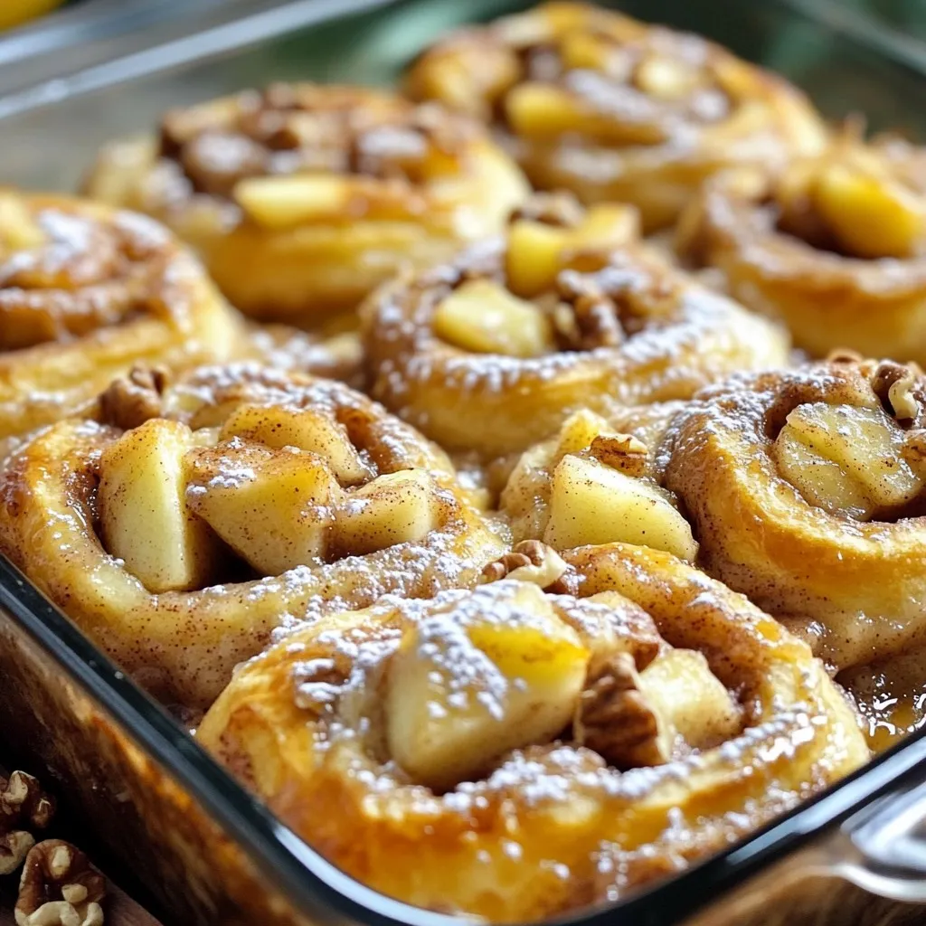 To make the Apple Pie Cinnamon Roll Bake, you need the following ingredients: - 2 cans of refrigerated cinnamon roll dough - 3 medium apples: peeled, cored, and diced - 1 teaspoon cinnamon - 1/2 teaspoon nutmeg - 1/4 cup brown sugar - 1 tablespoon lemon juice - 1/2 cup chopped walnuts or pecans (optional) - 1 cup granulated sugar - 1 tablespoon vanilla extract - 1/2 cup cream cheese, softened - 1 tablespoon milk - Icing from the cinnamon roll cans Each ingredient plays a key role in creating this warm, gooey treat. The cinnamon roll dough serves as a base filled with sweet apple chunks. The apples bring a fresh, fruity flavor. Cinnamon and nutmeg add warmth and spice. Brown sugar and lemon juice balance the sweetness and enhance the apple taste. If you choose to add nuts, they give a nice crunch. Cream cheese adds richness to the drizzle, making each bite extra special. With these easy-to-find ingredients, you can whip up a delightful dessert in no time! - Preheat your oven to 350°F (175°C). Grease a 9x13-inch baking dish. - Peel, core, and dice the 3 medium apples. Mix them in a bowl with cinnamon, nutmeg, brown sugar, and lemon juice. Toss until the apples are well coated. Set this mixture aside. - Open the two cans of cinnamon roll dough. Cut each roll into quarters. This makes mixing easier. - In a large bowl, mix the cut cinnamon rolls with the apple mixture. Make sure all pieces are evenly coated. - If you want some crunch, fold in 1/2 cup of chopped walnuts or pecans. This step adds great texture. - Pour the cinnamon roll and apple mixture into the greased baking dish. Spread it out evenly for even cooking. - In another bowl, mix 1/2 cup of softened cream cheese, 1 cup of granulated sugar, 1 tablespoon of vanilla extract, and 1 tablespoon of milk. Stir until it is smooth and creamy. Drizzle this mixture over the top of your bake. - Bake in the preheated oven for 30-35 minutes. Look for a golden brown top and make sure the cinnamon rolls are cooked through. - Once baked, take it out of the oven. Let it cool for 10 minutes. Drizzle the icing from the cinnamon roll cans over the top before serving. - Avoiding sogginess in the bottom layer: To prevent a soggy base, use a greased dish. Spread the apple mixture evenly. Make sure the cinnamon rolls are cut into smaller pieces for better baking. This helps them cook through without getting too wet. - Ensuring even cooking: Bake your dish at 350°F (175°C). This temperature allows for even heat. Keep an eye on the bake, especially towards the end. A golden top means it's done. If you spot browning too early, cover it with foil. - Serving suggestions for garnish: Once baked, let it cool for about 10 minutes. Dust with powdered sugar for a pretty look. Add a dollop of whipped cream or a scoop of vanilla ice cream on top. These simple touches make it more appealing. - Best accompaniments for serving: Serve warm with extra icing from the roll cans. A cup of coffee or spiced chai pairs well. These drinks enhance the cozy flavors of your dessert. - Overbaking or underbaking: Watch the clock! If you bake too long, the rolls can dry out. If underbaked, they may be gooey inside. Check the bake at 30 minutes. A toothpick inserted should come out clean. - Not mixing ingredients properly: Make sure to mix the apples and spices well. An even mix ensures every bite is flavorful. When combining the cinnamon rolls and apple mix, toss gently but thoroughly. This helps each piece soak up the flavors. {{image_2}} You can change the flavor of your Apple Pie Cinnamon Roll Bake easily. Adding other fruits makes it fun. Try pears or berries for a fresh twist. Just chop them up and mix them in with the apples. Spices can also give your dish a new kick. Instead of just cinnamon and nutmeg, use pumpkin spice for a warm, cozy flavor. It pairs well with apples and gives your bake a fall vibe. If you need a gluten-free option, look for gluten-free cinnamon roll dough. Many stores offer good brands that taste great. This way, everyone can enjoy your bake. For a dairy-free version, swap the cream cheese. You can use dairy-free cream cheese or even a nut-based spread. This keeps the creamy texture without the dairy. In fall, you can add a caramel drizzle for extra sweetness. It pairs so well with the apple flavor and makes it look fancy. During the holidays, try adding eggnog to the cream cheese mixture. It gives a festive twist that your guests will love. Just replace some of the milk with eggnog for a creamy holiday flavor. To store leftovers, let the dish cool first. Then, cover it with plastic wrap or foil. You can also use an airtight container. This keeps it fresh for later. When reheating, use the oven at 350°F (175°C). Heat for about 15-20 minutes. You can also microwave individual portions for 1-2 minutes. Make sure to check if it’s warm throughout. You can freeze this dish before or after baking. If you want to freeze it before baking, prepare it in the dish and cover it well. This way, you can bake it later. If you freeze it after baking, let it cool first. Then, wrap it tightly and place it in the freezer. To thaw, move it to the fridge for several hours or overnight. For the best taste, bake it fresh after thawing. In the fridge, the Apple Pie Cinnamon Roll Bake lasts about 3-4 days. Check for any signs of spoilage. If you see mold or notice a sour smell, it’s time to toss it. Always trust your senses. If it doesn’t look or smell right, do not eat it. Yes, you can prepare this bake ahead. To do this, follow these steps: - Make the apple mixture and mix it with the cinnamon rolls. - Pour it into the greased baking dish. - Cover it tightly with plastic wrap and place it in the fridge. - When you're ready to bake, remove it from the fridge. - Bake it straight from the fridge for about 30 to 35 minutes. You can use store-bought apple filling. This saves time and effort. Here are some pros and cons: Pros: - Quick and easy to use. - Consistent flavor and texture. Cons: - May contain preservatives. - Less fresh taste than homemade filling. Check for doneness by looking at the top. It should be golden brown. You can also use these tips: - Insert a toothpick into the center. If it comes out clean, it’s done. - The cinnamon rolls should feel firm and cooked through. - Let it cool for a few minutes before serving to set properly. In this blog post, I shared how to make a delicious Apple Pie Cinnamon Roll Bake. We covered all the key ingredients, detailed preparation steps, and provided helpful tips for perfecting your bake. You can easily customize this dish with fruits and spices. Finally, I discussed storage tips to keep your bake fresh. This recipe is simple and fun, perfect for any occasion. Enjoy creating your tasty treat!