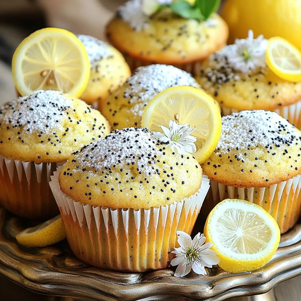 To make these tasty muffins, gather the following ingredients: - 1 cup all-purpose flour - 1/2 cup whole wheat flour - 1/2 cup granulated sugar - 1 tablespoon poppy seeds - 1 teaspoon baking powder - 1/2 teaspoon baking soda - 1/4 teaspoon salt - 1 cup plain Greek yogurt - 1/4 cup vegetable oil - 2 large eggs - Zest of 1 lemon - 2 tablespoons fresh lemon juice - 1 teaspoon vanilla extract These ingredients create a light and moist muffin with a fresh, zesty flavor. You can easily swap some ingredients if needed. Here are some ideas: - Flour: For a gluten-free option, use a gluten-free flour blend instead of all-purpose and whole wheat flours. - Sugar: You can replace granulated sugar with coconut sugar or honey, but adjust the amount. - Greek Yogurt: If you don’t have Greek yogurt, regular yogurt works well. Just check the thickness. - Oil: Substitute vegetable oil with melted coconut oil for a different taste. - Eggs: If you want to make these muffins vegan, replace eggs with flax eggs. Mix 1 tablespoon of flaxseed meal with 2.5 tablespoons of water for one egg. These swaps keep the muffins tasty while catering to dietary needs. Each muffin is not only delicious but also provides nutrients. Here’s the breakdown: - Calories: Approximately 150 - Protein: 4g - Carbohydrates: 22g - Fat: 6g - Fiber: 1g - Sugar: 6g These muffins offer a good mix of protein and carbs, making them a great breakfast or snack option. Enjoy these treats while knowing they are not just tasty, but also have some health benefits. First, you need to set your oven. Preheat it to 350°F (175°C). This temperature helps the muffins rise perfectly. Next, prepare your muffin tin. You can line it with paper liners or lightly grease it with butter or oil. This step makes it easy to remove the muffins later. In a large bowl, combine your dry ingredients. Add 1 cup of all-purpose flour, 1/2 cup of whole wheat flour, 1/2 cup of granulated sugar, and 1 tablespoon of poppy seeds. Then, include 1 teaspoon of baking powder, 1/2 teaspoon of baking soda, and 1/4 teaspoon of salt. Whisk these together until they mix well. This mix gives your muffins structure and flavor. Now, take another bowl for the wet ingredients. Mix 1 cup of plain Greek yogurt with 1/4 cup of vegetable oil. Add 2 large eggs, the zest of 1 lemon, 2 tablespoons of fresh lemon juice, and 1 teaspoon of vanilla extract. Whisk until it’s smooth. This mixture adds moisture and flavor to the muffins. Pour the wet ingredients into the bowl with the dry mix. Use a rubber spatula to gently fold the batter. Be careful not to overmix; a few lumps are okay. This keeps the muffins light and fluffy. Once mixed, divide the batter among the muffin cups. Fill each cup about two-thirds full for the best rise. Place the muffin tin in your preheated oven. Bake for 18-20 minutes. To check if they're done, insert a toothpick into the center. If it comes out clean, your muffins are ready. Also, the tops should spring back when touched lightly. Once baked, let them cool in the pan for 5 minutes. Then, transfer them to a wire rack to cool completely. Enjoy your delicious lemon poppy seed muffins! To get the best muffin texture, mix the wet and dry ingredients carefully. When you combine them, use a rubber spatula to fold gently. You want the batter to be slightly lumpy. Overmixing can make your muffins tough. Keep it light and simple for a fluffy result. To keep your muffins fresh, store them in an airtight container. Place a paper towel at the bottom to absorb moisture. This helps prevent sogginess. You can keep them at room temperature for up to three days. For longer storage, freeze them. Wrap each muffin in plastic wrap and place them in a freezer bag. These muffins shine when served warm. You can add a pat of butter or a drizzle of honey on top. For a fun twist, pair them with a fruit salad or yogurt. They also go well with tea or coffee. Display them on a platter with lemon slices for an eye-catching treat. {{image_2}} To make gluten-free lemon poppy seed muffins, substitute the all-purpose flour. Use a gluten-free flour blend instead. Check that it has xanthan gum for better texture. You can also mix in almond flour for added flavor. The rest of the recipe stays the same. Your muffins will still taste bright and fresh! To make these muffins vegan, replace the eggs with flax eggs. Mix one tablespoon of ground flaxseed with three tablespoons of water. Let it sit for five minutes to thicken. Use coconut oil or applesauce in place of vegetable oil. Lastly, choose a plant-based yogurt. Your muffins will still be moist and delicious! You can easily change the flavor of your muffins. Add a handful of blueberries for a fruity twist. Or, mix in some chopped nuts for crunch. For a sweet finish, drizzle a simple lemon glaze on top. Just combine powdered sugar with lemon juice until smooth. These variations keep the recipe exciting and fun! To keep your Lemon Poppy Seed Greek Yogurt Muffins fresh, place them in an airtight container. You can store them at room temperature for up to three days. If you want them to last longer, consider the fridge. They will stay good for about a week in the refrigerator. Freezing muffins is simple and effective. First, let them cool completely. Then, wrap each muffin in plastic wrap. You can also use aluminum foil for extra protection. Place the wrapped muffins in a freezer bag. They can last for up to three months in the freezer. When you are ready to eat them, just thaw them at room temperature or in the fridge overnight. To reheat your muffins, preheat your oven to 350°F (175°C). Place the muffins on a baking sheet. Heat them for about 10 minutes. This will help bring back their soft texture. If you are in a rush, you can also microwave them. Heat each muffin for about 15-20 seconds. This quick method is great if you want a warm treat fast. If you don't have Greek yogurt, you can use regular yogurt. Sour cream is also a good choice. For a dairy-free option, try unsweetened coconut yogurt. This will keep the muffins moist and tasty. To make these muffins sugar-free, use a sugar substitute. Options like honey, maple syrup, or agave nectar work well. Use about half the amount of sweetener compared to sugar. This keeps the muffins sweet without added sugar. Yes, you can use lemon extract. Use about one teaspoon of extract for every tablespoon of juice. Keep in mind that fresh lemon juice adds a bright flavor. Extract may not give the same zest but will still taste good. These muffins stay fresh for about three days at room temperature. If you store them in the fridge, they can last up to a week. For longer storage, freeze them for up to three months in an airtight container. You can serve these muffins warm or at room temperature. A dusting of powdered sugar adds a nice touch. For extra flair, add lemon slices or edible flowers on the platter. Pair with tea or coffee for a delightful treat. You now have a complete guide to making perfect Lemon Poppy Seed Greek Yogurt Muffins. From the ingredient list to storage tips, every step matters. Remember, small adjustments can lead to big flavors. Enjoy experimenting with variations like gluten-free or vegan options. Store them well to keep them fresh. These muffins not only taste great but are also easy to make, making them perfect for any occasion. I hope you get to savor every bite!