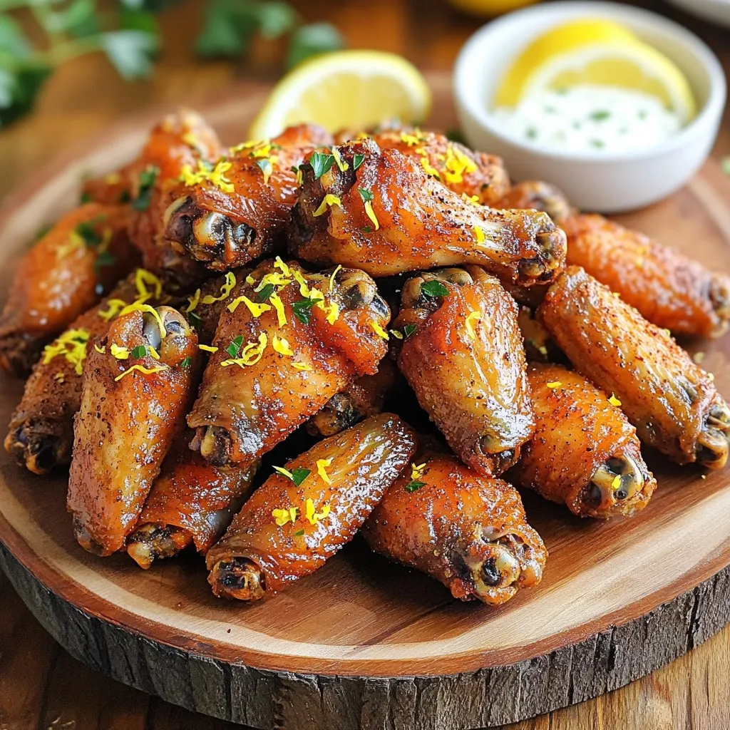 - 2 pounds chicken wings, tips removed - 2 tablespoons olive oil - 1 teaspoon lemon zest - 2 tablespoons lemon juice - 1 tablespoon black pepper - 1 teaspoon garlic powder - 1 teaspoon onion powder - 1 teaspoon paprika - 1 teaspoon salt The chicken wings are the star of this dish. I prefer fresh wings for the best taste. Make sure to trim the tips for easy cooking. The marinade brings out the flavor. I use olive oil for a nice base. The lemon zest and juice add a fresh zing. Black pepper gives it a kick, while garlic and onion powders add depth. Paprika adds a lovely color and subtle warmth. Don’t forget the salt; it enhances all the flavors. - Fresh parsley, chopped (for garnish) - Lemon wedges Garnishes make your dish pop! Fresh parsley looks great and adds a hint of earthiness. Lemon wedges are perfect for squeezing on top. They enhance the lemon flavor and add brightness. If you want your wings to shine, these garnishes are key. Preheating the Air Fryer Start by setting your air fryer to 400°F (200°C). Preheat it for about 5 minutes. This step is key for crispy wings. Marinating the Wings In a large bowl, mix olive oil, lemon zest, lemon juice, black pepper, garlic powder, onion powder, paprika, and salt. Stir until well combined. Add the chicken wings to the bowl and toss them in the marinade. Make sure each wing gets coated. Let the wings sit for at least 30 minutes. You can refrigerate them for up to 2 hours for more flavor. Air Frying Process Place the marinated wings in a single layer in the air fryer basket. Avoid overcrowding to help them crisp up. Set your air fryer to cook for 25-30 minutes. Flipping for Crispiness Halfway through cooking, flip the wings. This will help them cook evenly and get that nice golden brown color. When done, they should look crispy and delicious. - Proper Air Fryer Setup: Preheat your air fryer to 400°F. This step helps the wings cook evenly. A hot air fryer leads to crispy skin. It’s key for that perfect crunch. - Avoiding Overcrowding: Place wings in a single layer. If you stack them, they won’t crisp up as well. Give them space to breathe. This allows hot air to circulate and cook them perfectly. - Additional Seasonings: For a twist, try adding cayenne pepper for heat. You can also use smoked paprika for a deeper flavor. Experiment with herbs like thyme or rosemary. They pair well with lemon. - Marination Duration Tips: Let the wings sit in the marinade for at least 30 minutes. For best results, marinate for up to 2 hours. This lets the flavors soak in. Longer marination brings out the best taste. {{image_2}} You can spice up your Air Fryer Lemon Pepper Crispy Wings with different flavors. Here are two fun ideas: - Spicy Lemon Pepper Wings: Add cayenne pepper or chili powder to your marinade. Start with half a teaspoon and adjust for your spice level. This adds heat but keeps the zesty lemon flavor. - Garlic Parmesan Wings: Replace lemon juice and zest with grated Parmesan cheese and minced garlic. Mix in some Italian herbs for added depth. This creates a rich, savory twist on the classic. If you don’t have an air fryer, try these methods for tasty wings: - Oven-Baked Version: Preheat your oven to 425°F (220°C). Spread the marinated wings on a baking sheet lined with foil for easy cleanup. Bake for 40-45 minutes, flipping halfway through. They’ll be crispy and golden! - Grill Option: For a smoky flavor, grill your wings. Preheat your grill to medium-high heat. Place the wings on the grill and cook for about 20-25 minutes, turning occasionally. This method adds a great char and flavor to the wings. These variations and methods keep your cooking fun and fresh! To store leftovers, first let the wings cool down. Place them in an airtight container. You can keep them in the fridge for about three to four days. If you want to keep them longer, consider freezing them. Just make sure to wrap them tightly in plastic wrap before putting them in a freezer bag. They can last up to three months in the freezer. For the best crispiness, use your air fryer or oven. Preheat your air fryer to 375°F (190°C). Place the wings in a single layer in the basket. Air fry them for about 5 to 7 minutes. If using the oven, set it to 375°F (190°C) and bake for 10 to 15 minutes. This will help keep the wings crispy and tasty. Avoid using the microwave, as it can make them soggy. Yes, you can use frozen chicken wings. First, you need to thaw them. To do this, place the wings in the fridge overnight or submerge them in cold water for about an hour. Once thawed, pat them dry. This step helps the wings get crispy. Lemon pepper wings pair well with various dipping sauces. Here are some ideas: - Ranch dressing - Blue cheese dressing - Honey mustard - Spicy mayo These sauces add extra flavor and make the meal even better. Check the internal temperature to know if the wings are done. The safe temperature for chicken is 165°F (74°C). Use a meat thermometer to check the thickest part of the wing. When they reach this temperature, they are ready to enjoy. You learned how to make delicious chicken wings in an air fryer. First, we covered the key ingredients like chicken, marinade, and garnishes. Then, I shared clear steps for preparation and cooking. I offered tips for crispiness and flavor boosts, plus tasty variations. Finally, we talked about storage and reheating for leftover wings. Try these simple methods at home. Enjoy tasty wings that impress friends and family!