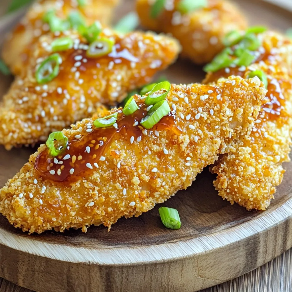 - 1 lb chicken tenders - 1/2 cup all-purpose flour - 1 teaspoon garlic powder - 1 teaspoon onion powder - 1 teaspoon paprika - 1/2 teaspoon salt - 1/2 teaspoon black pepper - 1 large egg, beaten - 1 cup panko breadcrumbs - 1/4 cup honey - 2 tablespoons sriracha sauce - 1 tablespoon soy sauce - 1 teaspoon sesame oil - Optional: sliced green onions and sesame seeds for garnish To make these air fryer sweet and spicy chicken tenders, gather your ingredients first. Start with 1 pound of fresh chicken tenders. This is the base of your dish. For a crispy coating, you will need flour, garlic powder, onion powder, paprika, salt, and black pepper. These spices add great flavor. Next, you need a large egg, beaten, to help the coating stick. Finally, use 1 cup of panko breadcrumbs for that perfect crunch. For the glaze, mix 1/4 cup of honey with 2 tablespoons of sriracha sauce. This adds sweetness and heat. Then add 1 tablespoon of soy sauce and 1 teaspoon of sesame oil for depth. You can also garnish with sliced green onions and sesame seeds for a pop of color. These ingredients come together to create a delicious meal. First, gather all your chicken tenders. You will need one pound. In a shallow bowl, mix these dry ingredients: 1/2 cup all-purpose flour, 1 teaspoon garlic powder, 1 teaspoon onion powder, 1 teaspoon paprika, 1/2 teaspoon salt, and 1/2 teaspoon black pepper. Stir these well so they blend. Next, take a large egg and beat it in another bowl until fully mixed. In a third shallow dish, place 1 cup of panko breadcrumbs. This will help create a crispy coating. Now, dip each chicken tender into the flour mix. Make sure it is fully coated. Then, dip it into the egg, letting any extra drip off. Finally, roll it in the panko breadcrumbs, pressing lightly to ensure the coating sticks well. Before cooking, preheat your air fryer to 400°F (200°C). Lay the breaded chicken tenders in the air fryer basket in a single layer. This helps them cook evenly. Cook the chicken for about 10 to 12 minutes. Flip them halfway through to get a nice golden color. You want the internal temperature to reach 165°F (75°C) to ensure they are safely cooked. While the chicken cooks, let’s make the glaze. In a small saucepan, combine 1/4 cup honey, 2 tablespoons sriracha sauce, 1 tablespoon soy sauce, and 1 teaspoon sesame oil. Heat this mixture over medium heat. Stir the ingredients together until they blend well. This should take about 2 to 3 minutes. Once the chicken is done, drizzle this spicy honey glaze over the tenders. Toss them gently to coat each piece evenly. Enjoy your delicious air fryer sweet and spicy chicken tenders! For crispy chicken tenders, use panko breadcrumbs. They create a great crunch. Make sure to coat each tender well. Press the breadcrumbs onto the chicken for better sticking. Preheat your air fryer, as this helps cook the chicken evenly. Don't overcrowd the basket; give the tenders space. This allows hot air to circulate and crisp up every side. I recommend cooking the chicken tenders at 400°F (200°C). Cook them for 10-12 minutes. Flip them halfway for even cooking. Check that the internal temperature reaches 165°F (75°C). This ensures your chicken is safe to eat and tender. You can change up the glaze for fun! Try adding extra spices to the honey mix. For a tangy twist, add lime juice or ginger. If you like it sweeter, increase the honey. Mixing in different hot sauces can also adjust the heat level. Experiment to find your perfect balance! {{image_2}} You can change the spice in your sweet and spicy chicken tenders. To make them milder, use less sriracha. Try adding more honey to balance the heat. For a bolder kick, add more sriracha or mix in cayenne pepper. A pinch goes a long way, so start small. Remember, you can always add more spice later. The glaze can be fun to change up. Instead of sriracha, try using barbecue sauce for a smoky flavor. You can also mix honey with teriyaki sauce for a sweet twist. If you like a fruity kick, add some orange juice to the honey. This will give your glaze a bright, fresh taste. Get creative and find what you love! Chicken is great, but you can use other proteins too. Try turkey tenders for a leaner option. You can also use shrimp, which cooks quickly and pairs well with the glaze. If you want a vegetarian choice, use tofu. Just press the tofu to remove water and cut it into strips. The glaze will add flavor to any protein you choose! To store leftover chicken tenders, let them cool down. Place them in an airtight container. Make sure you seal it well to keep out air. You can keep them in the fridge for up to three days. If you want to keep them longer, consider freezing. When you are ready to eat the leftovers, you can reheat them in the air fryer. Set your air fryer to 375°F (190°C). Heat the chicken tenders for about 5-7 minutes. This helps keep them crispy. You can also use a microwave, but they may get soggy. To freeze the chicken tenders, place them in a freezer-safe bag. Remove as much air as possible before sealing. They can last for up to three months in the freezer. When you want to eat them, thaw them overnight in the fridge. After thawing, reheat as mentioned earlier. Yes, you can! If you don't have an air fryer, use a regular oven. Preheat your oven to 400°F (200°C). Place the breaded chicken tenders on a baking sheet lined with parchment paper. Bake for 15-20 minutes, flipping halfway, until they are golden and cooked through. This method works well, but the tenders may not be as crispy as when cooked in an air fryer. To change the flavor, simply adjust the honey and sriracha. For more sweetness, add more honey. If you want it spicier, increase the sriracha. You can also add hot sauce or chili flakes for extra heat. Taste your glaze before using it. This way, you can find the right balance you enjoy! These chicken tenders go great with many sides. Here are some ideas: - Steamed broccoli - Sweet potato fries - Coleslaw - Rice or quinoa - Fresh salad with a light dressing Mix and match these sides to create a perfect meal! You learned how to make sweet and spicy chicken tenders step by step. We covered the best ingredients, cooking methods, and handy tips for perfect results. You can vary the spice and glaze to suit your taste. Remember to store leftovers properly to enjoy them later. Cooking can be fun and rewarding. Get creative in the kitchen, and share your tasty results! Enjoy your delicious chicken tenders today.