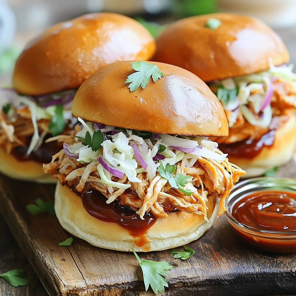 - 2 lbs boneless, skinless chicken thighs - 1 cup BBQ sauce (your favorite brand) - 1 onion, sliced - 4 cloves garlic, minced - 1 teaspoon smoked paprika - 1 teaspoon cumin - 1 teaspoon black pepper - 1 teaspoon salt - 1 cup chicken broth For this dish, I love using boneless, skinless chicken thighs. They stay juicy and tender after cooking. You can pick any BBQ sauce you enjoy. Some sauces are sweet, while others are spicy. Choose what fits your taste. The seasoning is key. Smoked paprika adds a nice depth. Cumin brings warmth, while black pepper and salt boost the flavor. The chicken broth keeps everything moist and tasty. - Coleslaw (for topping) - Additional condiments Coleslaw adds crunch and a fresh taste. You can make your own or use store-bought. If you want more flavor, add pickles, jalapeños, or hot sauce. These toppings make each bite exciting. - Slow cooker recommendations - Shredding tools A good slow cooker is a must. Look for one with a timer and different heat settings. This helps you get perfect chicken every time. For shredding, two forks work well, but you can also use a hand mixer. It makes shredding quick and easy. First, you need to slice the onion. Use a sharp knife for clean cuts. Next, mince the garlic cloves. This helps release their strong flavor. Place the sliced onion and minced garlic at the bottom of your slow cooker. This creates a tasty base for the chicken. Now, let’s mix the BBQ sauce. In a bowl, combine 1 cup of your favorite BBQ sauce. Add 1 teaspoon of smoked paprika, cumin, black pepper, and salt. Then, pour in 1 cup of chicken broth. Mix all these ingredients well. This sauce will add great flavor to the chicken. Next, layer your ingredients in the slow cooker. Start with the onions and garlic at the bottom. Add the 2 lbs of boneless, skinless chicken thighs on top. Make sure to cover the chicken with the BBQ sauce mixture. This ensures every bite is packed with flavor. Now it's time to set the cooking time and temperature. Cover the slow cooker and cook on low for 6-8 hours. If you are short on time, you can cook it on high for 3-4 hours. The chicken will be tender and easy to shred when done. Once your chicken is cooked, it’s time to shred it. Use two forks to pull apart the chicken directly in the slow cooker. This method is simple and quick. Mix the shredded chicken with the sauce in the pot. This ensures each piece is coated with the delicious BBQ flavor. Now, your pulled chicken is ready to serve on hamburger buns. Top with coleslaw for a nice crunch. Enjoy your meal! - Cooking tips for juicy chicken: Start with boneless, skinless chicken thighs. They stay moist and tender. Avoid overcooking; use a timer. Cook on low for 6 to 8 hours for the best results. - Enhancing flavors with marinades: To boost flavor, marinate the chicken overnight. Use a mix of BBQ sauce, garlic, and spices. This adds depth and makes your chicken even tastier. - Recommended side dishes: Pair your sandwiches with classic sides like baked beans or corn on the cob. These sides complement the rich BBQ flavors. A fresh salad also makes a great choice. - Ideal accompaniments for BBQ Pulled Chicken Sandwiches: Consider adding pickles or jalapeños for extra crunch and heat. They enhance the flavors and add a fun twist to your meal. - Creative serving styles: Serve sandwiches on a rustic wooden board. This gives a homey, inviting feel. You can also stack them for a fun display. - Garnishing tips for visual appeal: Top your sandwiches with coleslaw for color and crunch. A sprinkle of fresh parsley adds brightness. Serve with a small bowl of extra BBQ sauce for dipping. {{image_2}} You can switch up the meat in this recipe. If you prefer chicken breast, it works well. Chicken breast will be leaner than thighs. Just be careful not to overcook it, as it can dry out. For those who like pork or beef, use a pork shoulder or beef chuck roast. The slow cooker makes these cuts tender and juicy. Season them the same way. The BBQ sauce will soak in and make a rich flavor. Want to spice things up? Try a spicy BBQ sauce. Look for sauces with chipotle or jalapeño. They add heat and depth to your sandwiches. You can also mix in some cayenne pepper when making the sauce. Experiment with different seasonings too. Add a dash of chili powder or smoked salt for extra flavor. You can even try a sweet twist with a touch of brown sugar or honey. If you need gluten-free options, look for gluten-free buns. Many brands make tasty gluten-free bread now. You can also modify the sauce. Use gluten-free BBQ sauce to keep it safe. Check labels to ensure sauces are dairy-free too. This way, everyone can enjoy your delicious pulled chicken sandwiches without worry. After cooking, let your BBQ pulled chicken cool down. Place it in a shallow container. This helps it cool faster. Store it in the fridge. You can keep it for up to four days. Make sure the lid is on tight to keep it fresh. To freeze your pulled chicken, first let it cool. Portion it into freezer bags. Remove as much air as possible. This prevents freezer burn. You can freeze it for up to three months. When ready to eat, thaw it in the fridge overnight. Reheat it in a pot over low heat or in the microwave until warm. You can get creative with leftovers. Try adding pulled chicken to salads or tacos. Mix it into pasta or rice dishes for a filling meal. You can also make BBQ chicken quesadillas. For meal prep, pack it with your favorite sides in containers. This makes lunch or dinner easy for the week. You should cook BBQ pulled chicken for 6 to 8 hours on low. If you are short on time, you can cook it on high for 3 to 4 hours. The chicken should be tender. It should shred easily with two forks. Cooking it for the right time ensures juicy and tasty chicken. Yes, you can use frozen chicken thighs. Just add a little extra time to your cooking. Cook them on low for 8 to 10 hours or on high for 4 to 5 hours. Make sure the chicken reaches a safe temperature of 165°F before serving. Cooking from frozen can change the texture slightly, but it will still taste great. Many sides pair well with BBQ pulled chicken sandwiches. Here are some popular options: - Coleslaw for crunch - Potato salad for creaminess - Baked beans for heartiness - Corn on the cob for sweetness - Chips for a crunchy snack These sides will enhance your meal and make it even more enjoyable. This blog post explored BBQ pulled chicken, covering essential ingredients, cooking steps, and tips. I shared easy methods to prepare, cook, and serve juicy pulled chicken. You can try various meat options and flavors while meeting dietary needs. I also included storage tips and ideas for leftovers. Enjoying this dish can be simple and fun for everyone. Remember, experimenting with flavors can make your meals exciting and tasty. Happy cooking!