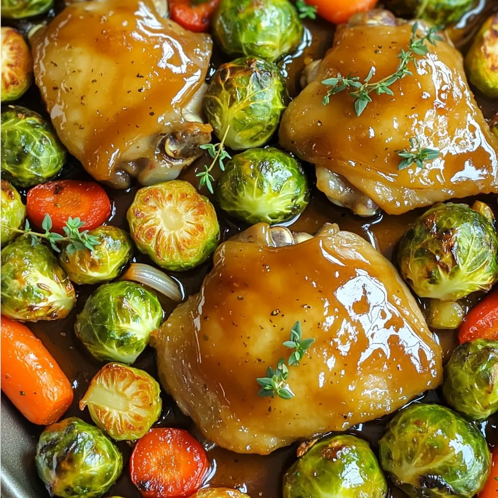 For this dish, I use 4 bone-in chicken thighs, skin-on. The skin adds flavor and helps keep the chicken juicy while it cooks. The bone-in type also gives more taste to the meat. You can use other cuts, but I love the flavor of thighs. The marinade is where the magic happens! You'll need: - 2 tablespoons Dijon mustard - 3 tablespoons pure maple syrup - 1 tablespoon olive oil - 1 teaspoon garlic powder - 1 teaspoon onion powder - Salt and pepper, to taste This mix brings a sweet and tangy taste. The mustard adds a nice kick, while the maple syrup gives a sweet touch. The olive oil helps blend everything and keeps the chicken moist. I add 2 cups Brussels sprouts, trimmed and halved, 2 cups baby carrots, and 1 large red bell pepper, sliced. These veggies not only taste great, but they also look colorful on the plate. The Brussels sprouts get crispy, the carrots are sweet, and the bell pepper adds crunch. You can swap in other veggies too, like broccoli or zucchini, if you prefer. First, you need to set your oven. Preheat it to 400°F (200°C). This step is key for even cooking. Next, grab a large sheet pan. Line it with parchment paper. This makes cleanup a breeze. Now, let’s make the marinade. In a small bowl, mix together 2 tablespoons of Dijon mustard and 3 tablespoons of pure maple syrup. Add 1 tablespoon of olive oil. Sprinkle in 1 teaspoon of garlic powder and 1 teaspoon of onion powder. Season it all with salt and pepper. Whisk until smooth. This mix will give your chicken a lovely flavor. Take the chicken thighs and place them skin side up on the sheet pan. Brush half of the marinade over the chicken. Make sure to coat each piece well. In a large bowl, add 2 cups of halved Brussels sprouts, 2 cups of baby carrots, and 1 large sliced red bell pepper. Drizzle the rest of the marinade over the veggies. Toss them to coat evenly. Now, arrange the veggies around the chicken on the sheet pan. Your oven is ready. Slide the pan in and roast for 35-40 minutes. Check that the chicken reaches 165°F (75°C) inside. The skin should be crispy, and the veggies tender and caramelized. Once done, take it out and let it rest for 5 minutes. If you like, sprinkle fresh thyme on top before serving. Enjoy your meal! To get that nice, crispy skin on your chicken, start with bone-in thighs. The skin holds moisture and flavor. Pat the skin dry with paper towels to remove excess moisture. This small step helps the skin crisp up. When you brush on the marinade, make sure to cover the skin well. The olive oil in the marinade also aids in crisping. Roast the chicken skin side up. This allows heat to circulate evenly. Bake at 400°F for 35-40 minutes to reach the perfect texture. For great veggie texture, cut them evenly. This ensures all pieces cook at the same rate. I love using Brussels sprouts, carrots, and bell peppers for color and taste. Toss them in the remaining marinade before baking. This adds flavor and helps them caramelize. Spread the veggies around the chicken on the pan. This way, they absorb some of that chicken flavor. Watch them closely as they roast. You want them tender but not mushy. Want to boost flavors? Try adding fresh herbs like rosemary or thyme. You can mix them into the marinade for depth. Lemon juice also brightens the dish. Just a tablespoon in the marinade adds a zesty kick. For a spicy twist, sprinkle red pepper flakes on the veggies. You can even swap Dijon mustard for spicy brown mustard if you like heat. This simple change makes the dish more exciting. Enjoy experimenting with these options to find your favorite flavor combo! {{image_2}} You can switch up the chicken for different proteins. Try bone-in pork chops or salmon fillets. These options cook well in the oven. Each protein will absorb the tasty marinade. Just make sure to adjust the cooking time. Salmon cooks faster, while pork may need a bit longer. Feel free to mix in your favorite veggies. Zucchini, sweet potatoes, or green beans all work great. You can even use frozen vegetables for quick prep. Just remember to cut them into similar sizes. This helps them cook evenly. Each vegetable adds its own flavor and texture. You can change the marinade to match your taste. Add a splash of soy sauce for a savory twist. Try using honey instead of maple syrup for a different sweetness. For a spicy kick, mix in some red pepper flakes. This recipe is flexible; make it your own! To keep leftover Sheet Pan Maple Dijon Chicken and veggies fresh, place them in a sealed container. Store them in the fridge for up to three days. Make sure to let the food cool down before sealing it. This helps prevent moisture buildup, which can make the food soggy. When you're ready to enjoy your leftovers, preheat the oven to 350°F (175°C). Place the chicken and veggies on a baking sheet. Cover them with foil to keep them moist. Heat for about 20 minutes or until warmed through. You can also use a microwave if you're in a hurry. Just heat in short bursts, stirring in between, until hot. If you want to save your meal for later, freezing works well too. Let the chicken and veggies cool completely. Then, place them in freezer-safe bags or containers. Make sure to remove as much air as possible to avoid freezer burn. They can last up to three months in the freezer. When you're ready to eat, thaw overnight in the fridge and reheat as described above. Yes, you can use boneless chicken. It cooks faster than bone-in chicken. I recommend adjusting the cooking time to about 25-30 minutes. Make sure to check the internal temperature. Boneless chicken should reach 165°F (75°C) to be safe to eat. This option is great if you prefer easier eating. You can use honey as a substitute for maple syrup. It adds a sweet touch too. You can also try agave nectar or brown sugar. If you want a less sweet flavor, use balsamic vinegar. Just keep in mind that each option changes the taste a bit. The chicken is done when it reaches 165°F (75°C). Use a meat thermometer to check the thickest part. You want the skin to be crispy and golden brown. If you don’t have a thermometer, cut into the chicken. The juices should run clear, not pink. Always ensure it is cooked through for safety! This post covers how to make a delicious chicken and veggie dish. We explored the ingredients, step-by-step cooking, and tips for the best results. You can adapt the recipe with alternative proteins and veggies. I shared storage tips to keep your meal fresh and tasty. Remember, cooking should be fun, so don’t be afraid to try new flavors. Enjoy your meal and impress your friends with your skills!