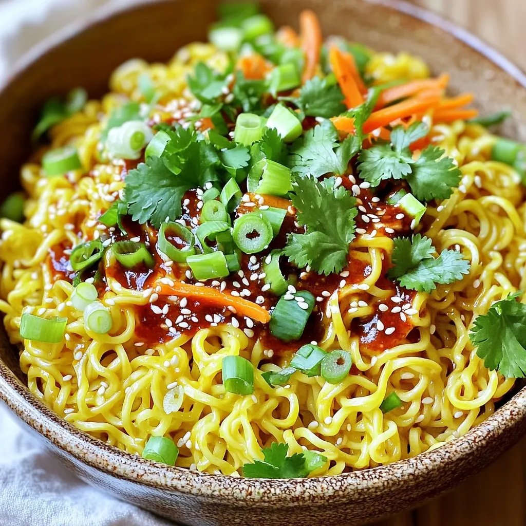 - 200g egg noodles - 3 tablespoons chili crisp - 2 tablespoons soy sauce - 1 tablespoon sesame oil - 1 teaspoon honey - 2 green onions, finely sliced - 1 tablespoon sesame seeds (toasted) - 1 small carrot, julienned - Fresh cilantro for garnish (optional) When I create Minute Chili Crisp Egg Noodles, I focus on simple yet bold flavors. The key ingredients are fresh and easy to find. The 200g of egg noodles serve as a great base. They cook quickly and soak up all the tasty sauce. I love using chili crisp. The three tablespoons add a spicy kick and tons of flavor. Soy sauce brings in that salty depth, with two tablespoons doing just the trick. For a little extra flavor, I add one tablespoon of sesame oil. It adds a nice nutty taste. The teaspoon of honey balances the heat from the chili crisp. This sweet touch makes the dish more complex. Next, the veggies! I slice two green onions finely. They add freshness and a bit of crunch. The small carrot, cut into thin strips, adds color and sweetness. The toasted sesame seeds give a lovely crunch on top. Finally, if you like fresh herbs, add some cilantro for garnish. It brightens the dish and makes it look beautiful. These ingredients come together to make a quick and tasty meal that you will love! - Start by boiling a pot of water. - Add 200g of egg noodles to the boiling water. - Cook them according to the package, which takes about 4-5 minutes. - Once they are soft, drain the noodles. - Rinse them quickly under cold water to stop cooking. - In a small bowl, mix 3 tablespoons of chili crisp. - Add 2 tablespoons of soy sauce and 1 tablespoon of sesame oil. - Then, add 1 teaspoon of honey for a hint of sweetness. - Whisk the mixture until it blends well and looks smooth. - In a large bowl, add the drained noodles. - Pour the sauce over the noodles and toss gently. - Make sure every noodle gets coated in sauce. - Next, add 1 small julienned carrot and 2 finely sliced green onions. - Mix carefully to combine everything. - Serve in bowls and sprinkle with 1 tablespoon of toasted sesame seeds. - If you like, add fresh cilantro on top for an extra burst of flavor. To get that perfect al dente texture, cook the egg noodles for just 4-5 minutes. They should be firm but not hard. Drain the noodles and rinse them under cold water. This stops the cooking and keeps them from getting mushy. If you want more heat, add extra chili crisp to the sauce. Start with a little and taste as you go. You can also add crushed red pepper for more spice. For a twist on flavor, try adding cooked chicken or shrimp. You can also mix in some bell peppers or snap peas for crunch. {{image_2}} You can boost your Minute Chili Crisp Egg Noodles with proteins. Great options include: - Cooked chicken, diced - Tofu, cubed and pan-fried - Shrimp, peeled and cooked - Beef strips, seared To add these proteins, cook them separately before mixing. After tossing the noodles with sauce, fold in your chosen protein. This step makes the meal hearty and filling. If you want a vegetarian or vegan twist, swap out non-vegetarian ingredients. Use: - Vegetable broth instead of chicken broth - Tofu or tempeh for meat - Coconut sugar or maple syrup instead of honey For sauces, try using vegan soy sauce or tamari. You can also add extra veggies like bell peppers or snap peas. These changes keep the dish tasty while catering to different diets. To keep your Minute Chili Crisp Egg Noodles fresh, store them in the fridge. Use airtight containers. This helps lock in flavor and moisture. Let the noodles cool before sealing them. They can last up to three days. - Best practices for refrigeration: - Cool completely before storing. - Avoid adding fresh toppings like cilantro before storing. - Recommended storage containers: - Use glass or plastic containers with tight lids. - Get containers that fit the amount of leftovers you have. When it’s time to enjoy your leftovers, reheating is key. You want to keep the texture of the noodles. Microwaving is quick, but it can make them mushy. Try these methods instead: - Stovetop method: - Heat a pan on low heat. - Add a splash of water or broth. - Stir gently until warmed through. - Microwave method: - Place noodles in a microwave-safe bowl. - Add a small amount of water. - Cover with a damp paper towel. Heat in short bursts, stirring in between. These tips help keep your noodles tasty and enjoyable! To make chili crisp at home, you need simple ingredients. Combine dried chili flakes, garlic, and onion in oil. Heat the oil until fragrant, then let it cool. This method gives you a fresh taste. You can adjust the spice level by adding more or less chili. Use it to add heat and flavor to many dishes. Yes, you can use many types of noodles. Rice noodles, udon, or even spaghetti work well. Just adjust cooking times as needed. Egg noodles add a rich taste, but other options can also shine. Experiment with what you have, and find your favorite combo. Chili crisp egg noodles go well with many dishes. Try them with stir-fried vegetables or grilled chicken. They also pair nicely with dumplings or spring rolls. You can serve them alongside soups for a complete meal. This flexibility makes them a great choice for any dining experience. This blog post walked you through how to make chili crisp egg noodles. We covered the main and additional ingredients, cooked the noodles, and made the sauce. You learned tips for perfect texture and flavor, plus variations for proteins or vegetarian options. Remember to store leftovers properly and reheat mindfully to keep them delicious. Try out these steps and enjoy a tasty meal. Happy cooking!