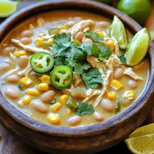 - 1 pound boneless, skinless chicken breasts - 1 can (15 oz) white kidney beans, drained and rinsed - 1 can (15 oz) corn, drained - 1 onion, chopped - 2 cloves garlic, minced - 1 can (4 oz) diced green chilies The main ingredients create a hearty base for your chili. The chicken adds protein and richness. Beans provide fiber and creaminess, while corn offers a sweet crunch. Onion and garlic boost flavor, and green chilies add a mild heat. Each component blends well, making every bite satisfying. - 1 teaspoon ground cumin - 1 teaspoon chili powder - 1/2 teaspoon smoked paprika - 1 teaspoon salt - 1/2 teaspoon black pepper Spices bring life to this dish. Ground cumin gives an earthy taste. Chili powder adds warmth, while smoked paprika brings a hint of smokiness. Salt enhances all flavors, and black pepper adds a subtle kick. Together, these spices create a balanced profile that brings out the best in your ingredients. - 4 cups chicken broth - 1 cup heavy cream - Garnishes: fresh cilantro, sliced jalapeños, lime wedges Chicken broth serves as the soup’s base, making it rich and savory. Heavy cream adds a creamy texture, turning the chili into a comforting meal. Fresh cilantro and jalapeños give brightness and heat as garnishes. Lime wedges offer a zesty finish that brightens each spoonful. Start by placing the chicken breasts at the bottom of your slow cooker. This layer will keep the chicken moist as it cooks. Next, add the white kidney beans, corn, chopped onion, minced garlic, and diced green chilies on top of the chicken. These veggies give great flavor and texture. Now, it’s time for the spices. Sprinkle the ground cumin, chili powder, smoked paprika, salt, and black pepper evenly over all the ingredients. These spices add warmth and depth to the chili. Pour in the chicken broth. Make sure the chicken is well submerged to keep it juicy. Next, cover the slow cooker with its lid. Set it to cook on low for 6-8 hours or on high for 3-4 hours. The chicken should become very tender during this time. After cooking, remove the chicken breasts from the pot. Use two forks to shred the chicken into bite-sized pieces. Return the shredded chicken to the slow cooker. Stir in the heavy cream to make the chili rich and creamy. Let it cook on low for another 30 minutes. Before serving, taste the chili and adjust the seasoning if needed. This step ensures the flavors are perfect. To make your white chicken chili shine, always pick fresh ingredients when you can. Fresh garlic and onion give a strong flavor. Canned ingredients like beans and corn save time but can lack taste. If you use canned products, rinse them well. This helps remove extra salt and improves flavor. For cooking, slow and steady is best. Use low settings to keep the chicken tender. Cooking on low for 6-8 hours is my go-to. If you’re in a rush, you can cook it on high for 3-4 hours. Just be sure to check the chicken for doneness. When serving, think about fun sides. Warm tortilla chips can be great for dipping. A slice of crusty bread is also nice. For a bright touch, add lime wedges. They give a nice zesty kick. Top the chili with fresh cilantro and sliced jalapeños. This adds color and flavor. Serve it in bowls to show off the toppings. One big mistake is overcooking the chicken. This can make it dry. Keep an eye on the cooking time. You want the chicken tender but not falling apart. Another mistake is not balancing spices. Start with the suggested amounts. Taste as you go. If you like it hotter, add more chili powder or jalapeños. Adjusting spices to your taste makes the chili just right for you. {{image_2}} You can easily swap ingredients in your white chicken chili. If you want a different bean, use black beans or pinto beans instead of white kidney beans. For chicken, try turkey or even rotisserie chicken for a quicker meal. Adding more vegetables can boost nutrition. Toss in diced bell peppers, carrots, or zucchini. These veggies add flavor and color to your chili. They also provide extra vitamins and minerals, making the dish healthier. Adjusting spices can change the flavor of your chili. If you like heat, add more chili powder or a splash of hot sauce. For a milder version, reduce the chili powder and smoked paprika. You can also experiment with spice blends. Try adding oregano or coriander for a different taste. Each blend offers a unique twist to this classic recipe. Making your chili fit different diets is simple. For a gluten-free option, ensure your spices and broth are certified gluten-free. If you want a dairy-free version, replace heavy cream with coconut milk. This swap keeps the chili creamy while adding a hint of sweetness. For vegetarian or vegan adaptations, omit the chicken. Replace it with chickpeas or tofu for protein. This makes the dish hearty and satisfying for everyone. To store leftover chili, let it cool first. Place the chili in a container with a tight lid. Glass or plastic containers work best. Make sure to use the chili within three days for the best taste. To freeze the chili, pour it into freezer bags or containers. Remove as much air as possible. Label with the date. The chili stays good for up to three months in the freezer. For thawing, move it to the fridge overnight before reheating. The best way to reheat chili is on the stove over low heat. Stir often to keep it from sticking. You can also use a microwave. Heat in short bursts, stirring in between. This keeps the flavor and texture just right. Add a splash of cream if needed to refresh the taste. Yes, you can use frozen chicken. Just remember that it will change cooking time. When using frozen chicken, cook on high for 4-5 hours instead of 3-4 hours. This ensures the chicken cooks through. The texture might be a bit different. It may not shred as easily. Still, the chili will taste great. To add heat, use spices and peppers. You can add jalapeños or cayenne pepper for a kick. Start with a small amount, then taste and adjust. More chili powder can also help. If you want more flavor, try using spicy green chilies. This makes your chili unique and fun. If your chili is too thick, don’t worry! You can easily thin it out. Add more chicken broth, a little at a time. Stir well after each addition. If you want a creamier texture, add some extra heavy cream. You can also use water, but broth adds more flavor. This blog post walks you through making a delicious chili with chicken and beans. You learned about the key ingredients, spices, and steps to prepare it perfectly. You also discovered tips for flavor and serving suggestions, as well as variations for dietary needs. Always remember to store leftovers safely and how to reheat them properly. With these tips, you'll make a tasty meal every time. Enjoy your cooking adventures and don't hesitate to get creative!