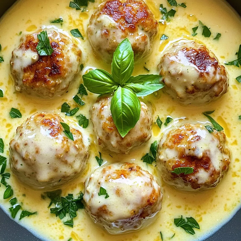 To make creamy garlic Parmesan chicken meatballs, you need: - 1 pound ground chicken - 1/2 cup breadcrumbs - 1/4 cup grated Parmesan cheese - 1/4 cup fresh parsley, chopped - 2 cloves garlic, minced - 1 large egg - 1 teaspoon Italian seasoning - Salt and pepper to taste - 2 tablespoons olive oil (for cooking) - 1 cup heavy cream - 1/2 cup chicken broth - 1/2 cup grated Parmesan cheese (for sauce) - Fresh basil for garnish These ingredients come together to create a dish that is rich in flavor and easy to make. Using fresh herbs and garlic makes a big difference. I recommend: - Fresh parsley: It adds a bright flavor. - Fresh basil: Use it for garnish. It adds color and taste. - Fresh garlic: Minced garlic gives a strong, lovely taste. Fresh ingredients elevate your dish and enhance its aroma. If you need swaps, here are some good options: - Ground turkey instead of ground chicken: This keeps it light. - Almond flour instead of breadcrumbs: This is a gluten-free option. - Nutritional yeast instead of Parmesan: This adds a cheesy flavor for vegans. These substitutions allow you to enjoy the recipe while meeting dietary needs. To start, grab a large mixing bowl. In this bowl, mix 1 pound of ground chicken with 1/2 cup of breadcrumbs. Add 1/4 cup of grated Parmesan cheese, 1/4 cup of chopped fresh parsley, and 2 minced garlic cloves. Crack in 1 large egg, then sprinkle in 1 teaspoon of Italian seasoning. Add salt and pepper to taste. Use your hands to combine all these ingredients well. Make sure everything is mixed evenly. This step is key for tasty meatballs. Next, heat a large skillet over medium heat. Pour in 2 tablespoons of olive oil and let it warm. While the oil heats, form the chicken mixture into meatballs. Aim for about 1 to 1.5 inches in diameter. Carefully place the meatballs into the skillet. Cook them for about 4-5 minutes on each side. You want them golden brown and cooked through. After cooking, remove the meatballs from the skillet and set them aside. This gives them a nice crust. In the same skillet, lower the heat to medium-low. Pour in 1 cup of heavy cream and 1/2 cup of chicken broth. Stir the mixture well, scraping the bottom of the pan. This helps pick up those tasty browned bits. Gradually whisk in an additional 1/2 cup of Parmesan cheese. Keep stirring until the sauce is smooth and creamy. Let it simmer for about 3-4 minutes to thicken. Finally, return the meatballs to the skillet. Spoon the sauce over them, letting them simmer for another 5 minutes. This melds all the flavors together nicely. To keep your meatballs moist, use ground chicken with some fat. Lean meat can dry out. Adding breadcrumbs helps too. They soak up the moisture and make a nice texture. You can also mix in an egg, which helps bind and adds moisture. Don’t overmix your meatball mixture; this keeps them tender. To create a smooth sauce, start with a clean skillet. After cooking the meatballs, lower the heat and add heavy cream and chicken broth. Whisk them together well. If you see any brown bits, scrape them off the pan. This adds flavor. Gradually add the extra Parmesan cheese while whisking. This helps make your sauce creamy and smooth. Serve your meatballs over pasta or rice. The sauce coats them well. You can also pair them with garlic bread for a delicious meal. Fresh basil adds a nice touch on top. It brightens the dish and adds aroma. For a side, consider a fresh salad. It balances the creaminess with crunch and freshness. {{image_2}} You can swap the ground chicken for other meats. Try ground turkey for a leaner option. Ground beef works well too. Each protein adds its unique flavor. Just keep the cooking times the same. Make sure the meatballs reach an internal temp of 165°F for safety. If you want a meat-free version, use a mix of beans and grains. Chickpeas or lentils make great bases. Combine them with breadcrumbs, cheese, and spices. You can also use store-bought veggie meat alternatives. This keeps the texture and flavor similar to meatballs. Add a pinch of red pepper flakes for heat. Fresh herbs like thyme or rosemary enhance the taste. You can also mix in sautéed mushrooms for a rich flavor. For a twist, try adding sun-dried tomatoes or olives. These additions create new layers of flavor and excitement. Store leftover creamy garlic Parmesan chicken meatballs in an airtight container. Keep them in the fridge for up to three days. Make sure the meatballs cool down before sealing the container. This helps keep them fresh. To freeze your meatballs, let them cool completely. Place them in a single layer on a baking sheet. Freeze until firm, about one hour. Then, transfer them to a freezer-safe bag or container. They can last up to three months in the freezer. When ready to eat, thaw the meatballs in the fridge overnight. Reheat them in a skillet over medium heat. Add a splash of chicken broth or cream to keep them moist. Cook until heated through, stirring gently. Enjoy the rich flavors again! You can check if chicken meatballs are cooked by cutting one in half. The meat should be white and not pink. You can also use a meat thermometer. The center should read 165°F. Cooking them for 4-5 minutes on each side usually gets them there. Keep an eye on them to avoid overcooking. Yes, you can make the creamy sauce ahead of time. Just follow the steps to get it ready. Store it in the fridge for up to two days. When you are ready to serve, heat it gently on the stove. Add the meatballs and let them warm through. This keeps the sauce smooth and tasty. These meatballs pair well with many sides. You can serve them with pasta for a filling meal. A fresh salad adds a nice crunch. You might also enjoy them with rice or mashed potatoes. For a lighter option, serve with steamed veggies. Each choice adds its own flavor to the dish. In this blog post, we explored the best ingredients for chicken meatballs and a creamy sauce. You learned the steps to prepare moist meatballs and a smooth sauce. I shared tips to enhance flavor and variations for everyone. Proper storage and reheating tips help you enjoy leftovers. Remember, cooking is about exploring flavors. You can adjust recipes to fit your taste. Enjoy the process and have fun creating delicious meals!