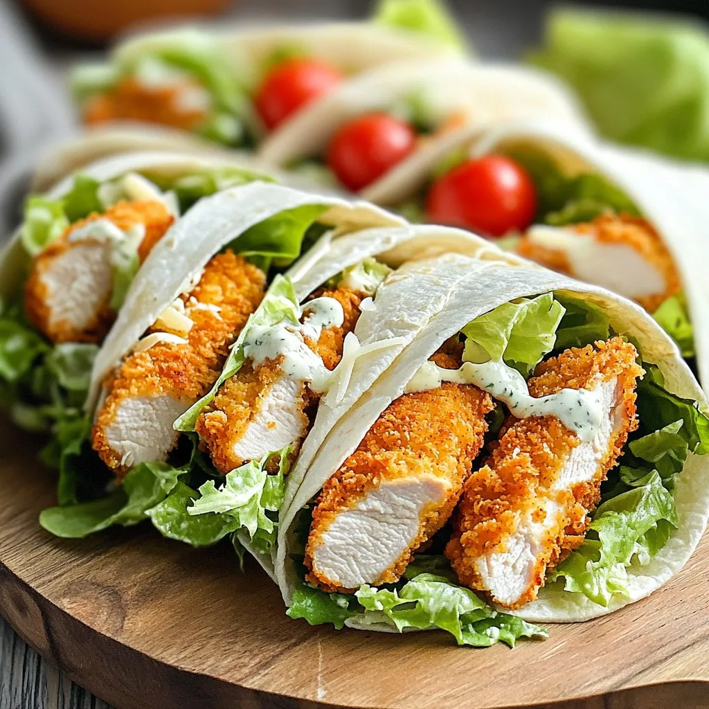 - 2 boneless, skinless chicken breasts - 1 cup breadcrumbs (preferably panko) - 4 large flour tortillas - 1 teaspoon garlic powder - 1 teaspoon onion powder - 1 teaspoon paprika - Olive oil, salt, and pepper - 1 cup romaine lettuce, chopped - 1/2 cup Caesar dressing (store-bought or homemade) - 1/4 cup grated Parmesan cheese - Optional: cherry tomatoes, halved for garnish These ingredients are key to making Air Fryer Crispy Chicken Caesar Wraps. The chicken breasts are the star, providing a juicy base. I suggest using panko breadcrumbs. They add a nice crunch that regular breadcrumbs can't match. The spices—garlic powder, onion powder, and paprika—bring out the flavor in the chicken. You can adjust the salt and pepper to fit your taste. Olive oil helps the breadcrumbs stick well, ensuring that your chicken gets crispy in the air fryer. For the garnish, romaine lettuce adds freshness and crunch. Caesar dressing gives that classic taste everyone loves. Grated Parmesan cheese adds a salty richness that elevates each bite. If you want, cherry tomatoes can add a pop of color and flavor. Gather these ingredients, and you're ready to create a delightful meal that everyone will enjoy! First, you need to preheat your air fryer to 400°F (200°C). This step is key for crispy chicken. While the air fryer heats, take your chicken breasts and pat them dry with paper towels. This helps the chicken get that nice crunch. Next, mix garlic powder, onion powder, paprika, salt, and pepper in a small bowl. Rub this seasoning all over the chicken breasts. This adds great flavor. Now, it's time to coat the chicken. Drizzle olive oil over each breast, making sure they get a nice shine. Next, you will cover the chicken in breadcrumbs. I like to use panko for a crispier bite. Press the breadcrumbs down gently to make sure they stick well. Place the chicken in the air fryer basket in a single layer. Cook for 12-15 minutes. Flip the chicken halfway through for even cooking. When done, the chicken should look golden brown and reach an internal temperature of 165°F (75°C). Let it rest for a few minutes before slicing. Grab your large flour tortillas and lay them out flat. Spread a tablespoon of Caesar dressing on each tortilla. This adds creaminess and flavor. Next, add the chopped romaine and your sliced chicken evenly across the wraps. Don't forget to sprinkle grated Parmesan cheese on top. If you like, you can add cherry tomatoes for a fresh touch. Drizzle a bit more Caesar dressing on top for extra taste. Now, it's time to wrap it up! Fold the sides of each tortilla in, then roll it tightly from the bottom. If needed, secure the wrap with toothpicks. Finally, cut each wrap diagonally and arrange them on a platter. Enjoy your delicious Air Fryer Crispy Chicken Caesar Wraps! To get that perfect crunch, start by patting the chicken dry. This step removes excess moisture. Less moisture means more crunch. Next, choose panko breadcrumbs over regular ones. Panko gives a lighter, crispier texture. This difference makes your chicken wraps much more enjoyable. When it comes to dressing, homemade Caesar dressing beats store-bought. Making your own allows you to control flavors. You can adjust it to your taste. Feel free to add optional spices. A pinch of cayenne pepper can add heat. Fresh herbs like parsley or basil can enhance the flavor profile too. To wrap your tortillas securely, lay all your fillings in the center. Fold in the sides first. Then roll from the bottom up tightly. This keeps everything inside. Cutting the wraps is simple. Use a sharp knife for clean cuts. Serve them with extra dressing on the side for dipping. This adds flavor and fun to your meal. {{image_2}} You can switch the chicken for shrimp, turkey, or tofu. Shrimp cooks fast in the air fryer. Season it just like the chicken. Turkey offers a leaner option and tastes great. Use the same method for coating it with breadcrumbs. For a vegetarian option, tofu is a winner. Press the tofu to remove extra moisture, then coat it. Each protein gives a unique flavor. If you need gluten-free options, choose gluten-free tortillas and breadcrumbs. Many brands offer tasty gluten-free breadcrumbs. This makes the wraps safe for those with gluten issues. For a vegan version, skip the chicken and cheese. Use plant-based dressings and add more veggies. Chickpeas or lentils can add protein and flavor. Want to change up the flavor? Try different dressings like ranch or blue cheese. You can also mix in herbs to enhance the taste. Adding cheese like feta or mozzarella gives a creamy touch. Incorporate veggies such as bell peppers or cucumbers for a crunch. These twists make the wraps fun and fresh! To keep your wraps fresh, store them in an airtight container. Wrap each one in plastic wrap to prevent them from getting soggy. Place the container in the fridge. These wraps stay tasty for up to three days. After that, the lettuce may wilt, and the chicken can lose its flavor. To reheat your wraps, I recommend using the air fryer. Preheat it to 350°F (175°C). Place the wraps in the basket and heat for about 5 minutes. This method keeps the wraps crispy. You can also use the microwave if you are in a hurry. Heat them for about 30 seconds. However, this may make them a bit soft. If you use the microwave, consider placing a paper towel on top. This helps absorb extra moisture. You can freeze the assembled wraps for later. Wrap each one tightly in plastic wrap, then put them in a freezer bag. This way, they stay fresh for about three months. When you are ready to eat, take them out of the freezer. Let them thaw in the fridge overnight. To reheat, use the air fryer for best results. Just preheat it to 350°F (175°C) and heat for about 8-10 minutes. This will help keep them crispy and delicious. To make a simple Caesar dressing, you need just a few ingredients. Here’s a quick list: - 1/2 cup mayonnaise - 2 tablespoons Dijon mustard - 2 tablespoons lemon juice - 1 teaspoon Worcestershire sauce - 1/4 cup grated Parmesan cheese - Salt and pepper to taste Mix all these in a bowl until smooth. You can adjust the taste by adding more lemon juice or Parmesan. This dressing is creamy and full of flavor. Yes, you can use frozen chicken breasts. Just remember to adjust cooking time. Here’s how to do it: - Preheat your air fryer to 400°F (200°C). - Place the frozen chicken in the air fryer basket. - Cook for 18-20 minutes, flipping halfway through. - Check the internal temperature; it should reach 165°F (75°C). Cooking from frozen can still lead to tasty chicken. Just ensure it cooks all the way through. You can serve many sides with chicken Caesar wraps. Here are some great options: - A fresh green salad with vinaigrette - Crunchy potato chips or tortilla chips - A light soup, like tomato or chicken noodle - Veggie sticks with ranch or hummus for dipping These sides complement the wraps well and add more flavor to your meal. To check if your chicken is done, use a meat thermometer. Here’s what to do: - Insert the thermometer into the thickest part of the chicken. - The temperature should read 165°F (75°C). If you don't have a thermometer, cut the chicken to check for any pink inside. Well-cooked chicken should be white and juicy. This blog post covered how to make tasty chicken wraps with an air fryer. We explored the main and additional ingredients, the step-by-step cooking process, and tips for crispiness. You can also try protein alternatives or tasty flavor twists. Remember to store leftovers properly for later use. Now, you can enjoy these easy wraps at home. They are fun to make and taste great!