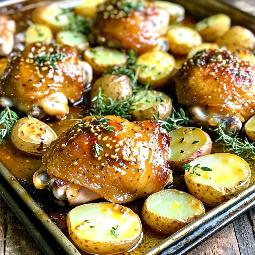 - 4 bone-in, skin-on chicken thighs - 1 lb baby potatoes, halved - 1/4 cup Dijon mustard - 1/4 cup honey - 2 tablespoons olive oil - 1 tablespoon apple cider vinegar - 4 cloves garlic, minced - 1 teaspoon dried rosemary - 1 teaspoon dried thyme - Salt and pepper to taste - Fresh parsley for garnish To make this dish, you need fresh and simple ingredients. Start with bone-in chicken thighs. The skin adds flavor and keeps the meat moist. Baby potatoes are perfect because they cook quickly and soak up the sauce well. For the sauce, you'll mix Dijon mustard with honey. This mix gives a sweet and tangy flavor that coats the chicken. Adding olive oil helps everything blend. Apple cider vinegar adds a nice zing. Don’t forget the garlic, rosemary, and thyme. These herbs make the dish smell amazing. Use salt and pepper to taste for extra flavor. Finally, fresh parsley is great for a pop of color. With these ingredients, you can create a meal that is tasty and easy to prepare. - Preheat the oven to 425°F (220°C). - In a medium bowl, mix Dijon mustard and honey. This is your marinating sauce. - Take the chicken thighs and place them in a large bowl. - Pour half of the honey mustard sauce over the chicken. - Use your hands to coat the chicken well. - Let it sit for about 10 minutes. This helps the flavors soak in. - Get your sheet pan ready. - Place the halved baby potatoes on the pan. - Drizzle with olive oil and sprinkle with salt and pepper. - Toss to coat the potatoes evenly. - Nestle the marinated chicken thighs among the potatoes, skin-side up. - Drizzle the remaining honey mustard sauce over the chicken. - Now you're ready to bake! - Always check the chicken's internal temperature. It should hit 165°F (75°C). - For skin that crunches, broil for a few minutes at the end. - You can serve straight from the sheet pan. This gives a casual feel. - If you want a fancier look, transfer the food to a nice platter. - Add fresh parsley for a pop of color. - Drizzle any leftover cooking juices over the dish for extra flavor. {{image_2}} You can change the chicken cuts for a different taste. Use chicken breasts or drumsticks instead of thighs. Both options will work well and still taste great. You can also switch up the veggies. Try using carrots or Brussels sprouts. These add different flavors and colors to your meal. Want to get creative with taste? You can try different mustards. Yellow mustard or spicy brown mustard can give new flavors. You can also add spices. A sprinkle of paprika adds warmth and a little kick. Mix and match to find your favorite combo! If you are gluten-free, don’t worry! You can still enjoy this dish. Just check that all sauces you use are gluten-free certified. Many brands offer gluten-free mustard and vinegar. This way, you can savor every bite without worry. To store your leftovers, let the dish cool down. Place the chicken and potatoes in an airtight container. Keep it in the fridge for up to three days. Make sure to cover the container well to avoid drying out the food. You can freeze this dish for longer storage. First, let it cool completely. Then, wrap the chicken and potatoes tightly in plastic wrap. Place them in a freezer-safe bag or container. It can stay frozen for up to three months. Label the bag with the date. This way, you can enjoy it later without confusion. To reheat, use the oven for best results. Preheat it to 350°F (175°C). Place the chicken and potatoes on a baking sheet. Cover with foil to keep moisture in. Heat for about 20 minutes or until warm. You can also use a microwave, but it may not keep the texture as well. If using a microwave, heat in short bursts, checking often. This dish takes about 50 minutes total. You need 10 minutes to prep and 40 minutes to cook. Preheating the oven to 425°F (220°C) is key. Once it's hot, bake the chicken and potatoes until done. The chicken should reach 165°F (75°C) inside to be safe to eat. Yes, you can use boneless chicken. It will cook faster than bone-in chicken. If you use boneless thighs or breasts, check for doneness at about 25 to 30 minutes. This helps avoid overcooking and keeps the meat juicy. Several sides go well with this dish. Consider a fresh green salad for crunch. Roasted vegetables add color and flavor. You might also enjoy steamed broccoli or green beans for a healthy touch. For something warm, garlic bread can be a nice addition. This recipe brings together simple ingredients for a delicious meal. We marinated chicken thighs in a honey mustard sauce and paired them with baby potatoes. Sheet pan cooking makes it easy and fun. Remember to check the internal temperature for safe cooking. Don’t forget to try different veggies and flavors. Store any leftovers properly for later enjoyment. With these tips, you can create a delightful dish that everyone will love. Enjoy your cooking journey!