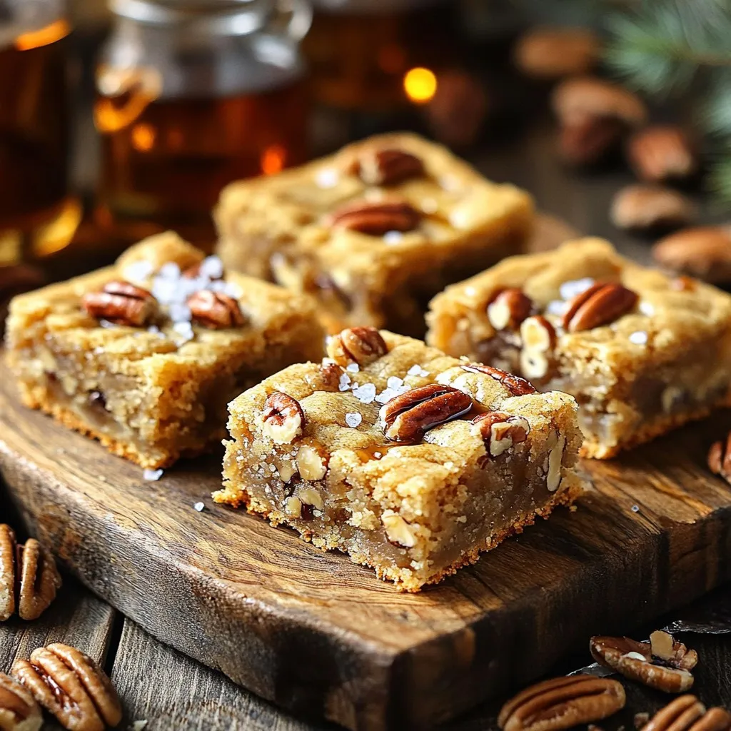 - 1 cup unsalted butter, softened - 1 cup brown sugar, packed - 1/2 cup granulated sugar - 1/2 cup pure maple syrup - 2 large eggs - 2 teaspoons vanilla extract - 3 cups all-purpose flour - 1 teaspoon baking soda - 1/2 teaspoon salt - 1 cup pecans, roughly chopped - 1/2 teaspoon flaky sea salt for topping These ingredients make a perfect cookie bar. You start with unsalted butter. This helps control the saltiness. You add brown sugar for a rich taste. Granulated sugar gives sweetness and a nice texture. Next, you pour in pure maple syrup. It adds a warm, sweet flavor. Two large eggs help the bars rise and bind everything together. Vanilla extract brings out the flavors, making them even more tasty. Now, the dry ingredients come into play. All-purpose flour gives structure. Baking soda helps the bars puff up. A touch of salt enhances the sweet flavors. Finally, pecans bring crunch and nuttiness. They add a nice bite to these delicious bars. Don't forget the flaky sea salt on top. It adds a delightful contrast to the sweet cookie bars. Each bite will have a sweet and salty balance. - Preheat to 350°F (175°C) - Line a 9x13 inch baking dish with parchment paper First, set your oven to 350°F. This heat is perfect for baking the cookie bars. Then, take a 9x13 inch baking dish and line it with parchment paper. Make sure the paper hangs over the edges. This makes it easy to lift the bars out later. - Mix softened butter, brown sugar, and granulated sugar until fluffy Next, you need to cream the butter and sugars. Take one cup of softened butter and place it in a large bowl. Add one cup of brown sugar and half a cup of granulated sugar. Mix these together until the mixture is fluffy. This should take about 3-4 minutes. The fluffiness gives the bars a nice texture. - Add maple syrup, eggs, and vanilla to the butter mixture Now, let's add the wet ingredients. Pour in half a cup of pure maple syrup. Then, crack in two large eggs. Finally, add two teaspoons of vanilla extract. Mix these well until everything is smooth. This step brings a lovely sweetness and flavor. - Whisk flour, baking soda, and salt in a separate bowl - Gradually combine with wet ingredients Next, we will mix the dry ingredients. In another bowl, whisk together three cups of all-purpose flour, one teaspoon of baking soda, and half a teaspoon of salt. Slowly add this dry mix to your wet mixture. Stir it until just combined. Be careful not to overmix; we want the bars to stay soft. - Fold in chopped pecans and press into the baking dish - Bake for 20-25 minutes Now, it’s time for the pecans. Fold in one cup of roughly chopped pecans. Once they are mixed in, press the dough into the baking dish evenly. Make sure the top is smooth. Bake these in the oven for 20-25 minutes. You will know they are done when the edges turn golden brown. - Sprinkle flaky sea salt on top and cool before slicing After baking, take the bars out of the oven. Immediately sprinkle half a teaspoon of flaky sea salt on top. This adds a nice contrast to the sweetness. Let the bars cool in the pan for about 15-20 minutes. Once cool, lift them out using the parchment paper. Place them on a wire rack to cool completely before slicing. Enjoy your delicious creation! To make the best salted maple pecan cookie bars, avoid overmixing the dough. When you mix the wet and dry ingredients, stop as soon as you see no flour. Overmixing can make the bars tough. You want them to be soft and chewy. To test your cookie bars for doneness, use a toothpick. Insert it into the center of the bars. If it comes out clean, they are done. Also, look for golden edges. This means the bars are baked perfectly. For a beautiful display, serve the bars on a wooden platter. Add a few whole pecans on top. A drizzle of extra maple syrup makes them look even more tempting. This adds extra flavor and charm to your treat. {{image_2}} You can swap pecans for other nuts. Walnuts add a nice, earthy taste. Almonds give a sweet crunch. You can even mix different nuts for a fun twist. Just chop them roughly and fold them into the dough. Each nut brings its own flavor, making your cookie bars unique. To make gluten-free salted maple pecan cookie bars, use a gluten-free flour blend. Look for one that has a balance of starches and protein. You can also add a bit of xanthan gum, which helps with texture. Just follow the same steps in the recipe. Your bars will still taste amazing! You can boost the flavor with chocolate chips or spices. Dark chocolate chips add a rich sweetness that pairs well with maple. For a warm taste, add a dash of cinnamon or nutmeg to the dough. These small changes can make a big difference in taste. Feel free to experiment and find your favorite mix! Store leftover cookie bars in an airtight container. This keeps them fresh and soft. Make sure they are completely cool before sealing them. If you stack the bars, place parchment paper in between to avoid sticking. To freeze the cookie bars, first cool them completely. Cut them into squares. Wrap each square tightly in plastic wrap. Place wrapped squares in a freezer-safe bag or container. Label with the date. To thaw, take out the squares and let them sit at room temperature for about 30 minutes. You can also pop them in the microwave for a quick warm-up. These cookie bars last about four days at room temperature. Store them in a cool, dry place. If you keep them in the fridge, they will stay fresh for up to a week. Always check for any signs of spoilage. Enjoy your treats while they are at their best! You can use salted butter, but it will change the taste. Salted butter adds more salt to the cookie bars. This can make them taste different. Unsalted butter lets you control the salt better. It keeps the sweet and nutty flavors of the bars balanced. If you choose salted butter, skip adding extra salt. If you need a substitute for maple syrup, try honey or agave syrup. Both work well in this recipe. They provide sweetness but have their own flavors. You can also use corn syrup, though it lacks the maple taste. If you want a different flavor, try brown sugar mixed with a little water. This can mimic the texture of maple syrup. Yes! To make these cookie bars dairy-free, you can use dairy-free butter. There are many brands available. Just make sure to check the label for any dairy content. You can also use coconut oil as a substitute. It adds a nice flavor and works well in baking. For eggs, try using flaxseed meal mixed with water as an egg replacer. You learned how to make tasty salted maple pecan cookie bars. We covered ingredients, step-by-step instructions, and useful tips. You explored variations and storage advice, too. I hope you feel ready to try this simple recipe. Enjoy sharing these treats with family and friends. They will love the sweet and salty flavor! Happy baking!