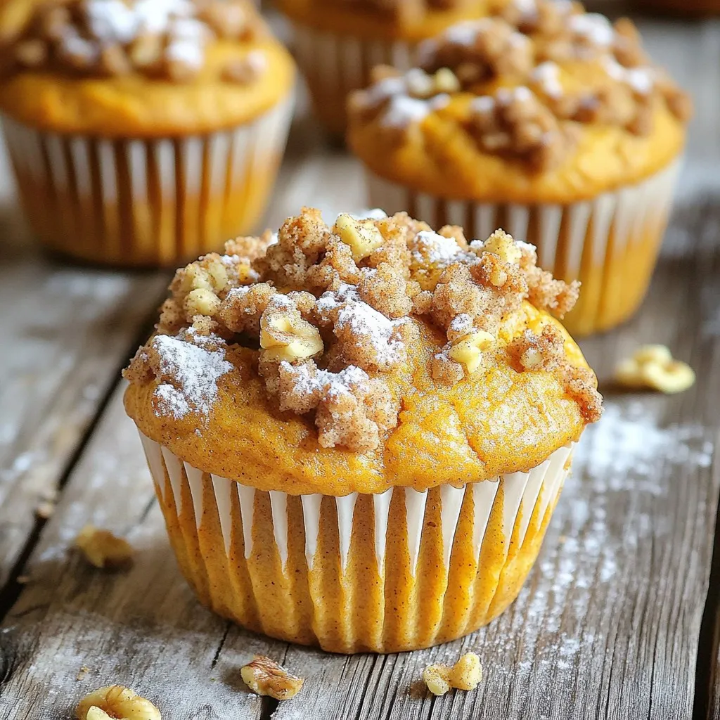 - 1 ½ cups all-purpose flour - 1 cup canned pumpkin puree - ¾ cup granulated sugar - ½ cup brown sugar - ½ cup vegetable oil - 2 large eggs - 1 teaspoon vanilla extract - 1 teaspoon baking powder - ½ teaspoon baking soda - 1 teaspoon ground cinnamon - ½ teaspoon ground nutmeg - ½ teaspoon ground ginger - ¼ teaspoon ground cloves - ½ teaspoon salt To make these muffins, you need a few key items. First, the flour gives the muffins structure. The canned pumpkin puree adds moisture and a rich flavor. You will use both granulated and brown sugars for sweetness. The vegetable oil helps keep the muffins moist. The eggs act as a binder. Don’t forget the spices! They make these muffins taste like fall. - ½ cup all-purpose flour - ⅓ cup brown sugar - ½ teaspoon ground cinnamon - ¼ cup unsalted butter, melted - ¼ cup chopped walnuts or pecans (optional) The streusel topping makes these muffins extra special. The flour and brown sugar mix with cinnamon for a sweet crunch. Melted butter binds it all together. If you like, add nuts for some crunch. Each muffin has about 200 calories. They contain 10 grams of fat, 28 grams of carbs, and 3 grams of protein. This makes them a tasty treat but still a bit light. Enjoy them as a breakfast item or a snack. Keep in mind the balance of flavors and textures, which makes every bite enjoyable. To start, gather your ingredients. In a large bowl, mix the dry ingredients first. Combine the flour, baking powder, baking soda, spices, and salt. Whisk them together well, and set aside. In another bowl, blend the granulated sugar, brown sugar, and vegetable oil. Mix until it’s smooth. Now, add the eggs and pumpkin puree. Mix these until well combined. Finally, fold the dry mix into the wet mix. Stir gently until just combined. Avoid overmixing; you want the muffins to be light. Now, let’s make the streusel topping. In a small bowl, combine the flour, brown sugar, and cinnamon. Pour in the melted butter, and mix until it looks crumbly. If you like, add chopped walnuts or pecans for a delightful crunch. This topping adds a wonderful texture to your muffins. Preheat your oven to 350°F (175°C). Line a muffin tin with paper liners or grease it lightly. Spoon the muffin batter into each cup, filling them about two-thirds full. Sprinkle the streusel topping generously over each muffin. Bake them for 20 to 25 minutes. Check for doneness by inserting a toothpick; it should come out clean. Once baked, let the muffins cool in the pan for 5 minutes. Then, transfer them to a wire rack. This cooling method helps keep them moist and tasty. Baking can be tricky. Many people make mistakes. Some common issues include overmixing the batter. Overmixing can lead to tough muffins. Always mix just until combined. Another mistake is improper measuring. Use a kitchen scale for accuracy. This helps you get the right amount of flour. Too much flour can make muffins dry. Keeping muffins moist is key. One secret is to use oil instead of butter. Oil keeps the muffins soft and tender. Another trick is to add pumpkin puree. The puree brings moisture and flavor. You can also try adding yogurt or sour cream. These ingredients keep the muffins fluffy and delicious. To boost flavor, add extra spices. Try using more cinnamon or nutmeg. You can also add vanilla extract for depth. If you want a twist, use almond or maple extract. Chopped nuts can add texture and crunch. Don’t forget to taste the batter. Adjust spices to match your preference. Enjoy experimenting with flavors! {{image_2}} You can make these muffins gluten-free. Use a 1:1 gluten-free flour blend instead of all-purpose flour. For those who need dairy-free options, swap the butter in the streusel for coconut oil. You can also use almond milk instead of regular milk. These changes keep the muffins tasty and safe for all diets. Want to change up the flavor? Try adding chocolate chips for a sweet twist. Dried cranberries or raisins work well, too. If you prefer nuts, feel free to mix in pecans or almonds. Each addition brings new tastes that make these muffins even more fun. You can add more fall flavors to these muffins. Think about mixing in chopped apples or pears for a fruity touch. A sprinkle of pumpkin seeds on top adds crunch and color. You can also decorate your muffins with a drizzle of caramel sauce. This makes them extra special for autumn gatherings. To keep your Pumpkin Spice Streusel Muffins fresh, store them at room temperature. Use an airtight container or a resealable bag. This helps prevent them from drying out. Place parchment paper between layers if stacking. They can stay fresh for up to three days. For longer storage, consider freezing. To freeze your muffins, follow these easy steps: 1. Allow the muffins to cool completely. 2. Wrap each muffin tightly in plastic wrap. 3. Place the wrapped muffins in a freezer-safe bag or container. 4. Label the bag with the date. 5. Store them in the freezer for up to three months. When you're ready to enjoy a muffin, simply remove it from the freezer. Let it thaw in the fridge overnight, or leave it at room temperature for a few hours. To reheat your muffins, use one of these methods: - Microwave: Place a muffin on a plate and heat for 15-20 seconds. This keeps them warm and moist. - Oven: Preheat your oven to 350°F (175°C). Wrap muffins in foil and heat for about 10 minutes. This method crisps the outside while keeping the inside soft. Enjoy your muffins warm for the best taste! Yes, you can use fresh pumpkin. Here are some tips for making fresh pumpkin puree: - Choose the Right Pumpkin: Use sugar pumpkins or pie pumpkins. They are sweeter and smoother. - Cooking Method: Cut the pumpkin in half, remove seeds, and roast it at 350°F for about an hour. - Pureeing: Scoop out the flesh and blend it until smooth. You need about 1 cup of this puree for the muffins. Fresh pumpkin adds a nice flavor and texture, making your muffins even more special. To make these muffins vegan, you can substitute eggs and dairy. Here are some ideas: - Egg Substitutes: Use 1/4 cup of unsweetened applesauce or 1/4 cup of mashed banana for each egg. - Dairy Alternatives: Replace vegetable oil with coconut oil or use almond milk in place of any dairy. These swaps allow everyone to enjoy these tasty muffins, keeping them fluffy and delicious. Pair these muffins with some great drinks and toppings. Here are a few ideas: - Drinks: Try serving them with hot coffee, spiced chai, or apple cider. - Toppings: Add a drizzle of icing, a dollop of whipped cream, or some pumpkin butter on top. These options enhance the warm, cozy flavors of the muffins and make your snack time even better! In this blog post, I covered everything you need to make delicious Pumpkin Spice Streusel Muffins. We explored the key ingredients, step-by-step instructions, and tips to avoid common mistakes. I shared how to keep your muffins fresh and offered fun variations. These muffins can shine at any fall gathering. Enjoy experimenting with flavors and storage ideas. Each step will lead you to a tasty treat. Trust the process, and happy baking!