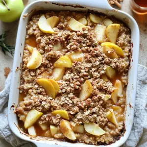 To make this tasty Apple Crisp Oatmeal Bake, you will need: - 2 cups rolled oats - 2 ripe apples, peeled, cored, and diced - 1/2 cup brown sugar - 1/2 cup unsweetened applesauce - 2 cups milk (dairy or non-dairy) - 1/4 cup maple syrup - 1 teaspoon vanilla extract - 1 tablespoon baking powder - 1 teaspoon cinnamon - 1/2 teaspoon nutmeg - 1/4 teaspoon salt - 1/2 cup chopped walnuts or pecans - 1/2 cup raisins or dried cranberries (optional) - Extra oatmeal or nut topping for garnish You can customize this bake. Here are some fun add-ins: - Use almond milk or oat milk for a non-dairy option. - Swap the apples for pears or berries for a new twist. - Add chia seeds or flaxseeds for added fiber. - Use honey or agave syrup instead of maple syrup. - Try different nuts, like almonds or hazelnuts, for variety. Keep your ingredients fresh for the best taste: - Store rolled oats in a cool, dry place in an airtight container. - Choose firm apples for better texture in your bake. - Check the expiration date on your baking powder for best results. - Use fresh spices for the strongest flavor; they lose potency over time. - If using nuts, chop them right before adding to keep them crunchy. First, set your oven to 350°F (175°C). This helps the oatmeal bake cook evenly. Next, take a 9x9-inch baking dish and grease it. You can use butter or non-stick spray. This step keeps the bake from sticking. In a large bowl, combine the rolled oats, baking powder, cinnamon, nutmeg, and salt. Stir them well until they mix nicely. These dry ingredients add great flavor and texture to your bake. In another bowl, whisk together the milk, unsweetened applesauce, maple syrup, and vanilla extract. Mix these until they blend smoothly. This mixture gives your bake moisture and sweetness. Now, pour your wet mixture into the bowl with the dry ingredients. Stir gently until just combined. Then, fold in the diced apples and chopped walnuts or pecans. If you like, add raisins or dried cranberries too. This step adds a nice crunch and fruity goodness. Pour the mixture into your prepared baking dish. Spread it evenly across the dish. For a crunchy topping, sprinkle some extra oats and nuts on top. Bake it in your preheated oven for 30-35 minutes. It’s done when the top is golden and set. Let it cool for 5-10 minutes before slicing. Enjoy! To get the best texture, use rolled oats. They give a hearty chew. Avoid instant oats; they turn mushy. For a richer flavor, add more cinnamon or nutmeg. You can also mix in a pinch of salt to enhance the sweetness. For a crunchy top, sprinkle extra oats and nuts before baking. This adds a nice contrast to the soft baked oatmeal below. Serve your Apple Crisp Oatmeal Bake warm for the best taste. Drizzle some maple syrup on top for extra sweetness. A dollop of yogurt makes it creamy and adds protein. You can also garnish with fresh apple slices or a sprinkle of cinnamon for a nice touch. Enjoy it as a breakfast treat or a healthy dessert! You can swap out brown sugar for coconut sugar for a lower glycemic index. Unsweetened applesauce can replace some of the sugar and adds moisture. Use almond milk or oat milk instead of regular milk to make it dairy-free. For added nutrition, throw in some chia seeds or flaxseeds. They boost fiber without changing the flavor. {{image_2}} You can use many fruits in Apple Crisp Oatmeal Bake. Try pears, peaches, or berries. Each fruit adds its own flavor and sweetness. For a twist, mix fruits together. Apples and blueberries create a fresh taste. Peaches and cinnamon add warmth and depth. Feel free to get creative with your fruit choices! To make this dish gluten-free, swap rolled oats for certified gluten-free oats. This change keeps the texture while ensuring safety for those with gluten issues. Check labels on all other ingredients, like baking powder, to keep them gluten-free. Enjoy the same great taste without worrying about gluten! You can enhance the flavor of your bake with spices and extracts. Add a pinch of ginger for warmth or cloves for a festive touch. You can also use almond extract instead of vanilla for a unique flavor. Adjust the spices to fit your taste. Small changes can make a big difference! Once your Apple Crisp Oatmeal Bake cools, store leftovers in an airtight container. This keeps it fresh. You can place it in the fridge for up to five days. If you want to enjoy it later, make sure it’s completely cooled before sealing it up. When it’s time to enjoy your leftovers, preheat your oven to 350°F (175°C). Place the oatmeal bake in an oven-safe dish. Cover it with foil to keep it moist. Heat for about 15-20 minutes, or until it’s warm throughout. You can also use a microwave for a quick option. Heat a single serving on high for about 30-60 seconds. To freeze, let the bake cool completely first. Cut it into squares and wrap each piece tightly in plastic wrap. Then, place them in a freezer-safe bag or container. It can last up to three months in the freezer. When you're ready to eat, thaw it in the fridge overnight and reheat as mentioned above. Enjoy a warm, delicious treat anytime! You can use quick oats, but the texture will change. Quick oats absorb more liquid. This can make your Apple Crisp Oatmeal Bake softer. Rolled oats give a chewier bite and help keep the bake together. If you prefer a firmer texture, stick with rolled oats. Your Apple Crisp Oatmeal Bake lasts about five days in the fridge. Store it in an airtight container to keep it fresh. Just reheat it in the microwave or oven when you want to eat. Yes, you can easily make this recipe vegan. Use non-dairy milk, like almond or soy milk. Replace the eggs with a flax egg or simply omit them. The applesauce already adds moisture. You can also swap honey or regular maple syrup for a vegan version. This bake is delicious on its own, but you can serve it with toppings. Add a drizzle of maple syrup for sweetness. A dollop of yogurt adds creaminess. Fresh fruit or extra nuts also make great toppings. Enjoy it warm for the best taste! In this post, we covered how to make a delicious Apple Crisp Oatmeal Bake. We looked at the best ingredients, helpful tips, and easy steps to follow. You learned about different fruit options and how to store leftovers. Remember, this dish is flexible. You can swap ingredients for healthier choices or adapt it to fit your needs. Enjoy experimenting with flavors and textures. Your kitchen is a place for creativity and fun!