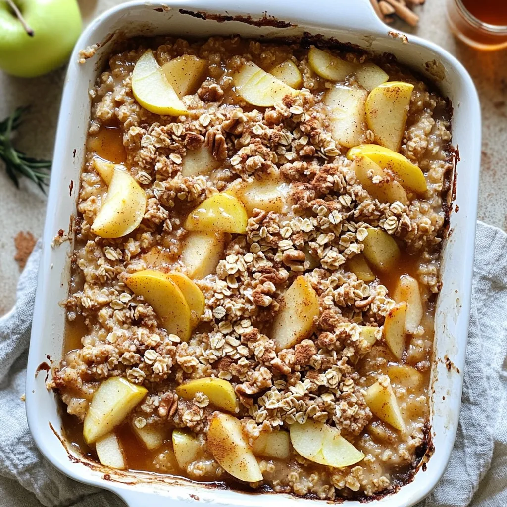 To make this tasty Apple Crisp Oatmeal Bake, you will need: - 2 cups rolled oats - 2 ripe apples, peeled, cored, and diced - 1/2 cup brown sugar - 1/2 cup unsweetened applesauce - 2 cups milk (dairy or non-dairy) - 1/4 cup maple syrup - 1 teaspoon vanilla extract - 1 tablespoon baking powder - 1 teaspoon cinnamon - 1/2 teaspoon nutmeg - 1/4 teaspoon salt - 1/2 cup chopped walnuts or pecans - 1/2 cup raisins or dried cranberries (optional) - Extra oatmeal or nut topping for garnish You can customize this bake. Here are some fun add-ins: - Use almond milk or oat milk for a non-dairy option. - Swap the apples for pears or berries for a new twist. - Add chia seeds or flaxseeds for added fiber. - Use honey or agave syrup instead of maple syrup. - Try different nuts, like almonds or hazelnuts, for variety. Keep your ingredients fresh for the best taste: - Store rolled oats in a cool, dry place in an airtight container. - Choose firm apples for better texture in your bake. - Check the expiration date on your baking powder for best results. - Use fresh spices for the strongest flavor; they lose potency over time. - If using nuts, chop them right before adding to keep them crunchy. First, set your oven to 350°F (175°C). This helps the oatmeal bake cook evenly. Next, take a 9x9-inch baking dish and grease it. You can use butter or non-stick spray. This step keeps the bake from sticking. In a large bowl, combine the rolled oats, baking powder, cinnamon, nutmeg, and salt. Stir them well until they mix nicely. These dry ingredients add great flavor and texture to your bake. In another bowl, whisk together the milk, unsweetened applesauce, maple syrup, and vanilla extract. Mix these until they blend smoothly. This mixture gives your bake moisture and sweetness. Now, pour your wet mixture into the bowl with the dry ingredients. Stir gently until just combined. Then, fold in the diced apples and chopped walnuts or pecans. If you like, add raisins or dried cranberries too. This step adds a nice crunch and fruity goodness. Pour the mixture into your prepared baking dish. Spread it evenly across the dish. For a crunchy topping, sprinkle some extra oats and nuts on top. Bake it in your preheated oven for 30-35 minutes. It’s done when the top is golden and set. Let it cool for 5-10 minutes before slicing. Enjoy! To get the best texture, use rolled oats. They give a hearty chew. Avoid instant oats; they turn mushy. For a richer flavor, add more cinnamon or nutmeg. You can also mix in a pinch of salt to enhance the sweetness. For a crunchy top, sprinkle extra oats and nuts before baking. This adds a nice contrast to the soft baked oatmeal below. Serve your Apple Crisp Oatmeal Bake warm for the best taste. Drizzle some maple syrup on top for extra sweetness. A dollop of yogurt makes it creamy and adds protein. You can also garnish with fresh apple slices or a sprinkle of cinnamon for a nice touch. Enjoy it as a breakfast treat or a healthy dessert! You can swap out brown sugar for coconut sugar for a lower glycemic index. Unsweetened applesauce can replace some of the sugar and adds moisture. Use almond milk or oat milk instead of regular milk to make it dairy-free. For added nutrition, throw in some chia seeds or flaxseeds. They boost fiber without changing the flavor. {{image_2}} You can use many fruits in Apple Crisp Oatmeal Bake. Try pears, peaches, or berries. Each fruit adds its own flavor and sweetness. For a twist, mix fruits together. Apples and blueberries create a fresh taste. Peaches and cinnamon add warmth and depth. Feel free to get creative with your fruit choices! To make this dish gluten-free, swap rolled oats for certified gluten-free oats. This change keeps the texture while ensuring safety for those with gluten issues. Check labels on all other ingredients, like baking powder, to keep them gluten-free. Enjoy the same great taste without worrying about gluten! You can enhance the flavor of your bake with spices and extracts. Add a pinch of ginger for warmth or cloves for a festive touch. You can also use almond extract instead of vanilla for a unique flavor. Adjust the spices to fit your taste. Small changes can make a big difference! Once your Apple Crisp Oatmeal Bake cools, store leftovers in an airtight container. This keeps it fresh. You can place it in the fridge for up to five days. If you want to enjoy it later, make sure it’s completely cooled before sealing it up. When it’s time to enjoy your leftovers, preheat your oven to 350°F (175°C). Place the oatmeal bake in an oven-safe dish. Cover it with foil to keep it moist. Heat for about 15-20 minutes, or until it’s warm throughout. You can also use a microwave for a quick option. Heat a single serving on high for about 30-60 seconds. To freeze, let the bake cool completely first. Cut it into squares and wrap each piece tightly in plastic wrap. Then, place them in a freezer-safe bag or container. It can last up to three months in the freezer. When you're ready to eat, thaw it in the fridge overnight and reheat as mentioned above. Enjoy a warm, delicious treat anytime! You can use quick oats, but the texture will change. Quick oats absorb more liquid. This can make your Apple Crisp Oatmeal Bake softer. Rolled oats give a chewier bite and help keep the bake together. If you prefer a firmer texture, stick with rolled oats. Your Apple Crisp Oatmeal Bake lasts about five days in the fridge. Store it in an airtight container to keep it fresh. Just reheat it in the microwave or oven when you want to eat. Yes, you can easily make this recipe vegan. Use non-dairy milk, like almond or soy milk. Replace the eggs with a flax egg or simply omit them. The applesauce already adds moisture. You can also swap honey or regular maple syrup for a vegan version. This bake is delicious on its own, but you can serve it with toppings. Add a drizzle of maple syrup for sweetness. A dollop of yogurt adds creaminess. Fresh fruit or extra nuts also make great toppings. Enjoy it warm for the best taste! In this post, we covered how to make a delicious Apple Crisp Oatmeal Bake. We looked at the best ingredients, helpful tips, and easy steps to follow. You learned about different fruit options and how to store leftovers. Remember, this dish is flexible. You can swap ingredients for healthier choices or adapt it to fit your needs. Enjoy experimenting with flavors and textures. Your kitchen is a place for creativity and fun!