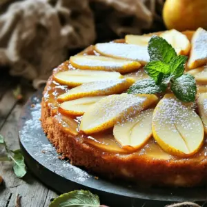 - 3 ripe pears, peeled, cored, and sliced - 1/2 cup unsalted butter, melted - 1/2 cup brown sugar - 1 teaspoon ground cinnamon - 1/2 teaspoon ground nutmeg - 1/2 teaspoon ground ginger - 1 cup all-purpose flour - 1 teaspoon baking powder - 1/2 teaspoon baking soda - 1/4 teaspoon salt - 1/2 cup granulated sugar - 1 large egg - 1 teaspoon vanilla extract - 1/2 cup milk Gathering your ingredients is simple. You want three ripe pears to start. Make sure they are soft enough for easy slicing. Next, use unsalted butter for a rich flavor. Brown sugar adds a deep sweetness. The spices like cinnamon, nutmeg, and ginger give the cake its warm, cozy taste. For the cake batter, all-purpose flour is key. Baking powder and baking soda help it rise. A pinch of salt enhances all the flavors. You will need granulated sugar for sweetness, an egg for binding, and vanilla extract for a nice aroma. Lastly, milk helps keep the cake moist. Having all these ingredients ready makes the process smooth. It also helps you enjoy baking this delightful cake! 1. Preheat your oven to 350°F (175°C). 2. Grease an 8-inch round cake pan and set it aside. 3. In a medium bowl, mix the melted butter and brown sugar. Blend them well. 4. Add the ground cinnamon, nutmeg, and ginger. This makes a wonderful spiced syrup. 5. Pour this syrup into the bottom of the prepared cake pan. 1. In a large bowl, combine the flour, baking powder, baking soda, and salt. 2. In another bowl, mix the granulated sugar and egg. Beat them until light and fluffy. 3. Add the vanilla extract and milk to the egg mixture. Stir until well mixed. 4. Gradually fold the dry ingredients into the wet mixture. Be careful not to overmix. 1. Arrange the sliced pears on top of the spiced syrup in the pan. 2. Pour the batter gently over the pears. Spread it evenly to cover all the fruit. 3. Bake in the preheated oven for 35-40 minutes. Check for doneness with a toothpick. 4. The cake is done when it’s golden brown and the toothpick comes out clean. 5. Once baked, let it cool for about 10 minutes. 6. Carefully invert the cake onto a serving plate while it’s still warm. 7. Allow the cake to cool slightly before slicing and serving. To make your spiced pear upside-down cake shine, consider these tips: - Dust the top with powdered sugar for a sweet touch. - Add fresh mint leaves to enhance the look. - Serve with a scoop of whipped cream or vanilla ice cream for a creamy contrast. Prevent your cake from sticking by: - Greasing the pan well with butter or cooking spray. - Lining the pan with parchment paper. To ensure even baking: - Rotate the cake halfway through baking. - Check for doneness with a toothpick inserted in the center. Adjust spice levels by: - Adding more cinnamon or nutmeg for a stronger flavor. - Reducing the spices if you prefer a milder taste. For extra flavor, try: - Adding a splash of orange juice or zest. - Mixing in a handful of chopped nuts for texture. {{image_2}} You can use many fruits in upside-down cakes. Pineapple, peaches, and apples work great. They add their unique flavors and sweetness. Seasonal fruits like figs or plums can also shine. You can match your cake to the seasons for freshness. Need a gluten-free cake? Use a gluten-free flour blend instead of all-purpose flour. Many blends work well for baking. If you want a vegan cake, replace the egg with flaxseed meal or applesauce. Use plant-based milk too. These options let everyone enjoy the cake. You can change the spices to suit your taste. Try cardamom or allspice for a new twist. You can also add nuts like walnuts or pecans for crunch. Want more sweetness? Toss in some chocolate chips. These small changes can make your cake special. To keep your spiced pear upside-down cake fresh, store it in the fridge. Wrap it tightly in plastic wrap or place it in an airtight container. This keeps the cake moist and tasty. It stays good for about 3 to 4 days in the fridge. If you notice any dry spots, a little syrup or whipped cream can help. You can reheat the cake in several ways. The best method is to use the oven. Preheat it to 350°F (175°C). Place the cake on a baking sheet and cover it with foil. Heat for about 10 to 15 minutes. You can also use the microwave. Just heat a slice for 20 to 30 seconds. Serve warm with a scoop of vanilla ice cream or a dollop of whipped cream for a treat. You can freeze the whole cake or individual slices. If freezing the whole cake, wrap it well in plastic wrap and foil. This helps prevent freezer burn. For slices, place them in a single layer in a container. You can stack them with parchment paper in between. To thaw, move the cake to the fridge overnight. If you're in a hurry, you can leave it at room temperature for a few hours. Enjoy the cake within 2 to 3 months for the best taste. Yes, you can use canned pears. They save time and are easy to find. However, fresh pears offer better flavor and texture. Canned pears may be softer, which can change the cake's structure. If you use canned pears, drain them well to avoid excess liquid. This will help your cake stay firm and not soggy. You can use white sugar or coconut sugar instead of brown sugar. White sugar will be less moist and lacks the rich flavor of brown sugar. Coconut sugar can add a hint of caramel flavor. If you want a healthier option, try maple syrup, but reduce the liquid in the recipe. Each substitute brings a unique taste, so choose based on what you have. To check if the cake is done, look for a golden brown color on top. Insert a toothpick into the center; it should come out clean. If the toothpick has batter on it, bake for a few more minutes. The edges may pull away slightly from the pan when ready. Always trust your senses for the best results! This blog covered a delicious upside-down pear cake recipe from start to finish. You learned about the ingredients, required tools, and step-by-step instructions. I shared tips for serving, baking, and flavoring your cake. Explore variations for different tastes and dietary needs. Remember, you can store leftovers with ease and even freeze them. I hope you feel inspired to try this simple yet tasty dessert. Enjoy creating your own version and share it with friends and family!