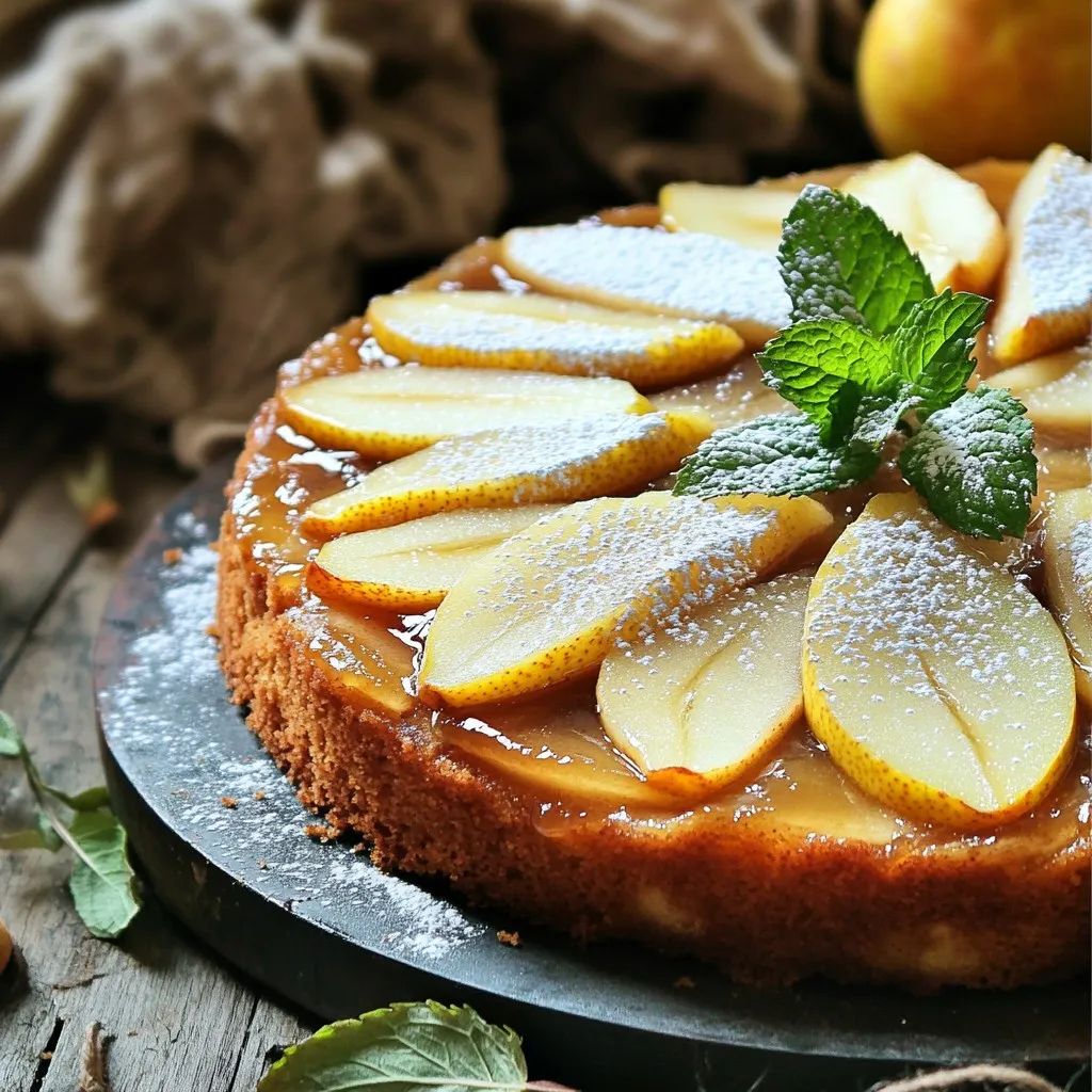 - 3 ripe pears, peeled, cored, and sliced - 1/2 cup unsalted butter, melted - 1/2 cup brown sugar - 1 teaspoon ground cinnamon - 1/2 teaspoon ground nutmeg - 1/2 teaspoon ground ginger - 1 cup all-purpose flour - 1 teaspoon baking powder - 1/2 teaspoon baking soda - 1/4 teaspoon salt - 1/2 cup granulated sugar - 1 large egg - 1 teaspoon vanilla extract - 1/2 cup milk Gathering your ingredients is simple. You want three ripe pears to start. Make sure they are soft enough for easy slicing. Next, use unsalted butter for a rich flavor. Brown sugar adds a deep sweetness. The spices like cinnamon, nutmeg, and ginger give the cake its warm, cozy taste. For the cake batter, all-purpose flour is key. Baking powder and baking soda help it rise. A pinch of salt enhances all the flavors. You will need granulated sugar for sweetness, an egg for binding, and vanilla extract for a nice aroma. Lastly, milk helps keep the cake moist. Having all these ingredients ready makes the process smooth. It also helps you enjoy baking this delightful cake! 1. Preheat your oven to 350°F (175°C). 2. Grease an 8-inch round cake pan and set it aside. 3. In a medium bowl, mix the melted butter and brown sugar. Blend them well. 4. Add the ground cinnamon, nutmeg, and ginger. This makes a wonderful spiced syrup. 5. Pour this syrup into the bottom of the prepared cake pan. 1. In a large bowl, combine the flour, baking powder, baking soda, and salt. 2. In another bowl, mix the granulated sugar and egg. Beat them until light and fluffy. 3. Add the vanilla extract and milk to the egg mixture. Stir until well mixed. 4. Gradually fold the dry ingredients into the wet mixture. Be careful not to overmix. 1. Arrange the sliced pears on top of the spiced syrup in the pan. 2. Pour the batter gently over the pears. Spread it evenly to cover all the fruit. 3. Bake in the preheated oven for 35-40 minutes. Check for doneness with a toothpick. 4. The cake is done when it’s golden brown and the toothpick comes out clean. 5. Once baked, let it cool for about 10 minutes. 6. Carefully invert the cake onto a serving plate while it’s still warm. 7. Allow the cake to cool slightly before slicing and serving. To make your spiced pear upside-down cake shine, consider these tips: - Dust the top with powdered sugar for a sweet touch. - Add fresh mint leaves to enhance the look. - Serve with a scoop of whipped cream or vanilla ice cream for a creamy contrast. Prevent your cake from sticking by: - Greasing the pan well with butter or cooking spray. - Lining the pan with parchment paper. To ensure even baking: - Rotate the cake halfway through baking. - Check for doneness with a toothpick inserted in the center. Adjust spice levels by: - Adding more cinnamon or nutmeg for a stronger flavor. - Reducing the spices if you prefer a milder taste. For extra flavor, try: - Adding a splash of orange juice or zest. - Mixing in a handful of chopped nuts for texture. {{image_2}} You can use many fruits in upside-down cakes. Pineapple, peaches, and apples work great. They add their unique flavors and sweetness. Seasonal fruits like figs or plums can also shine. You can match your cake to the seasons for freshness. Need a gluten-free cake? Use a gluten-free flour blend instead of all-purpose flour. Many blends work well for baking. If you want a vegan cake, replace the egg with flaxseed meal or applesauce. Use plant-based milk too. These options let everyone enjoy the cake. You can change the spices to suit your taste. Try cardamom or allspice for a new twist. You can also add nuts like walnuts or pecans for crunch. Want more sweetness? Toss in some chocolate chips. These small changes can make your cake special. To keep your spiced pear upside-down cake fresh, store it in the fridge. Wrap it tightly in plastic wrap or place it in an airtight container. This keeps the cake moist and tasty. It stays good for about 3 to 4 days in the fridge. If you notice any dry spots, a little syrup or whipped cream can help. You can reheat the cake in several ways. The best method is to use the oven. Preheat it to 350°F (175°C). Place the cake on a baking sheet and cover it with foil. Heat for about 10 to 15 minutes. You can also use the microwave. Just heat a slice for 20 to 30 seconds. Serve warm with a scoop of vanilla ice cream or a dollop of whipped cream for a treat. You can freeze the whole cake or individual slices. If freezing the whole cake, wrap it well in plastic wrap and foil. This helps prevent freezer burn. For slices, place them in a single layer in a container. You can stack them with parchment paper in between. To thaw, move the cake to the fridge overnight. If you're in a hurry, you can leave it at room temperature for a few hours. Enjoy the cake within 2 to 3 months for the best taste. Yes, you can use canned pears. They save time and are easy to find. However, fresh pears offer better flavor and texture. Canned pears may be softer, which can change the cake's structure. If you use canned pears, drain them well to avoid excess liquid. This will help your cake stay firm and not soggy. You can use white sugar or coconut sugar instead of brown sugar. White sugar will be less moist and lacks the rich flavor of brown sugar. Coconut sugar can add a hint of caramel flavor. If you want a healthier option, try maple syrup, but reduce the liquid in the recipe. Each substitute brings a unique taste, so choose based on what you have. To check if the cake is done, look for a golden brown color on top. Insert a toothpick into the center; it should come out clean. If the toothpick has batter on it, bake for a few more minutes. The edges may pull away slightly from the pan when ready. Always trust your senses for the best results! This blog covered a delicious upside-down pear cake recipe from start to finish. You learned about the ingredients, required tools, and step-by-step instructions. I shared tips for serving, baking, and flavoring your cake. Explore variations for different tastes and dietary needs. Remember, you can store leftovers with ease and even freeze them. I hope you feel inspired to try this simple yet tasty dessert. Enjoy creating your own version and share it with friends and family!