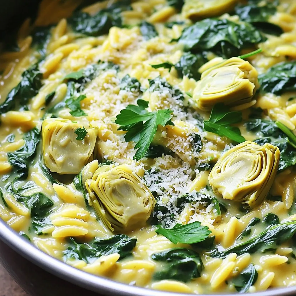 - 1 cup orzo pasta - 1 can (14 oz) artichoke hearts, drained and quartered - 2 cups fresh spinach, roughly chopped For this dish, I love using orzo pasta. It cooks quickly and absorbs flavors well. Artichoke hearts add a nice touch of earthiness. Fresh spinach not only boosts the color but also adds nutrients. - 1 cup vegetable broth - 1 cup heavy cream - 1 cup grated Parmesan cheese The heavy cream makes the dish rich and creamy. Vegetable broth enhances the taste without overpowering it. Grated Parmesan cheese brings a salty, nutty flavor that ties everything together. - 2 cloves garlic, minced - 1 small onion, diced - 2 tablespoons olive oil - 1 teaspoon dried oregano - Salt and pepper to taste Garlic and onion are the base of many great dishes. Their flavors blend well in this recipe. Olive oil adds richness while dried oregano introduces a hint of herbiness. Don’t forget to season with salt and pepper for balance! Start by heating olive oil in a large pot over medium heat. Add the diced onion and minced garlic. Sauté them until the onion turns soft and clear, about 3 to 4 minutes. This step builds a nice flavor base for the dish. Next, add the orzo pasta to the pot. Toast the orzo for 1 to 2 minutes while stirring. This makes the orzo slightly golden and enhances its flavor. Now, pour in the vegetable broth and heavy cream. Bring the mixture to a gentle simmer. Cover the pot and let it cook for about 10 to 12 minutes. Stir occasionally until the orzo is creamy and just tender. This is the key step that creates the dish's rich texture. Once the orzo has absorbed most of the liquid, it's time to add the artichoke hearts and chopped spinach. Stir them in and cook for another 2 to 3 minutes. This will wilt the spinach and heat the artichokes through. Reduce the heat to low. Mix in the grated Parmesan cheese and dried oregano. Stir everything until it's well combined and creamy. Don’t forget to season with salt and pepper to taste. The cheese adds a lovely richness that ties all the flavors together. Let it sit off the heat for a couple of minutes to thicken the sauce if needed. Serve hot, garnished with freshly chopped parsley for that extra touch. Enjoy your creamy one-pot spinach artichoke orzo! How to avoid overcooking orzo To keep your orzo from getting mushy, stir it often. When you add broth and cream, set a timer for ten minutes. Check the texture at that point. You want it al dente, which means it should have a slight bite. If it needs more time, stir and check every minute. Ensuring a creamy texture For that rich, creamy feel, add the Parmesan cheese at the end. Turn the heat low and stir well. This helps the cheese melt into the dish. If the orzo seems dry, add a splash of broth or cream. It should feel smooth and velvety. To make your dish pop, sprinkle fresh parsley on top. It adds color and a nice flavor. You can also try using fresh basil or a dash of red pepper flakes for some heat. A squeeze of lemon juice can brighten the whole dish too. These simple herbs and spices can make a big difference. - Large pot for cooking - Wooden spoon for stirring - Measuring cups for ingredients - Cutting board and knife for chopping - Ladle for serving Having the right tools makes cooking easier. A good pot helps with even cooking. A wooden spoon won't scratch your pot and is great for stirring. {{image_2}} You can make this dish your own by adding more veggies. Bell peppers bring color and crunch. Peas add a sweet touch. You can also use mushrooms for their earthy flavor. Just chop them up and toss them in when you add the artichokes and spinach. This will make your creamy one-pot spinach artichoke orzo even more tasty and fun. Want to add some protein? Chicken, shrimp, or tofu work great here. For chicken, use cooked, diced pieces and mix them in with the artichokes. If you prefer shrimp, toss in some raw shrimp when you add the broth and cream. They will cook quickly and soak up all the flavors. For a vegan option, add cubed tofu. It will soak up the creamy goodness too! If you are gluten-free, swap orzo for gluten-free pasta. There are many options that cook up just as nicely. For a vegan version, use coconut cream instead of heavy cream. You can also skip the cheese or use a vegan cheese. These simple swaps let everyone enjoy this creamy one-pot spinach artichoke orzo. To store leftovers in the fridge, let the creamy orzo cool down. Then, transfer it to an airtight container. This keeps it fresh for about 3 to 4 days. Make sure to label the container with the date. When you want to enjoy it again, just scoop out the portion you want. For freezing options, allow the orzo to cool completely. Place it in a freezer-safe container or bag. It can stay frozen for up to 3 months. When you’re ready to eat, thaw it overnight in the fridge. Reheat it on the stove over low heat, adding a splash of broth or cream to keep it creamy. Understanding how long it stays fresh is key. In the fridge, the creamy orzo lasts about 3 to 4 days. In the freezer, it can last up to 3 months. Always check for any signs of spoilage, like an off smell or mold. Yes, you can make this creamy orzo dish ahead of time. Prepare it as usual, then let it cool. Store it in an airtight container. Keep it in the fridge for up to three days. When you want to eat it, just reheat it. Add a splash of broth or cream to bring back the creaminess. This creamy orzo pairs well with many dishes. Try serving it with grilled chicken or salmon. A fresh salad or roasted vegetables also make great sides. You can even add some crusty bread to soak up the creamy sauce. These options create a full, balanced meal. To reheat leftover orzo, use a saucepan over low heat. Add a little broth or cream to keep it moist. Stir often and watch it closely. You can also use the microwave. Heat it in short bursts, stirring in between, until warm. This helps keep the texture nice and creamy. This creamy orzo dish is simple and tasty. We went over key ingredients like orzo, artichokes, and spinach, plus tips for getting the right texture. I shared step-by-step instructions, so you can easily make it at home. Remember, you can change the recipe by adding different veggies or proteins to fit your taste. This dish stores well, so you can enjoy it later. Making this creamy orzo is fun and rewarding. You’ll impress family and friends with your skills in the kitchen.