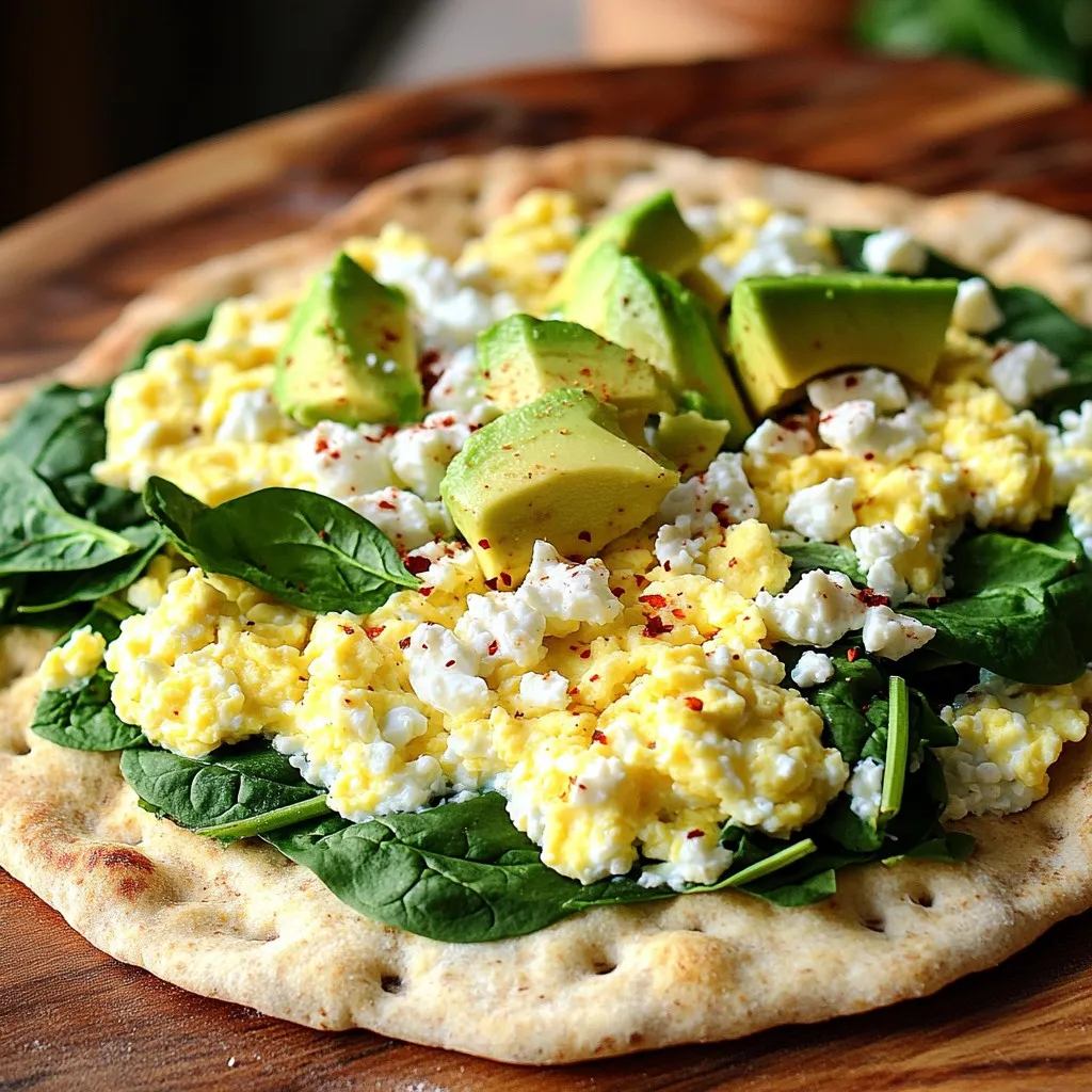 - 1 whole wheat flatbread - 2 scrambled eggs - 1/4 cup cottage cheese - 1/4 cup baby spinach, tightly packed - 2 tablespoons feta cheese, crumbled - 1 tablespoon olive oil - Salt and pepper to taste - 1/2 avocado, sliced - Red pepper flakes (optional, for heat) To make the Minute Breakfast Protein Flatbread, gather these simple ingredients. Each one plays a key role in the flavor and nutrition of the dish. The whole wheat flatbread serves as a sturdy base. It adds fiber and keeps the meal filling. Scrambled eggs provide protein, making this a great start to your day. Cottage cheese adds creaminess and extra protein, while baby spinach gives a boost of vitamins. Feta cheese brings a salty, tangy kick that brightens the flavor. Olive oil is essential for cooking the eggs and adds richness. You can adjust salt and pepper according to your taste. Don’t forget the avocado! It adds healthy fats and creaminess. If you like heat, sprinkle on some red pepper flakes. This will give your breakfast an exciting twist. With these ingredients in hand, you are ready to create a tasty and nutritious meal! First, take two eggs and crack them into a bowl. Add a pinch of salt and pepper. Use a whisk to mix the eggs until they look smooth. This helps the eggs cook evenly. Next, heat a non-stick skillet on medium heat. Add a little olive oil to the pan. Once the oil is hot, pour in the eggs. Stir gently with a spatula while they cook. You want them to be soft and fluffy. Cook for about 2-3 minutes. When they look just set, take them off the heat. Now, grab a whole wheat flatbread and lay it on a clean surface. Spread 1/4 cup of cottage cheese over the flatbread. This creates a creamy base that adds great taste. Next, take your tightly packed spinach and layer it on top of the cottage cheese. It adds nice color and nutrients. Then, add the scrambled eggs on top of the spinach. Sprinkle 2 tablespoons of crumbled feta cheese over the eggs for a salty kick. It’s time to add some creaminess! Slice half an avocado and place the pieces on top of everything. If you like some heat, add red pepper flakes on top. To finish, place the flatbread back in the skillet. Heat it for 1-2 minutes. This warms everything through and crisps the edges. You can also use a broiler to toast the top for a minute. Once it’s warm and crispy, take it out. Slice the flatbread into wedges, and enjoy your tasty meal! To make the best scrambled eggs, control the heat. Keep it medium. If the skillet is too hot, the eggs can burn. Stir gently while cooking. This helps them cook evenly and stay soft. Watch the time, too. Cook them for about 2-3 minutes. If they look dry or crumbly, you overcooked them. Remove them from the heat just before they are fully set. They will finish cooking on the flatbread. You can add many toppings to make your flatbread special. Try diced tomatoes or sautéed mushrooms for extra flavor. Want some spice? Add jalapeños or hot sauce. If you like herbs, sprinkle fresh basil or cilantro on top. You can also adjust the salt and pepper to fit your taste. Experiment with different cheeses like goat cheese or mozzarella. This makes your flatbread unique every time. Pair your flatbread with fruits for a balanced breakfast. Sliced strawberries or a banana work well. You can also serve it with a smoothie for extra nutrients. If you have guests, cut the flatbread into small wedges. Serve it on a platter for a fun brunch. Everyone can enjoy a tasty bite while chatting. {{image_2}} You can easily make this flatbread vegetarian. Start by substituting the eggs with tofu. Tofu has a similar texture. It absorbs flavors well, making it a great choice. You can scramble it just like eggs. Add a pinch of salt and pepper for taste. For cheese, consider plant-based alternatives. There are many options on the market now. Look for brands that use cashews or almonds. These cheeses melt well and taste great. They add a creamy texture, just like feta. If you need a gluten-free option, use gluten-free flatbread. Many stores sell this now. Check labels to find high-protein choices. You can also make a flatbread at home with gluten-free flour. Another option is to use high-protein bases. Try using chickpea flour mixed with water. This creates a batter you can cook like a pancake. It holds toppings well and tastes delicious. For a low-carb flatbread, consider reducing carbs in your recipe. You can swap the flatbread for lettuce wraps. Romaine or butter lettuce works best. They are crunchy and hold toppings well. Using zucchini slices is another fun option. Cut zucchini into thick slices, grill them, and stack your ingredients. This gives you a tasty and healthy base that is low in carbs. To store your leftover flatbread, wrap it tightly in plastic wrap or foil. This keeps it fresh and avoids drying out. Place the wrapped flatbread in the fridge. It should stay good for up to three days. When you are ready to eat, reheat it in a skillet over low heat. This method warms it nicely while keeping it crisp. You can also use a microwave, but this may make the flatbread a bit chewy. If you want to freeze your flatbread, start by wrapping each component separately. Wrap the flatbread in plastic wrap, and place it in a freezer bag. For the eggs and veggies, freeze them in an airtight container. This stops freezer burn and keeps flavors strong. When you want to use the frozen flatbread, take it out and let it thaw in the fridge overnight. Reheat it in a skillet or oven for the best taste and texture. The Minute Breakfast Protein Flatbread is a healthy choice. It offers a good balance of protein, carbs, and healthy fats. Here’s a breakdown of its key ingredients: - Whole wheat flatbread: Provides fiber and energy. - Scrambled eggs: Packed with protein and vitamins. - Cottage cheese: A great source of protein and calcium. - Baby spinach: Low in calories and high in nutrients. - Feta cheese: Adds flavor and calcium. - Avocado: Supplies healthy fats and fiber. - Olive oil: Contains healthy monounsaturated fats. This flatbread is nutritious and helps keep you full longer. Yes, you can meal prep this recipe easily. Here are some tips for prepping ingredients in advance: - Prep the eggs: Scramble them and store in the fridge. - Chop the spinach: Wash and chop it ahead of time. - Slice the avocado: Do this right before eating to keep it fresh. - Store separately: Keep all ingredients in airtight containers. By preparing these items ahead, you can whip up your flatbread in no time. If you're busy and need quick breakfast ideas, here are some alternatives: - Overnight oats: Mix oats with yogurt and fruit the night before. - Smoothies: Blend fruits, veggies, and protein for a fast meal. - Greek yogurt bowl: Top yogurt with nuts and berries for a quick treat. - Nut butter toast: Spread almond or peanut butter on whole grain bread. These options are simple and can be made in just a few minutes. This blog post covered a tasty Minute Breakfast Protein Flatbread. We explored key ingredients and step-by-step instructions for a hearty meal. You learned tips for perfect scrambled eggs and how to customize the flatbread with your favorite toppings. Variations like vegetarian and gluten-free options provide flexibility. Plus, storage info ensures your leftovers stay fresh. This flatbread is great for busy mornings and can easily fit your lifestyle. Try it out and enjoy a delicious breakfast!