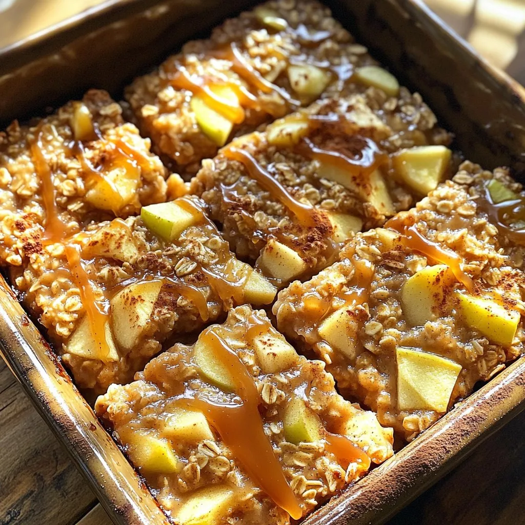 To make this tasty caramel apple oatmeal bake, gather these ingredients: - 2 cups old-fashioned oats - 2 cups unsweetened almond milk (or regular milk) - 2 medium apples, peeled and diced (preferably Granny Smith) - 1/2 cup brown sugar - 1/4 cup maple syrup - 1 teaspoon vanilla extract - 1 teaspoon ground cinnamon - 1/2 teaspoon nutmeg - 1/4 teaspoon salt - 1/2 cup chopped walnuts (optional) - 1/2 cup caramel sauce (store-bought or homemade, for drizzling) - 1/4 cup raisins (optional) You can make this bake your own with a few fun options. Consider adding: - 1/2 cup chopped pecans for a nutty crunch - 1/2 cup dried cranberries for a tart twist - A scoop of protein powder for extra nutrition - A dash of ginger for a spicy kick Choosing the right apples makes a big difference. Here are some tips: - Look for firmness: Choose apples that feel firm and heavy for their size. - Pick the right type: Granny Smith apples work best for their tartness. - Check for blemishes: Avoid apples with soft spots or bruises. - Smell the apples: A sweet, fruity smell indicates freshness. This way, your caramel apple oatmeal bake will shine with flavor! First, I preheat the oven to 350°F (175°C). This helps the bake cook evenly. Next, I grease a 9x9-inch baking dish. You can use butter or oil for greasing. This step stops the bake from sticking. It makes serving easier and cleaner. In a large bowl, I mix the oats, almond milk, and diced apples. I prefer Granny Smith apples for their tartness. Then, I add brown sugar, maple syrup, and vanilla extract. Next, I sprinkle in ground cinnamon, nutmeg, and salt. Mixing well is key to blending all the flavors together. If I want texture, I fold in walnuts and raisins. These add crunch and sweetness. Once the mixture is ready, I pour it into the greased dish. I spread it evenly for even baking. Then, I place the dish in the oven. I bake it for 30 to 35 minutes. I check for a lightly golden top and a set center. After baking, I let it cool for about 5 minutes. Finally, I drizzle caramel sauce on top before serving. This adds a sweet finish to the dish. To bake this dish perfectly, preheat your oven to 350°F (175°C). This step helps the bake rise evenly. Use a 9x9-inch baking dish and grease it well. This will keep the oatmeal from sticking. Mix the ingredients until they are fully combined. This ensures every bite is tasty. You can switch things up for new flavors. Try using different apples like Honeycrisp or Fuji for a sweeter bite. You can also add spices like ginger or cloves for warmth. If you prefer a nutty flavor, add pecans instead of walnuts. For a tropical twist, try adding shredded coconut. Cut the bake into squares and serve it warm. Drizzle extra caramel sauce on top for sweetness. A sprinkle of cinnamon adds a nice touch. For a fun garnish, add apple slices or a dollop of whipped cream. This will make your dish look more inviting and festive. {{image_2}} To make your Caramel Apple Oatmeal Bake gluten-free, simply choose certified gluten-free oats. Regular oats may have traces of gluten from processing. Most brands offer gluten-free options, and they taste just as good. This small swap lets everyone enjoy this tasty dish. For a dairy-free version, use unsweetened almond milk or any plant-based milk. This change keeps the recipe creamy without dairy. You can also skip the caramel drizzle or use a dairy-free caramel sauce. It’s easy to find these in stores or make your own at home. You can boost the flavor and texture with a few simple additions. Consider adding chopped walnuts for crunch. Raisins add sweetness and chewiness. You could also stir in some dried cranberries or mix in a handful of chocolate chips. Each option adds a fun twist to this bake. To keep your caramel apple oatmeal bake fresh, let it cool first. Then, cut it into squares. Place the squares in an airtight container. Store it in the fridge for up to 5 days. This method keeps the flavors intact and the texture nice. When you want to enjoy your leftovers, take out a square. Place it on a microwave-safe plate. Heat it for 30 seconds to 1 minute. Check if it’s warm enough. You can also reheat it in the oven at 350°F for about 10 minutes. This way, the top stays crisp. If you want to save some for later, freezing works well. Wrap each square in plastic wrap. Then, place them in a freezer bag. They can be frozen for up to 3 months. When you’re ready to eat, thaw it in the fridge overnight before reheating. This keeps your oatmeal bake tasty and ready for a quick breakfast! Yes, you can make this recipe ahead of time. Mix all the ingredients and store the bowl in the fridge. Cover it well to keep it fresh. You can bake it the next day. Just remember to let it sit at room temperature for a bit before baking. If you don't have maple syrup, try honey or agave syrup. You can also use brown sugar mixed with a little water. These options keep the sweet taste you need for the bake. To make this recipe vegan, use almond milk instead of regular milk. Replace maple syrup with agave syrup or another plant-based sweetener. Make sure to leave out any dairy toppings, like whipped cream. I recommend using old-fashioned oats for the best texture. Quick oats can make the bake mushy. If you only have quick oats, you can still use them. Just know the final dish will be different. Serve this dish warm for the best taste. Cut it into squares and drizzle with caramel sauce. You can add a sprinkle of cinnamon on top. For extra flair, garnish with apple slices or whipped cream. You learned about the key ingredients and how to customize your dish. We covered the step-by-step baking process to make it easy. Tips and tricks helped ensure perfect results every time. I shared variations for different diets and ways to store leftovers. Lastly, I answered common questions to help you further. Enjoy this tasty recipe, and don’t hesitate to experiment. Your kitchen can create delicious flavors with these ideas. Happy baking!