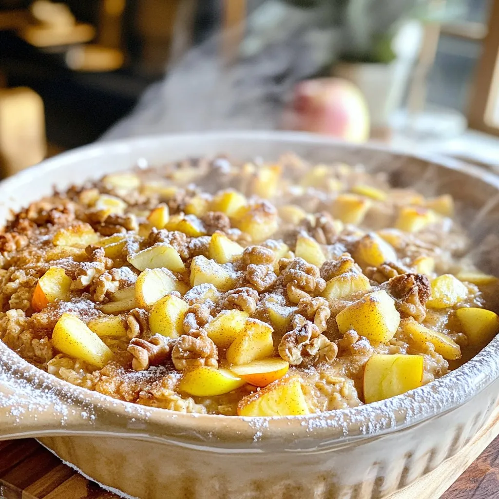 - 2 cups rolled oats - 1 ½ cups apple cider - 1 teaspoon baking powder - 1 teaspoon ground cinnamon - ½ teaspoon nutmeg - ¼ teaspoon salt - 2 tablespoons maple syrup - 1 large egg - 1 cup diced apples (preferably Granny Smith or Honeycrisp) - ½ cup chopped walnuts (optional) - 2 tablespoons melted coconut oil (or unsalted butter) - ¼ cup brown sugar (for sprinkling) In this recipe, rolled oats form the base. They give a hearty texture that makes this dish filling. I love using apple cider because it adds a sweet and tangy flavor. Baking powder gives the oatmeal a light rise. Ground cinnamon and nutmeg add warmth and spice, making it cozy. Salt balances the sweetness and enhances all the flavors. Maple syrup gives a natural sweetness. I use one large egg to bind the mixture. Diced apples bring in freshness and moisture, while walnuts add a nice crunch. You can choose to skip walnuts if you prefer a nut-free option. I like to use melted coconut oil for a hint of tropical flavor, but unsalted butter works well too. Finally, brown sugar on top creates a delightful, sweet crust. These ingredients come together to create a comforting baked oatmeal that tastes like a warm apple cider donut. - Preheating the Oven Start by preheating your oven to 350°F (175°C). This step ensures your baked oatmeal cooks evenly and turns golden brown. - Mixing Dry Ingredients In a large bowl, combine 2 cups of rolled oats, 1 teaspoon of baking powder, 1 teaspoon of ground cinnamon, ½ teaspoon of nutmeg, and ¼ teaspoon of salt. Stir these dry ingredients well. This mix creates a warm base for your oatmeal. - Combining Wet Ingredients In another bowl, whisk together 1½ cups of apple cider, 2 tablespoons of maple syrup, 1 large egg, and 2 tablespoons of melted coconut oil (or unsalted butter). Mix until fully combined. This blend adds moisture and sweetness. - Mixing Dry and Wet Ingredients Pour the wet ingredients into the bowl with the dry mix. Stir gently until just combined. You want to keep it fluffy. - Adding Apples and Walnuts Fold in 1 cup of diced apples and ½ cup of chopped walnuts (if using). Ensure they are evenly spread throughout the mix. The apples add freshness, while walnuts provide a nice crunch. - Transferring to Baking Dish Transfer your mixture into a greased 9x9-inch baking dish. Spread it out evenly for uniform baking. - Topping with Brown Sugar Sprinkle ¼ cup of brown sugar over the top of the oatmeal mixture. This creates a sweet, crunchy topping. - Baking Time and Testing for Doneness Bake in your preheated oven for 25-30 minutes. Check for doneness by inserting a toothpick. It should come out clean. Once done, let it cool slightly before cutting into squares. Enjoy the delightful flavors! - Choosing the Right Apples Using the right apples makes a big difference. I love Granny Smith or Honeycrisp. They give a nice tartness that balances the sweetness of the dish. Their texture holds up well when baked, too. - Adjusting Sweetness with Maple Syrup You can change the sweetness to your taste. If you prefer it sweeter, add a bit more maple syrup. Start with the 2 tablespoons from the recipe. Taste it before baking to find your perfect level. - Ensuring a Moist Oatmeal To keep your oatmeal moist, use enough apple cider. The liquid helps prevent a dry texture. Bake just until golden; this keeps it fluffy. - Oats Soaking Tips Soaking rolled oats in apple cider for 10-15 minutes can help soften them. This trick enhances the texture and flavor. It makes for a creamier bite. - Serving Ideas and Pairings Serve warm for the best taste. A drizzle of extra apple cider adds flavor. You can also sprinkle with powdered sugar for some sweetness. - Presentation Tips Make it pretty! Add diced apples or a dollop of yogurt on top. This adds color and creaminess. Use a nice plate for that gourmet touch. {{image_2}} You can easily make this baked oatmeal fit your needs. Here are some simple swaps: - Dairy-Free Options: Use almond milk or oat milk instead of regular milk. This keeps it creamy without dairy. - Nut-Free Options: Skip the walnuts. You can use seeds like pumpkin or sunflower seeds for a nice crunch. Want to change up the taste? Here are a couple of fun ideas: - Adding Spices like Ginger or Cloves: Mix in a little ginger or cloves for a warm kick. These spices add depth to your dish. - Introducing Dried Fruits: Toss in some raisins or cranberries for a sweet burst. They pair well with the apple cider. You can also serve this dish in different ways: - Overnight Oats Version: Prepare the oats the night before. Let them soak in the fridge for a soft texture in the morning. - Muffin Tin Baked Oatmeal: Pour the mixture into a muffin tin. Bake for bite-sized treats that are easy to grab and go. These variations keep your Apple Cider Donut Baked Oatmeal exciting and fun! Refrigeration Tips After baking, let the Apple Cider Donut Baked Oatmeal cool. Cut it into squares and store them in an airtight container. It stays fresh in the fridge for up to five days. If you want to keep it longer, consider freezing. Freezing Baked Oatmeal To freeze, wrap each square in plastic wrap. Then place them in a freezer bag. This way, you can enjoy them later. They last for about three months in the freezer without losing flavor. Best Methods for Reheating For the best results, reheat the oatmeal in the oven. Preheat your oven to 350°F (175°C). Place the oatmeal squares on a baking sheet. Heat them for about 10 to 15 minutes. This method keeps them warm and slightly crispy on the edges. Keeping Oatmeal Moist If using a microwave, place a square on a plate. Add a small splash of water on top. Cover it with a damp paper towel. Heat for 30 seconds to one minute. This helps keep the oatmeal moist and enjoyable. The texture is soft and chewy. You get a nice, hearty feel from the oats. The apples add a bit of moisture. When you take a bite, it feels warm and comforting. The top has a slight crisp from the brown sugar. Overall, it’s a delightful mix of textures. Yes, you can make it vegan! Substitute the egg with a flax egg. To make a flax egg, mix one tablespoon of flaxseed meal with two and a half tablespoons of water. Let it sit for five minutes to thicken. You can also use maple syrup or coconut oil instead of any non-vegan ingredients. You can store Apple Cider Donut Baked Oatmeal in the fridge for about four days. Just make sure it is in an airtight container. When you are ready to eat, you can reheat it in the microwave. It tastes great warm, just like fresh from the oven! I recommend using rolled oats for the best texture. Quick oats can make the dish mushy. If you only have quick oats on hand, you can still use them. Just reduce the baking time slightly to avoid overcooking. Granny Smith and Honeycrisp apples are excellent choices. Granny Smith gives a nice tartness. Honeycrisp is sweet and crisp, adding great flavor. You can mix both for a perfect balance of sweet and tart. Make sure to dice them small for even cooking. This blog post covered the delicious Apple Cider Donut Baked Oatmeal. We went through the key ingredients, preparation steps, and baking process. You also learned tips for flavor and texture, along with fun variations and storage info. Incorporating these ideas can elevate your oatmeal game. Don’t hesitate to experiment with flavors and sharing methods. Enjoy the journey of baking and the tasty results!