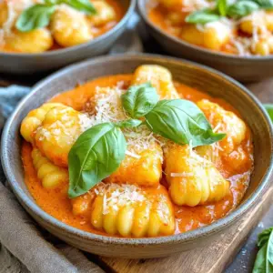 - 1 lb potato gnocchi - 2 large red bell peppers - 1 cup heavy cream - 1/2 cup grated Parmesan cheese - 2 tablespoons olive oil - 2 cloves garlic, minced - 1 teaspoon smoked paprika - Salt and pepper to taste - Fresh basil leaves When making creamy roasted red pepper gnocchi, the quality of your ingredients matters. I love using fresh, vibrant red bell peppers. They bring a sweet and smoky flavor to the dish. Potato gnocchi is my go-to choice because it gives a soft and pillowy texture. You can use store-bought or make your own. Either way, it will taste great! Heavy cream adds a rich and velvety touch. The Parmesan cheese adds depth and a salty kick. You can adjust the amount based on your taste. For seasonings, olive oil and minced garlic create a fragrant base. Smoked paprika adds warmth and a slight smokiness. Don't forget salt and pepper for balancing the flavors! Finally, fresh basil leaves are perfect for garnish. They add color and a fresh taste to the dish. I always recommend adding them right before serving for the best flavor. With these ingredients, you can create a delicious, creamy roasted red pepper gnocchi that will impress everyone at your table! - First, preheat your oven to 400°F (200°C). This step helps the peppers roast evenly. - Next, cut the red bell peppers in half. Remove the stems and seeds. - Place the peppers cut-side down on a baking sheet lined with parchment paper. - Roast the peppers in the oven for about 25-30 minutes. Wait until the skins are blistered and charred. - Once they are done, remove them from the oven and let them cool slightly. Peel off the skins when they are warm. - In a blender or food processor, combine the roasted peppers, heavy cream, smoked paprika, salt, and pepper. - Blend until smooth and creamy. This will be the base of your sauce. - In a large skillet, heat olive oil over medium heat. - Add minced garlic to the skillet and sauté for about 1 minute. It should smell great! - Pour the roasted red pepper cream sauce into the skillet. Bring it to a simmer. - Cook for 5-7 minutes, stirring occasionally. This will let the flavors meld together. - While the sauce simmers, cook the gnocchi according to the package instructions. - Drain the gnocchi when it’s done. - Add the gnocchi to the skillet with the sauce. Toss gently to coat them well. - Stir in the grated Parmesan cheese. Mix until it melts and blends into the sauce. - Taste the dish and adjust the seasoning with salt and pepper if needed. Now you have a creamy, flavorful dish ready to enjoy! To get the best texture for your gnocchi, use a gentle touch. When boiling, only cook until they float. This means they are ready. Avoid overcooking them, or they will become mushy. For roasting bell peppers, set your oven to 400°F (200°C). Cut the peppers in half and remove the seeds. Place them cut-side down on a baking sheet. Roast until the skins are blistered and charred. This should take about 25-30 minutes. After roasting, let them cool. The skins will peel off easily. To give your dish a little kick, try adding a pinch of red pepper flakes. They will bring warmth without overpowering the creamy flavor. You could also use a dash of Italian seasoning for extra herb notes. For cheese, Parmesan is classic, but feel free to mix it up. Try using goat cheese or feta for a tangy twist. These cheeses can add a unique flavor that complements the sauce. When serving, use shallow bowls to showcase the gnocchi. Garnish with fresh basil leaves for a pop of color and flavor. A light sprinkle of extra Parmesan on top makes it even more appealing. Pair this dish with a simple side salad for freshness. A crisp green salad will balance the creamy sauce. You may also enjoy it with a glass of white wine. A Chardonnay or Pinot Grigio works well here. {{image_2}} You can change up the veggies for a tasty twist. Consider adding spinach or mushrooms. Both give texture and flavor. If you want to go dairy-free, use plant-based cream and cheese. Almond or coconut cream works well. To spice things up, add chili flakes to the sauce. It gives a nice kick. You can also try fresh herbs like basil or parsley. These add freshness and depth to the flavor. If you can't find gnocchi, use small pasta like shells or bowties. They soak up the sauce nicely. You can also try zucchini noodles or polenta for a gluten-free option. This keeps it light and fun. To store leftover creamy gnocchi, place it in an airtight container. Glass or plastic containers work well. Make sure the lid seals tightly to keep air out. This helps maintain the flavor and texture of the dish. For long-term storage, you can freeze the gnocchi. First, let it cool to room temperature. Then, transfer it to a freezer-safe container or a resealable bag. Remove as much air as possible before sealing. For best texture, freeze gnocchi without sauce. To reheat, thaw it in the fridge overnight. Then, warm it in a skillet over low heat with a splash of cream. In the fridge, creamy roasted red pepper gnocchi stays fresh for about 3-4 days. Look for signs of spoilage, such as an off smell or changes in color. If the sauce looks separated or curdled, it's best to throw it away. Always trust your senses when it comes to food safety. Gnocchi is made from potato, flour, and egg. This mix creates a soft, pillowy pasta. The potatoes give it a smooth texture. Flour helps it hold shape when cooking. Eggs add richness and bind the dough. You can find both store-bought and homemade gnocchi. Yes, you can use homemade gnocchi! Fresh gnocchi adds a personal touch. Just cook it as you normally would. Follow the same steps as with store-bought gnocchi. Homemade gnocchi may take a bit less time to cook, so watch it closely. To spice up this dish, add red pepper flakes. You can also use a spicy paprika. Another option is to mix in diced jalapeños. Start with a little and taste as you go. This way, you can control the heat level to your liking. Yes, this recipe is great for meal prep! You can make the sauce ahead of time. Store it in the fridge for up to four days. Just cook the gnocchi fresh when you're ready to eat. This keeps the texture nice and soft. You can use half-and-half or whole milk instead of heavy cream. This will make the dish lighter. You can also try coconut milk for a dairy-free option. Just remember, lighter creams may change the sauce's thickness and richness. In this article, we explored how to make creamy gnocchi with roasted red peppers. You learned about the key ingredients, seasonings, and easy cooking steps. We shared cooking tips and fun variations, plus how to store leftovers. This dish is flexible and perfect for any skill level. With a little creativity, you can personalize it to fit your taste. Enjoy making it your own and savor the flavors!