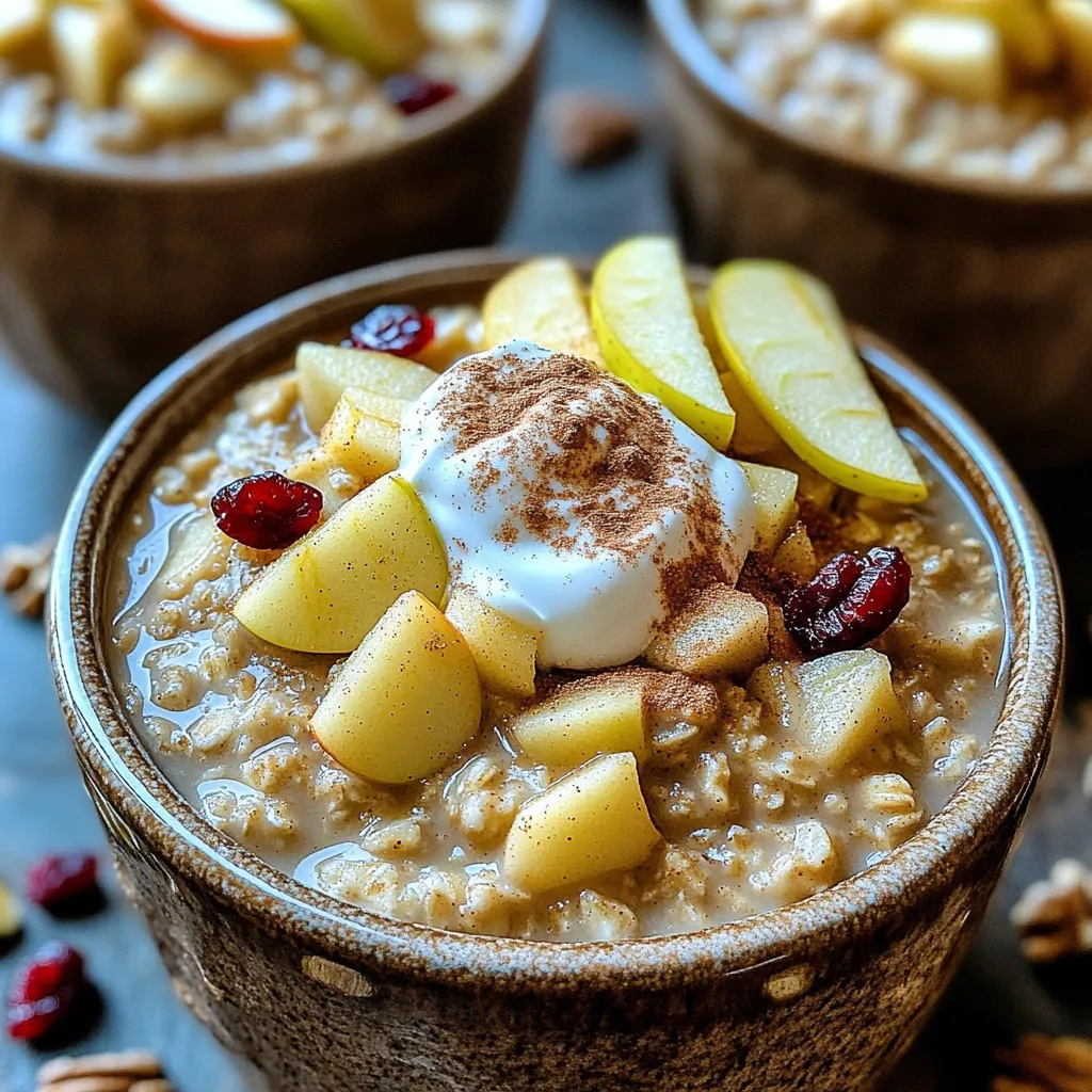 - 1 cup steel cut oats - 4 cups water or unsweetened almond milk - 2 medium apples, peeled and diced (preferably Granny Smith or Honeycrisp) - 1 teaspoon ground cinnamon - 1/2 teaspoon nutmeg - 1/4 cup maple syrup or honey (adjust to taste) - 1 teaspoon vanilla extract - A pinch of salt - Chopped nuts (walnuts or pecans) - Dried cranberries - Greek yogurt When I make my Slow Cooker Apple Cinnamon Steel Cut Oats, I love using these ingredients. The steel cut oats give a hearty texture. They absorb flavors well and remain chewy. I prefer using Granny Smith or Honeycrisp apples. Their tartness balances the sweet oats perfectly. Cinnamon and nutmeg add a warm spice. They make the kitchen smell amazing while cooking. For sweetness, I often choose maple syrup. Honey is a great choice too. It adds a unique flavor. A drop of vanilla extract enhances the taste. A pinch of salt brings all the flavors together. Optional toppings elevate the dish. Chopped nuts add crunch and protein. Dried cranberries add a hint of tartness. Greek yogurt adds creaminess and protein too. These toppings let you customize your bowl. Feel free to mix and match according to your taste! First, gather your fresh apples. I love using Granny Smith or Honeycrisp apples. They add great flavor. Dice the apples into small pieces. This helps them cook evenly. Next, measure one cup of steel cut oats. For the liquid, you can use four cups of water or unsweetened almond milk. This liquid makes the oats creamy and delicious. Now, it's time to combine everything in your slow cooker. Add the oats, diced apples, and your chosen liquid. Then sprinkle in one teaspoon of ground cinnamon, half a teaspoon of nutmeg, and a pinch of salt. For sweetness, add a quarter cup of maple syrup or honey. Stir well until all the ingredients mix together. Cover the slow cooker and set it to low heat. Cook for six to eight hours. The oats will become tender and creamy during this time. When the cooking time is up, stir the oats gently. This mixes in the softened apples. If you want a sweeter taste, add more maple syrup or honey. If the oats seem too thick, splash in some almond milk to adjust the consistency. Serve warm in bowls. You can top them with chopped nuts, dried cranberries, or a dollop of Greek yogurt for creaminess. Enjoy your cozy bowl of apple cinnamon steel cut oats! Choose the right apples for the best taste. I recommend using Granny Smith or Honeycrisp apples. They add a nice tartness that pairs well with cinnamon. You can adjust sweetness based on your preference. Start with 1/4 cup of maple syrup or honey, then taste. Add more if you want it sweeter. Each slow cooker is different. If yours cooks hot, check the oats after 5 hours. For softer oats, you might let them cook longer. For chewier oats, start checking at 6 hours. Adjust the time based on your texture preference. There are many fun ways to serve these oats. You can top them with chopped nuts for a crunch. Dried cranberries add a burst of flavor. A dollop of Greek yogurt makes it creamy and rich. Don't forget to pair with seasonal fruits like berries or bananas for added freshness. {{image_2}} You can add many fun things to your oats. Dried fruits like raisins or cranberries boost flavor and sweetness. Try adding a handful of these fruits about halfway through cooking. For extra creaminess, stir in nut butters like almond or peanut butter. Just a scoop makes your oats rich and satisfying. If you want a dairy-free version, use plant-based milk. Almond milk works well, but you can pick any non-dairy milk you like. For sweeteners, maple syrup or agave nectar are great choices. Both are tasty and fit well in vegan diets. Want to mix up the flavor? Add spices like cardamom or ginger for a warm kick. A little cocoa powder can turn your oats into a chocolate delight. Just a tablespoon can make a big difference. Experiment with these flavors to find your favorite. To keep your apple cinnamon steel cut oats fresh, store them in the fridge. Use an airtight container to avoid drying out. These oats stay good for up to five days. After that, they may lose flavor and texture. When you reheat your oats, use a microwave or stovetop. For the microwave, heat in short bursts. Stir in between to warm evenly. If using the stovetop, add a splash of water or almond milk while heating. This helps keep the oats creamy. You can freeze your oatmeal for later. Let it cool completely before packing. Use freezer-safe containers or bags. When you’re ready to eat, thaw overnight in the fridge. Reheat on the stove, adding a bit of liquid for the best taste. No, you should not swap them. Steel cut oats are whole oat groats that are cut into pieces. They have a chewy texture and take longer to cook. Regular oats, like rolled oats, cook faster and are softer. This recipe needs the hearty texture of steel cut oats for the best taste and feel. To make this dish gluten-free, use certified gluten-free steel cut oats. Some brands process oats in facilities with gluten grains, so check labels carefully. Gluten-free oats offer the same great taste and texture. They will work perfectly in this recipe. Yes, you can prep the night before. 1. Combine steel cut oats, water or almond milk, and spices in a bowl. 2. Let the mixture soak overnight in the fridge. This helps soften the oats. 3. In the morning, pour the mixture into your slow cooker. This makes morning cooking easier and ensures tasty oats ready when you wake up. In this post, I shared how to make a delicious slow cooker oatmeal with steel cut oats, apples, and warm spices. You learned about essential ingredients, cooking steps, and ways to customize your dish. I also discussed storage tips to keep your oats fresh and tasty. Remember, cooking is about creativity. Feel free to play with different flavors and toppings. Enjoy exploring this nutritious breakfast option!