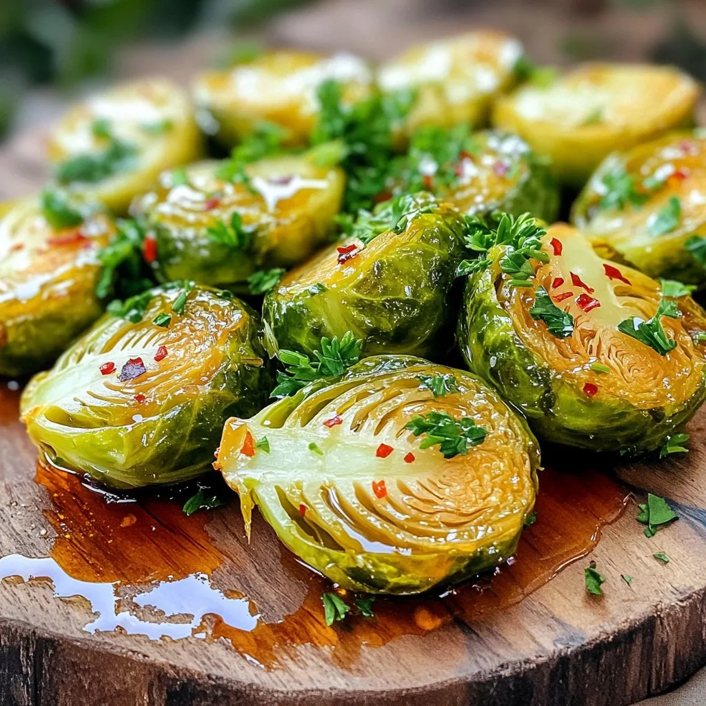 Here’s what you need to make Hot Honey Brussels Sprouts: - 1 lb Brussels sprouts, halved - 3 tablespoons olive oil - 1 teaspoon salt - 1/2 teaspoon black pepper - 1 teaspoon garlic powder - 1/2 teaspoon smoked paprika - 1/4 cup honey - 1 tablespoon red pepper flakes - 2 tablespoons apple cider vinegar - Fresh parsley for garnish These simple ingredients create a sweet and spicy dish. The Brussels sprouts give you a nice texture. The olive oil helps them crisp up in the oven. Salt and pepper add basic flavors. Garlic powder and smoked paprika bring in a warm taste. Honey adds sweetness, while red pepper flakes kick up the heat. Apple cider vinegar balances the honey with a tang. Finally, fresh parsley gives a pop of color. You can adjust the spice level by using less red pepper. Add more honey if you want it sweeter. Gather these ingredients, and you are ready to make a great dish! To start, gather your Brussels sprouts. Take 1 lb of Brussels sprouts and slice them in half. In a large mixing bowl, add the halved sprouts. Then, pour in 3 tablespoons of olive oil. Add 1 teaspoon of salt, 1/2 teaspoon of black pepper, 1 teaspoon of garlic powder, and 1/2 teaspoon of smoked paprika. Toss all the ingredients together. Make sure every sprout gets a good coat of the mix. This step is key for flavor. Next, take a baking sheet and line it with parchment paper. Spread your seasoned Brussels sprouts in a single layer on the sheet. Make sure they have space between them. Preheat your oven to 400°F (200°C). Once it is hot, place the baking sheet in the oven. Roast the sprouts for 25-30 minutes. Stir them halfway through to ensure they roast evenly. They should come out crispy and golden brown. While the sprouts roast, it’s time for the hot honey drizzle. In a small saucepan, combine 1/4 cup of honey, 1 tablespoon of red pepper flakes, and 2 tablespoons of apple cider vinegar. Heat this mixture on low. Stir it for 2-3 minutes. You want it to heat through and mix well. Once the Brussels sprouts are done, take them out of the oven. Drizzle the hot honey mixture over the hot sprouts. Toss them gently to coat. To make crispy Brussels sprouts, you need to coat them well. Use olive oil, salt, black pepper, garlic powder, and smoked paprika. Toss them until they are evenly covered. This coat helps them roast nicely without drying out. Spread the Brussels sprouts in a single layer on the baking sheet. Stir them halfway through roasting. This ensures they crisp up all over. You can control the spice in your dish. For less heat, use less red pepper flakes. Start with a small amount and taste. If you want more heat, you can add more later. Remember, balancing heat with sweetness is key. The honey adds sweetness, which calms the spice. Adjusting these two flavors will help you find the right mix for your taste. Fresh parsley adds a lovely touch. It looks great and adds a pop of flavor. Just chop a bit and sprinkle it on top before serving. You can pair these Brussels sprouts with various dishes. They go well with roasted chicken or grilled fish. They also make a great side for a hearty grain salad. {{image_2}} You can make this dish more colorful by adding other veggies. Try carrots, cauliflower, or sweet potatoes. These veggies add new tastes and textures. - Carrots: Cut them into thin sticks. They cook in about 20-25 minutes. - Cauliflower: Break it into small florets. It takes around 25-30 minutes to roast. - Sweet Potatoes: Dice them into small cubes. They need about 30-35 minutes to become tender. Mix these veggies with Brussels sprouts and follow the same cooking steps. You’ll enjoy a tasty mix. If you want to change the sweetness, use agave or maple syrup. Both will keep the dish sweet but add a different flavor. - Agave: It is lighter and has a milder taste. You can use it in equal amounts as honey. - Maple Syrup: This one has a rich flavor. It works great but can be slightly stronger. Use these sweeteners to make your dish unique. If you follow a vegan diet, you can still enjoy this recipe. Just swap out the honey for agave or maple syrup. - Honey Substitute: Use the same amount of agave or maple syrup. - Butter: If you want a buttery taste, use vegan butter instead of olive oil. These small changes keep the flavor while making it vegan-friendly. Enjoy the same crispy and sweet goodness! To store leftover Hot Honey Brussels Sprouts, place them in an airtight container. This keeps them fresh and prevents odors. You can store them in the fridge for up to three days. If you want to keep them longer, freezing is a better option. When reheating, use the oven for the best results. Preheat your oven to 350°F (175°C). Spread the sprouts on a baking sheet and heat for about 10-15 minutes. This keeps them crispy and warm. If you use a microwave, they may become soft and lose crunch. To freeze Brussels sprouts, let them cool completely first. Place them in a freezer-safe bag or container. They can last up to three months in the freezer. When you want to use them, thaw in the fridge overnight. Reheat in the oven for the best texture. Yes, you can prepare Brussels sprouts ahead of time. Cut and season them a few hours before cooking. Keep them in the fridge until you are ready to roast. This saves time and helps the flavors blend. Just remember to toss them in olive oil and spices before roasting. To cut Brussels sprouts, start by trimming the stem end. Then, slice each sprout in half. If some sprouts are large, cut them into quarters. This helps them cook evenly and crisp up nicely. Uniform pieces ensure a great texture. To prevent soggy Brussels sprouts, ensure they are dry before cooking. Excess moisture can lead to steam, making them soft. Toss them in olive oil and spices in a bowl. Spread them in a single layer on the baking sheet. This helps with even roasting and crispiness. Yes, you can make the hot honey drizzle ahead of time. Heat honey, red pepper flakes, and apple cider vinegar in a pan. Let it cool, then store it in a jar. When ready, just warm it up before drizzling over the Brussels sprouts. This makes serving easy and fast. In this guide, we explored the art of making Hot Honey Brussels Sprouts. We covered the ingredients, step-by-step roasting instructions, and tips for crispiness. You learned how to make a tasty hot honey drizzle and explored variations, from adding veggies to vegan options. Remember, adjusting spice levels can make a big difference. With proper storage tips, you can enjoy this dish for days. Now, take these skills to create your own delicious meal. Happy cooking!