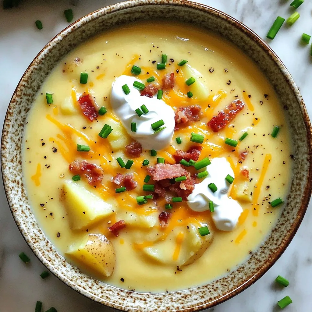 To make Slow Cooker Loaded Potato Soup, gather these ingredients: - 6 medium-sized russet potatoes, peeled and diced - 1 medium onion, chopped - 3 cloves garlic, minced - 4 cups vegetable broth - 1 cup heavy cream (or coconut milk for a dairy-free option) - 1 cup shredded cheddar cheese (plus extra for topping) - 1 cup cooked and crumbled turkey bacon or plant-based bacon - 1/2 cup sour cream (or Greek yogurt for a lighter option) - Salt and pepper to taste - 1 tablespoon fresh chives, chopped (for garnish) You can easily adjust this soup to fit many diets. For a vegan option, swap heavy cream with coconut milk and use plant-based bacon. Instead of sour cream, try Greek yogurt for a lighter choice. You can also skip the cheese for a dairy-free version. Just make sure the vegetable broth is vegan too. When picking potatoes, go for russets. They have a good balance of starch and moisture, which makes your soup creamy. Look for firm potatoes without any dark spots or wrinkles. Fresh potatoes will give your soup the best flavor and texture. If russets are not available, Yukon Golds can work well too, adding a buttery taste. Start by gathering all your ingredients. You will need: - 6 medium-sized russet potatoes, peeled and diced - 1 medium onion, chopped - 3 cloves garlic, minced - 4 cups vegetable broth - 1 cup heavy cream (or coconut milk for a dairy-free option) - 1 cup shredded cheddar cheese (plus extra for topping) - 1 cup cooked and crumbled turkey bacon or plant-based bacon - 1/2 cup sour cream (or Greek yogurt for a lighter option) - Salt and pepper to taste - 1 tablespoon fresh chives, chopped (for garnish) Once you have everything, peel and chop the potatoes. Chop the onion and mince the garlic. This step adds a lot of flavor to your soup. In your slow cooker, add the diced potatoes, chopped onion, minced garlic, and vegetable broth. Stir everything well to mix. Season with salt and pepper to taste. Cover the slow cooker. Cook on low for 7-8 hours or high for 4-5 hours. The goal is to make the potatoes tender. After the cooking time, take a potato masher and mash some of the potatoes. This step thickens the soup while keeping some chunks for texture. Next, stir in the heavy cream and shredded cheddar cheese. Mix until well combined. Let it heat for another 15-20 minutes. This helps melt the cheese and makes the soup creamy. Before serving, swirl in the sour cream. This adds richness and flavor to the soup. Now, ladle the soup into bowls. Top with crumbled bacon, extra cheddar cheese, and a sprinkle of fresh chives for a fresh finish. Enjoy your comforting bowl of loaded potato soup! To make your soup extra creamy, add more heavy cream or coconut milk. You can also blend some of the soup. Just scoop out a cup and use a blender. This adds a silky texture. If you prefer a lighter option, use Greek yogurt. It gives a nice tang and creaminess. Seasonings can really boost the taste of your soup. Try adding garlic powder, onion powder, or smoked paprika. These spices add depth and warmth. Fresh herbs like thyme or rosemary also work great. They bring a fresh taste that brightens the soup. Don’t forget to taste as you go! Slow cookers can vary in heat. If yours cooks fast, check the soup at 6 hours on low. If it’s slower, it may need 8 hours. Always check for tender potatoes. If they are soft, your soup is ready. You can also adjust the cooking time if you like your potatoes chunkier or smoother. {{image_2}} You can make this soup even heartier by adding proteins. Try cooked chicken, ham, or sausage. These meats add great flavor and texture. If you want a healthier choice, use turkey bacon. It gives a nice crunch. You can also use plant-based bacon for a tasty vegan option. Simply stir it in during the last few minutes of cooking. If you want a vegetarian or vegan soup, it’s easy to switch things up. Start by using vegetable broth instead of chicken broth. You can replace heavy cream with coconut milk for a creamy base. For the bacon, use plant-based bacon or skip it completely. You can add extra vegetables like carrots or corn for more flavors. They add color and nutrition to the soup. Herbs and spices can take your soup to the next level. Adding fresh chives gives a lovely onion flavor. You can also mix in thyme or rosemary for a warm, earthy taste. If you like a kick, sprinkle in some red pepper flakes. For a zesty twist, add a squeeze of lemon juice just before serving. These small changes can really boost the soup’s flavor profile. To keep your loaded potato soup fresh, store it in an airtight container. Allow it to cool before sealing. This helps prevent moisture buildup. You can keep it in the fridge for up to four days. If you want to save it longer, freezing is a great option. If you freeze the soup, use freezer-safe containers. Leave some space at the top for expansion. It can stay frozen for up to three months. When you are ready to eat, thaw it in the fridge overnight. Reheat it on the stove or in the microwave. Stir well and add a splash of cream for extra richness. Most of the ingredients last a good while. Russet potatoes can last several weeks in a cool, dark place. Heavy cream usually stays fresh for about a week after opening. Cooked bacon can last in the fridge for about four days. Always check for signs of spoilage before using any ingredient. Yes, you can use other types of potatoes. If you want a creamier soup, choose Yukon Gold potatoes. They are smooth and buttery. Red potatoes are great too, but they keep their shape better. If you prefer a firmer soup, try fingerling potatoes. Just remember to peel them if you want a smooth texture. Absolutely! This recipe is easy to make gluten-free. The base uses vegetable broth, which is typically gluten-free. Just check the label to be sure. Also, make sure to use gluten-free bacon if you choose to add bacon. The cheese and cream are gluten-free too. This soup can be enjoyed by everyone. If you want a thicker soup, mashing the potatoes works well. You can mash more potatoes than the recipe says. If you want an even creamier soup, add more heavy cream. Another option is to mix cornstarch with water to create a slurry. Stir it in while the soup cooks until it thickens. This post shared the best ways to make a tasty soup. We reviewed key ingredients, helpful tips, and easy steps to follow. Remember, you can swap ingredients based on your diet. Adjust cooking times for your slow cooker as needed. Experiment with flavors and proteins to find what you love. Finally, store your leftovers properly for freshness. Enjoy crafting this delicious soup! Cooking should be fun, so let your creativity shine.