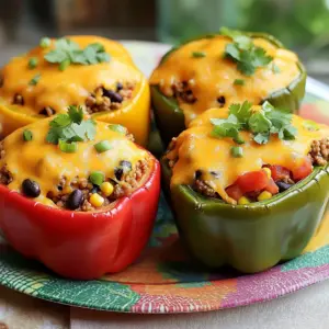 To make Cheesy Taco Stuffed Peppers, gather these simple ingredients: - 4 large bell peppers (any color) - 1 lb ground turkey (or beef) - 1 cup cooked rice (white or brown) - 1 can (15 oz) black beans, drained and rinsed - 1 cup corn (canned or frozen) - 1 packet taco seasoning - 1 cup shredded cheddar cheese - 1 cup diced tomatoes (fresh or canned) - 1/2 cup green onions, sliced - 1 tablespoon olive oil - Salt and pepper to taste - Fresh cilantro, for garnish You can change some ingredients to fit your taste. Try these swaps: - Use quinoa instead of rice for more protein. - Swap ground turkey for chicken or plant-based meat. - Choose any beans you like, such as pinto or kidney beans. - Use different cheeses like Monterey Jack or pepper jack for a kick. - If you want, add chopped bell pepper tops into the filling for extra flavor. This dish is not only tasty but also packed with nutrients. Each serving has: - Calories: Approximately 350 - Protein: Around 24g - Carbohydrates: About 45g - Fiber: Roughly 10g - Fat: Approximately 10g Cheesy Taco Stuffed Peppers are a balanced meal. You get protein, carbs, and healthy fats all in one dish. Enjoy this colorful, healthy meal with family and friends! Start by preheating your oven to 375°F (190°C). Take your large bell peppers and cut off the tops. Remove the seeds and any white parts inside. Brush the outside of each pepper with olive oil. This helps them roast nicely. Place the peppers upright in a baking dish. In a large skillet, heat over medium heat. Add the ground turkey or beef. Cook until it turns brown. Use a spatula to break it apart as it cooks. Once browned, drain any extra fat. Next, add the taco seasoning and diced tomatoes to the skillet. Mix in the cooked rice, black beans, and corn. Stir everything together. Cook for about 3-4 minutes until it's hot. Season with salt and pepper to your taste. Remove the skillet from the heat and stir in half of the shredded cheddar cheese and green onions. Now it’s time to stuff the peppers. Spoon the filling into each bell pepper, pressing down gently. Make sure to fill them well. Top each pepper with the rest of the cheddar cheese. Cover the baking dish with aluminum foil. Bake in the preheated oven for 25 minutes. After that, remove the foil and bake for another 10-15 minutes. You want the cheese to be bubbly and golden. Once done, take them out and let them cool for a few minutes. Enjoy garnished with fresh cilantro and extra green onions if you like! To cook the peppers just right, choose large bell peppers. They hold the filling well. Cut the tops off and remove the seeds. Brush the outside with olive oil. This adds flavor and helps the peppers roast nicely. Bake them upright to keep them stable. Cover the dish with foil for the first part of baking. This helps them soften. Remove the foil later to melt the cheese until golden and bubbly. You will need a few simple tools to make this dish. A sharp knife helps cut the peppers. A baking dish holds the peppers while they cook. A large skillet is great for browning the meat and mixing the filling. You also need measuring cups for the rice and cheese. Finally, some spoons or spatulas will help mix and stuff everything. Serve the stuffed peppers on a colorful platter. Garnish with fresh cilantro and extra cheese. This makes the dish look festive and inviting. Offer salsa or guacamole on the side for added flavor. You can also pair with a fresh salad or tortilla chips. These sides add crunch and balance to the meal. Enjoy your delicious creation with family and friends! {{image_2}} You can make Cheesy Taco Stuffed Peppers meat-free. Use cooked quinoa instead of meat. Add more beans or lentils for protein. Swap cheese with plant-based cheese for a vegan dish. You can also add more veggies like zucchini or mushrooms. These options keep the flavors rich and delicious. You can use various proteins in this recipe. Ground beef or turkey works well. You can also use shredded chicken or diced tofu for a different taste. Each protein adds a unique flavor and texture. Feel free to mix and match based on your preference. To boost flavor, add spices like cumin or paprika. Fresh herbs like cilantro or parsley add brightness. You can also mix in diced jalapeños for heat. Consider adding olives or avocado for extra texture. Each of these enhancements makes your stuffed peppers even more tasty. After you enjoy your Cheesy Taco Stuffed Peppers, let them cool. Place leftovers in an airtight container. Store them in the fridge for up to three days. Make sure to label the container with the date. This helps you remember when you made them. When you’re ready to eat the leftovers, preheat your oven to 350°F (175°C). Place the stuffed peppers in an oven-safe dish. Cover them with foil to keep them moist. Heat for about 15-20 minutes. You can also use the microwave for quicker reheating. Just place them on a microwave-safe plate and heat for 2-3 minutes. To freeze, let the stuffed peppers cool completely. Wrap each pepper tightly in plastic wrap. Then, place them in a freezer-safe bag. Label the bag with the date. You can freeze them for up to three months. When you are ready to eat, thaw the peppers overnight in the fridge before reheating. You can make Cheesy Taco Stuffed Peppers ahead of time. Start by prepping the filling. Cook the meat and mix in the rice, beans, corn, tomatoes, and spices. Allow the filling to cool. Stuff the peppers and cover them tightly. Store them in the fridge for up to 24 hours. When ready to bake, take them out and let them sit for 15 minutes. This helps them cook evenly. Yes, you can use different types of cheese for Cheesy Taco Stuffed Peppers. Cheddar cheese is great, but you can try Monterey Jack, pepper jack, or even mozzarella. Each cheese brings a unique flavor. Mix and match to find your favorite blend. Just make sure to shred the cheese, as it melts better this way. To spice up the filling, add some heat. You can mix in jalapeños or diced green chiles for extra flavor. A dash of hot sauce can also do the trick. If you like smoky flavors, try adding smoked paprika. Fresh herbs like cilantro or parsley can add a nice touch, too. Adjust the spices to fit your taste. We covered how to make tasty stuffed peppers. You learned about the best ingredients, useful substitutions, and essential nutrition facts. I shared clear steps to prepare, cook, and bake your peppers. Plus, I added tips for perfecting your dish and variations for different diets. Lastly, you learned how to store and reheat leftovers. Use this knowledge to make stuffed peppers that impress. Cooking can be fun and rewarding with the right approach and ideas. Enjoy your culinary adventure!