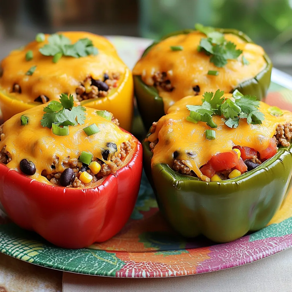 To make Cheesy Taco Stuffed Peppers, gather these simple ingredients: - 4 large bell peppers (any color) - 1 lb ground turkey (or beef) - 1 cup cooked rice (white or brown) - 1 can (15 oz) black beans, drained and rinsed - 1 cup corn (canned or frozen) - 1 packet taco seasoning - 1 cup shredded cheddar cheese - 1 cup diced tomatoes (fresh or canned) - 1/2 cup green onions, sliced - 1 tablespoon olive oil - Salt and pepper to taste - Fresh cilantro, for garnish You can change some ingredients to fit your taste. Try these swaps: - Use quinoa instead of rice for more protein. - Swap ground turkey for chicken or plant-based meat. - Choose any beans you like, such as pinto or kidney beans. - Use different cheeses like Monterey Jack or pepper jack for a kick. - If you want, add chopped bell pepper tops into the filling for extra flavor. This dish is not only tasty but also packed with nutrients. Each serving has: - Calories: Approximately 350 - Protein: Around 24g - Carbohydrates: About 45g - Fiber: Roughly 10g - Fat: Approximately 10g Cheesy Taco Stuffed Peppers are a balanced meal. You get protein, carbs, and healthy fats all in one dish. Enjoy this colorful, healthy meal with family and friends! Start by preheating your oven to 375°F (190°C). Take your large bell peppers and cut off the tops. Remove the seeds and any white parts inside. Brush the outside of each pepper with olive oil. This helps them roast nicely. Place the peppers upright in a baking dish. In a large skillet, heat over medium heat. Add the ground turkey or beef. Cook until it turns brown. Use a spatula to break it apart as it cooks. Once browned, drain any extra fat. Next, add the taco seasoning and diced tomatoes to the skillet. Mix in the cooked rice, black beans, and corn. Stir everything together. Cook for about 3-4 minutes until it's hot. Season with salt and pepper to your taste. Remove the skillet from the heat and stir in half of the shredded cheddar cheese and green onions. Now it’s time to stuff the peppers. Spoon the filling into each bell pepper, pressing down gently. Make sure to fill them well. Top each pepper with the rest of the cheddar cheese. Cover the baking dish with aluminum foil. Bake in the preheated oven for 25 minutes. After that, remove the foil and bake for another 10-15 minutes. You want the cheese to be bubbly and golden. Once done, take them out and let them cool for a few minutes. Enjoy garnished with fresh cilantro and extra green onions if you like! To cook the peppers just right, choose large bell peppers. They hold the filling well. Cut the tops off and remove the seeds. Brush the outside with olive oil. This adds flavor and helps the peppers roast nicely. Bake them upright to keep them stable. Cover the dish with foil for the first part of baking. This helps them soften. Remove the foil later to melt the cheese until golden and bubbly. You will need a few simple tools to make this dish. A sharp knife helps cut the peppers. A baking dish holds the peppers while they cook. A large skillet is great for browning the meat and mixing the filling. You also need measuring cups for the rice and cheese. Finally, some spoons or spatulas will help mix and stuff everything. Serve the stuffed peppers on a colorful platter. Garnish with fresh cilantro and extra cheese. This makes the dish look festive and inviting. Offer salsa or guacamole on the side for added flavor. You can also pair with a fresh salad or tortilla chips. These sides add crunch and balance to the meal. Enjoy your delicious creation with family and friends! {{image_2}} You can make Cheesy Taco Stuffed Peppers meat-free. Use cooked quinoa instead of meat. Add more beans or lentils for protein. Swap cheese with plant-based cheese for a vegan dish. You can also add more veggies like zucchini or mushrooms. These options keep the flavors rich and delicious. You can use various proteins in this recipe. Ground beef or turkey works well. You can also use shredded chicken or diced tofu for a different taste. Each protein adds a unique flavor and texture. Feel free to mix and match based on your preference. To boost flavor, add spices like cumin or paprika. Fresh herbs like cilantro or parsley add brightness. You can also mix in diced jalapeños for heat. Consider adding olives or avocado for extra texture. Each of these enhancements makes your stuffed peppers even more tasty. After you enjoy your Cheesy Taco Stuffed Peppers, let them cool. Place leftovers in an airtight container. Store them in the fridge for up to three days. Make sure to label the container with the date. This helps you remember when you made them. When you’re ready to eat the leftovers, preheat your oven to 350°F (175°C). Place the stuffed peppers in an oven-safe dish. Cover them with foil to keep them moist. Heat for about 15-20 minutes. You can also use the microwave for quicker reheating. Just place them on a microwave-safe plate and heat for 2-3 minutes. To freeze, let the stuffed peppers cool completely. Wrap each pepper tightly in plastic wrap. Then, place them in a freezer-safe bag. Label the bag with the date. You can freeze them for up to three months. When you are ready to eat, thaw the peppers overnight in the fridge before reheating. You can make Cheesy Taco Stuffed Peppers ahead of time. Start by prepping the filling. Cook the meat and mix in the rice, beans, corn, tomatoes, and spices. Allow the filling to cool. Stuff the peppers and cover them tightly. Store them in the fridge for up to 24 hours. When ready to bake, take them out and let them sit for 15 minutes. This helps them cook evenly. Yes, you can use different types of cheese for Cheesy Taco Stuffed Peppers. Cheddar cheese is great, but you can try Monterey Jack, pepper jack, or even mozzarella. Each cheese brings a unique flavor. Mix and match to find your favorite blend. Just make sure to shred the cheese, as it melts better this way. To spice up the filling, add some heat. You can mix in jalapeños or diced green chiles for extra flavor. A dash of hot sauce can also do the trick. If you like smoky flavors, try adding smoked paprika. Fresh herbs like cilantro or parsley can add a nice touch, too. Adjust the spices to fit your taste. We covered how to make tasty stuffed peppers. You learned about the best ingredients, useful substitutions, and essential nutrition facts. I shared clear steps to prepare, cook, and bake your peppers. Plus, I added tips for perfecting your dish and variations for different diets. Lastly, you learned how to store and reheat leftovers. Use this knowledge to make stuffed peppers that impress. Cooking can be fun and rewarding with the right approach and ideas. Enjoy your culinary adventure!