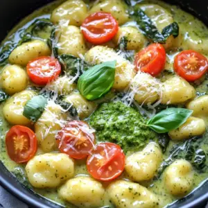 To make One Pot Creamy Pesto Gnocchi, you need: - 1 pound potato gnocchi - 1 cup heavy cream - 1/2 cup basil pesto (store-bought or homemade) - 1 cup cherry tomatoes, halved - 2 cups fresh spinach - 1/2 cup grated Parmesan cheese - 2 tablespoons olive oil - 2 cloves garlic, minced - Salt and pepper to taste - Fresh basil leaves for garnish Choosing the right ingredients makes a big difference. For gnocchi, look for fresh or frozen types. They should feel soft and light. For the cream, pick heavy cream with high fat content. This gives a rich sauce. When it comes to pesto, fresh basil is best. If you buy it, check for good flavor and color. Choose bright red cherry tomatoes. They should feel firm, not soft. Fresh spinach should be bright green and crisp. If you can't find gnocchi, you can use pasta like fusilli or penne. For a lighter sauce, swap heavy cream with half-and-half or coconut milk. You can replace basil pesto with sun-dried tomato pesto for a different flavor. If you don't have cherry tomatoes, regular tomatoes work too. Just chop them smaller. For a dairy-free version, use nutritional yeast instead of Parmesan. First, gather your ingredients. You will need: - 1 pound potato gnocchi - 1 cup heavy cream - 1/2 cup basil pesto - 1 cup cherry tomatoes, halved - 2 cups fresh spinach - 1/2 cup grated Parmesan cheese - 2 tablespoons olive oil - 2 cloves garlic, minced - Salt and pepper to taste - Fresh basil leaves for garnish Make sure all ingredients are fresh. This will enhance your dish's flavor. Heat the olive oil in a large pot over medium heat. Add the minced garlic. Cook it for about 1 minute. The garlic should smell great but not brown. Next, pour in the heavy cream. Stir it well with the garlic. Bring this mixture to a gentle simmer. Now, add the potato gnocchi. Stir to coat the gnocchi in the creamy sauce. Cook them for about 3-5 minutes. They are done when they float to the top. Then, mix in the basil pesto. Allow the flavors to blend well. Add the halved cherry tomatoes and fresh spinach. Stir until the spinach wilts and the tomatoes soften, which takes about 2-3 minutes. Once cooked, remove the pot from heat. Stir in the grated Parmesan cheese until it melts. This will make your sauce creamy. Lastly, season with salt and pepper to taste. If the sauce feels too thick, add a splash of water or more cream. Serve your creamy pesto gnocchi right away for the best taste. Garnish with fresh basil leaves on top for extra flavor. You can also sprinkle more Parmesan cheese if you like. This dish is rich and comforting. Enjoy it with a side salad or some crusty bread. It makes for a perfect weeknight dinner! To make the best One Pot Creamy Pesto Gnocchi, follow these tips: - Use fresh gnocchi for a fluffy texture. - Stir the sauce well to avoid clumps. - Taste as you cook; adjust salt and pepper. - Keep the heat low to prevent burning the garlic. - Add the spinach last to keep it vibrant. Avoid these pitfalls for a great dish: - Don’t skip the garlic; it adds flavor. - Do not overcook the gnocchi; they should float. - Avoid using low-fat cream; it won’t be as creamy. - Don’t rush; let the flavors meld together. - Skip the basil garnish at your own risk! For the creamiest sauce, try these methods: - Heat the cream gently for an even blend. - Stir in the cheese gradually for smoothness. - If the sauce is too thick, add more cream. - Use freshly grated Parmesan for the best taste. - Incorporate a splash of pasta water for extra creaminess. {{image_2}} You can easily change the One Pot Creamy Pesto Gnocchi to suit your taste. Try adding sun-dried tomatoes for a richer flavor. You can also use different herbs, like parsley or cilantro, for a fresh twist. For a bit of heat, toss in some red pepper flakes. If you want crunch, add toasted pine nuts or walnuts on top. Each change can make this dish feel new and exciting. For a heartier meal, consider adding protein. Cooked chicken works well. Just dice it and stir it in when you add the gnocchi. Shrimp is another great choice. Sauté them briefly before adding the cream. Both add flavor and make the dish more filling. You can also use cooked sausage or even plant-based options like chickpeas for a protein boost. If you want to keep it vegetarian, focus on adding more vegetables. Roasted zucchini or bell peppers can enhance the taste. Other good choices are mushrooms or artichokes. Adding these veggies not only boosts nutrition but also adds color to the dish. You can even mix in frozen peas or corn for a sweet touch. The options are endless, making it fun to customize this creamy dish! To keep your one pot creamy pesto gnocchi fresh, place it in an airtight container. Make sure it cools to room temperature first. This helps prevent condensation, which can make the dish watery. Store it in the fridge for up to three days. If you know you won’t finish it, consider saving a portion without the fresh spinach or tomatoes. These can become mushy when reheated. When you’re ready to enjoy leftovers, reheating is key. Use a pan on low heat to warm the gnocchi. Add a splash of cream or water to keep it creamy. Stir gently to avoid breaking the gnocchi. You can also microwave it, but cover the bowl with a lid to trap steam and keep it moist. Heat in short bursts, stirring in between. If you want to store the dish longer, freezing is an option. It can last up to three months in the freezer. Use a freezer-safe container and label it with the date. When you’re ready to eat, thaw it overnight in the fridge. Reheat it gently on the stove, as mentioned before. Keep in mind that freezing may change the texture of the spinach and tomatoes, so adjust your ingredients accordingly for the best results. Yes, you can use homemade pesto. Fresh, homemade pesto has great flavor. It adds a personal touch to your dish. Just make sure it has a good balance of basil, garlic, and nuts. It will blend well with the cream and gnocchi, making your meal even tastier. If you don't have gnocchi, you can use pasta. Small shapes like penne or fusilli work well. You can even use rice or quinoa for a gluten-free option. Just adjust the cooking time as needed. Ensure whatever you choose cooks quickly, so it blends well with the creamy sauce. Yes, this dish can be frozen. However, the cream may change texture when thawed. To freeze, cool the dish first, then place it in an airtight container. It can last up to three months in the freezer. When you are ready to eat, thaw it in the fridge overnight. Reheat gently to avoid curdling. To lighten the dish, swap the heavy cream for half-and-half or a low-fat cream alternative. You can also reduce the amount of cheese. Adding more veggies, like zucchini or bell peppers, can bulk it up without extra calories. This way, you keep the flavors while making it a bit healthier. In this post, we covered how to make One Pot Creamy Pesto Gnocchi. You learned about choosing high-quality ingredients and possible substitutes. The step-by-step instructions helped you prepare and cook this dish with ease. We also shared tips to avoid common mistakes and creative variations to try. Finally, you discovered best practices for storage and reheating. Take these insights and enjoy making your meal fun and tasty. Happy cooking!