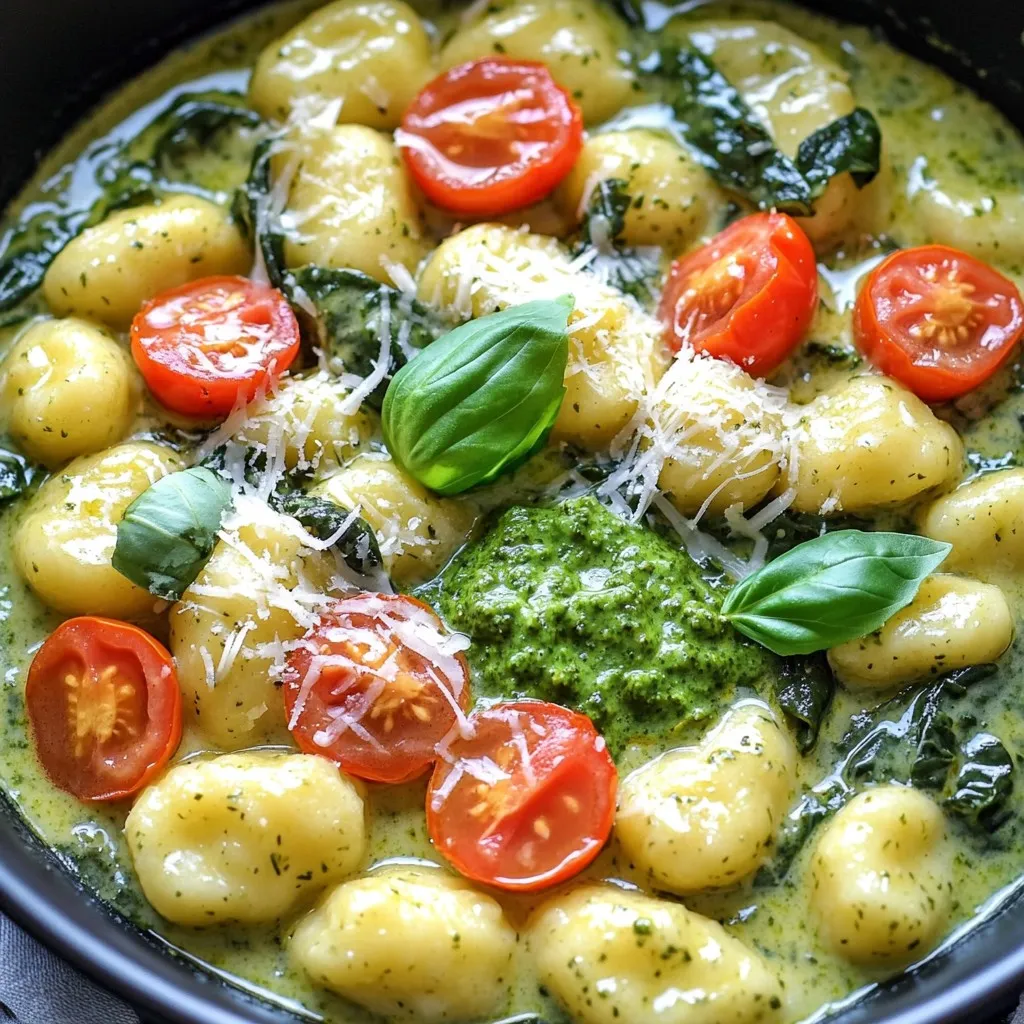 To make One Pot Creamy Pesto Gnocchi, you need: - 1 pound potato gnocchi - 1 cup heavy cream - 1/2 cup basil pesto (store-bought or homemade) - 1 cup cherry tomatoes, halved - 2 cups fresh spinach - 1/2 cup grated Parmesan cheese - 2 tablespoons olive oil - 2 cloves garlic, minced - Salt and pepper to taste - Fresh basil leaves for garnish Choosing the right ingredients makes a big difference. For gnocchi, look for fresh or frozen types. They should feel soft and light. For the cream, pick heavy cream with high fat content. This gives a rich sauce. When it comes to pesto, fresh basil is best. If you buy it, check for good flavor and color. Choose bright red cherry tomatoes. They should feel firm, not soft. Fresh spinach should be bright green and crisp. If you can't find gnocchi, you can use pasta like fusilli or penne. For a lighter sauce, swap heavy cream with half-and-half or coconut milk. You can replace basil pesto with sun-dried tomato pesto for a different flavor. If you don't have cherry tomatoes, regular tomatoes work too. Just chop them smaller. For a dairy-free version, use nutritional yeast instead of Parmesan. First, gather your ingredients. You will need: - 1 pound potato gnocchi - 1 cup heavy cream - 1/2 cup basil pesto - 1 cup cherry tomatoes, halved - 2 cups fresh spinach - 1/2 cup grated Parmesan cheese - 2 tablespoons olive oil - 2 cloves garlic, minced - Salt and pepper to taste - Fresh basil leaves for garnish Make sure all ingredients are fresh. This will enhance your dish's flavor. Heat the olive oil in a large pot over medium heat. Add the minced garlic. Cook it for about 1 minute. The garlic should smell great but not brown. Next, pour in the heavy cream. Stir it well with the garlic. Bring this mixture to a gentle simmer. Now, add the potato gnocchi. Stir to coat the gnocchi in the creamy sauce. Cook them for about 3-5 minutes. They are done when they float to the top. Then, mix in the basil pesto. Allow the flavors to blend well. Add the halved cherry tomatoes and fresh spinach. Stir until the spinach wilts and the tomatoes soften, which takes about 2-3 minutes. Once cooked, remove the pot from heat. Stir in the grated Parmesan cheese until it melts. This will make your sauce creamy. Lastly, season with salt and pepper to taste. If the sauce feels too thick, add a splash of water or more cream. Serve your creamy pesto gnocchi right away for the best taste. Garnish with fresh basil leaves on top for extra flavor. You can also sprinkle more Parmesan cheese if you like. This dish is rich and comforting. Enjoy it with a side salad or some crusty bread. It makes for a perfect weeknight dinner! To make the best One Pot Creamy Pesto Gnocchi, follow these tips: - Use fresh gnocchi for a fluffy texture. - Stir the sauce well to avoid clumps. - Taste as you cook; adjust salt and pepper. - Keep the heat low to prevent burning the garlic. - Add the spinach last to keep it vibrant. Avoid these pitfalls for a great dish: - Don’t skip the garlic; it adds flavor. - Do not overcook the gnocchi; they should float. - Avoid using low-fat cream; it won’t be as creamy. - Don’t rush; let the flavors meld together. - Skip the basil garnish at your own risk! For the creamiest sauce, try these methods: - Heat the cream gently for an even blend. - Stir in the cheese gradually for smoothness. - If the sauce is too thick, add more cream. - Use freshly grated Parmesan for the best taste. - Incorporate a splash of pasta water for extra creaminess. {{image_2}} You can easily change the One Pot Creamy Pesto Gnocchi to suit your taste. Try adding sun-dried tomatoes for a richer flavor. You can also use different herbs, like parsley or cilantro, for a fresh twist. For a bit of heat, toss in some red pepper flakes. If you want crunch, add toasted pine nuts or walnuts on top. Each change can make this dish feel new and exciting. For a heartier meal, consider adding protein. Cooked chicken works well. Just dice it and stir it in when you add the gnocchi. Shrimp is another great choice. Sauté them briefly before adding the cream. Both add flavor and make the dish more filling. You can also use cooked sausage or even plant-based options like chickpeas for a protein boost. If you want to keep it vegetarian, focus on adding more vegetables. Roasted zucchini or bell peppers can enhance the taste. Other good choices are mushrooms or artichokes. Adding these veggies not only boosts nutrition but also adds color to the dish. You can even mix in frozen peas or corn for a sweet touch. The options are endless, making it fun to customize this creamy dish! To keep your one pot creamy pesto gnocchi fresh, place it in an airtight container. Make sure it cools to room temperature first. This helps prevent condensation, which can make the dish watery. Store it in the fridge for up to three days. If you know you won’t finish it, consider saving a portion without the fresh spinach or tomatoes. These can become mushy when reheated. When you’re ready to enjoy leftovers, reheating is key. Use a pan on low heat to warm the gnocchi. Add a splash of cream or water to keep it creamy. Stir gently to avoid breaking the gnocchi. You can also microwave it, but cover the bowl with a lid to trap steam and keep it moist. Heat in short bursts, stirring in between. If you want to store the dish longer, freezing is an option. It can last up to three months in the freezer. Use a freezer-safe container and label it with the date. When you’re ready to eat, thaw it overnight in the fridge. Reheat it gently on the stove, as mentioned before. Keep in mind that freezing may change the texture of the spinach and tomatoes, so adjust your ingredients accordingly for the best results. Yes, you can use homemade pesto. Fresh, homemade pesto has great flavor. It adds a personal touch to your dish. Just make sure it has a good balance of basil, garlic, and nuts. It will blend well with the cream and gnocchi, making your meal even tastier. If you don't have gnocchi, you can use pasta. Small shapes like penne or fusilli work well. You can even use rice or quinoa for a gluten-free option. Just adjust the cooking time as needed. Ensure whatever you choose cooks quickly, so it blends well with the creamy sauce. Yes, this dish can be frozen. However, the cream may change texture when thawed. To freeze, cool the dish first, then place it in an airtight container. It can last up to three months in the freezer. When you are ready to eat, thaw it in the fridge overnight. Reheat gently to avoid curdling. To lighten the dish, swap the heavy cream for half-and-half or a low-fat cream alternative. You can also reduce the amount of cheese. Adding more veggies, like zucchini or bell peppers, can bulk it up without extra calories. This way, you keep the flavors while making it a bit healthier. In this post, we covered how to make One Pot Creamy Pesto Gnocchi. You learned about choosing high-quality ingredients and possible substitutes. The step-by-step instructions helped you prepare and cook this dish with ease. We also shared tips to avoid common mistakes and creative variations to try. Finally, you discovered best practices for storage and reheating. Take these insights and enjoy making your meal fun and tasty. Happy cooking!