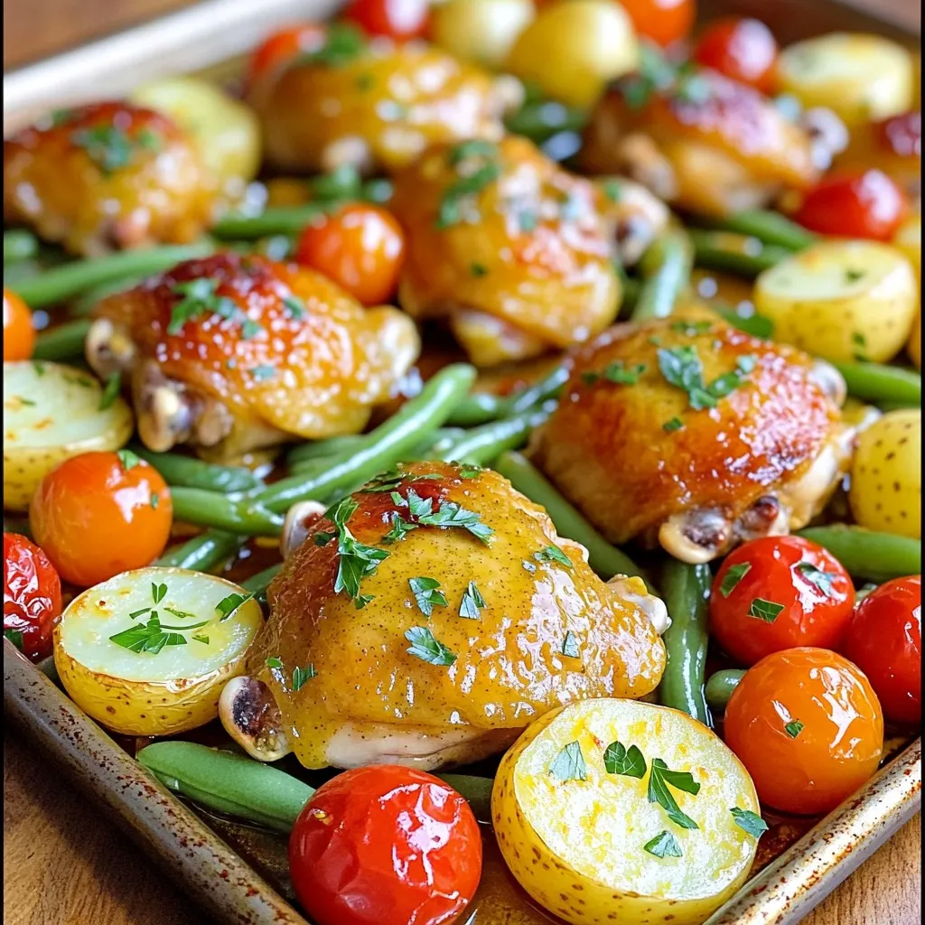 For this dish, you need fresh chicken thighs and colorful veggies. Use four bone-in chicken thighs with skin. These will provide great flavor and moisture. For veggies, I love using baby potatoes, cherry tomatoes, and green beans. They cook well and add vibrant colors to your plate. The marinade is key to flavor. Combine two tablespoons of Dijon mustard with three tablespoons of olive oil. Add the zest and juice of one lemon for a bright taste. This mixture creates a tangy and rich base that will soak into the chicken. Don't forget the seasoning! Use one teaspoon each of garlic powder, onion powder, and smoked paprika. These spices give depth to the dish. Finally, add salt and black pepper to taste. This simple mix makes every bite burst with flavor. First, preheat your oven to 425°F (220°C). This step is key for crispy chicken and tender veggies. Next, grab a mixing bowl. Combine 2 tablespoons of Dijon mustard, 3 tablespoons of olive oil, the juice and zest of 1 lemon, and the garlic and onion powders. Add 1 teaspoon of smoked paprika, salt, and black pepper. Stir until the mix is smooth. Now, take your 4 bone-in chicken thighs and place them in a large bowl. Pour half of the marinade over the thighs. Make sure to coat them well. Let the chicken sit for about 15 minutes. This wait time allows the flavors to soak in while you prepare the veggies. On a large sheet pan, arrange 2 cups of halved baby potatoes in the center. Drizzle them with olive oil and sprinkle with salt and paprika. Toss the potatoes to coat them evenly. Next, place the marinated chicken thighs skin-side up around the potatoes. Add 1 cup of cherry tomatoes and 1 cup of trimmed green beans to the pan. Drizzle the remaining marinade over everything and toss the veggies slightly to coat. Now, it's time to bake! Place the sheet pan in the preheated oven. Bake for 35-40 minutes. Check the chicken at the end. It should be golden brown and reach an internal temperature of 165°F (74°C). The veggies should be tender too. Remember to stir the veggies halfway through for even cooking. Once baked, remove the pan from the oven. Let everything rest for a few minutes. This resting time helps the juices settle. Finally, garnish your dish with fresh chopped parsley before serving. Enjoy this colorful and tasty meal! To enhance the flavor of your marinade, try adding some fresh herbs. Thyme or rosemary work well with chicken. You can also swap Dijon mustard for whole grain mustard for a different taste. The lemon juice adds a bright touch, so don’t skip it! When you bake, stir the veggies halfway through to ensure they cook evenly. Position the chicken thighs skin-side up. This helps the skin crisp up nicely. If you have larger veggies, cut them smaller so they cook through at the same time. For a lovely presentation, serve right from the sheet pan. It looks rustic and inviting. If you prefer, plate each serving and drizzle some pan juices over the top. Garnish with fresh parsley for color and flavor. {{image_2}} You can switch out chicken thighs for chicken breasts. Breasts cook faster, so check them sooner. You can also use pork chops or salmon for a tasty twist. Each protein adds a new flavor to the dish. Just ensure the cooking time matches the meat you choose. Feel free to swap veggies based on the season. In spring, try asparagus or zucchini. In fall, butternut squash or Brussels sprouts work well. This dish is flexible, so use what you have. Mixing colors adds visual appeal and flavor. Want to change the taste? Adjust the herbs and spices. Add rosemary for a piney note or thyme for earthiness. A bit of honey can sweeten the mix, while red pepper flakes add heat. Experimenting keeps this dish fresh and exciting. Store your leftovers in an airtight container. Let the dish cool before sealing. This keeps it fresh and prevents moisture buildup. You can safely keep it in the fridge for up to three days. For best taste, eat it sooner. To reheat, use the oven for the best flavor. Preheat it to 350°F (175°C). Place the chicken and veggies in a baking dish. Cover with foil to keep moisture in. Heat for about 20-25 minutes, or until warm. You can also use a microwave but check the chicken to avoid drying it out. You can freeze this dish for longer storage. Place it in a freezer-safe container. Make sure to separate the chicken and veggies if possible. It stays good for up to three months. When ready to eat, thaw overnight in the fridge before reheating. This helps maintain flavor and texture. Yes, you can use boneless chicken thighs or breasts. These cuts may cook faster, so check them at around 25-30 minutes. The flavor and texture will still shine with the marinade. Boneless chicken is a great option if you're short on time. To ensure the chicken is safe to eat, use a meat thermometer. Insert it into the thickest part of the thigh. The internal temperature should read 165°F (74°C). If you don't have a thermometer, the juices should run clear when you cut into the chicken. Many vegetables work well with this dish. Consider adding: - Carrots - Zucchini - Bell peppers - Broccoli These veggies cook nicely and soak up the marinade flavors. Feel free to mix and match based on your preference. Yes, you can prep this recipe ahead of time. Marinate the chicken and chop the veggies a day before. Store them in the fridge in an airtight container. On baking day, just arrange everything on the sheet pan and cook. This makes dinner stress-free! This recipe for sheet pan chicken is simple and tasty. We covered the main ingredients, including chicken thighs and veggies. The marinade adds delicious flavor through Dijon mustard and lemon. I showed you the steps for marinating, baking, and garnishing. Remember, you can change proteins and veggies for variety. Store leftovers properly to keep them fresh. With these tips, you'll enjoy great meals every time. Keep experimenting and find what you love the most!