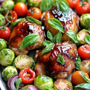 To make Sheet Pan Balsamic Glazed Chicken and Vegetables, you need a simple list of fresh ingredients. Here’s what you will need: - 4 boneless, skinless chicken thighs - 2 cups Brussels sprouts, halved - 1 cup cherry tomatoes, halved - 1 red bell pepper, sliced - 1 medium red onion, thickly sliced - 1/4 cup balsamic vinegar - 2 tablespoons honey - 2 tablespoons olive oil - 4 cloves garlic, minced - 1 teaspoon dried thyme - 1 teaspoon dried oregano - Salt and pepper to taste - Fresh basil leaves for garnish Gathering these items is key to your meal. The chicken thighs give a juicy base, while the veggies add color and flavor. The balsamic vinegar and honey create a sweet and tangy glaze. This dish is not only easy but also healthy and packed with nutrients. You can find all these ingredients at your local grocery store or farmer's market. Enjoy cooking! - Preheat oven to 425°F (220°C). - In a small bowl, whisk together: - 1/4 cup balsamic vinegar - 2 tablespoons honey - 2 tablespoons olive oil - 4 cloves garlic, minced - 1 teaspoon dried thyme - 1 teaspoon dried oregano - Salt and pepper to taste This mixture forms a sweet and tangy marinade that enhances the chicken's flavor. It's simple yet effective. - In a large bowl, add the 4 boneless, skinless chicken thighs. Pour half of the marinade over them. Toss to coat the chicken well. Let it sit for about 15 minutes. - On a large sheet pan, combine: - 2 cups Brussels sprouts, halved - 1 cup cherry tomatoes, halved - 1 red bell pepper, sliced - 1 medium red onion, thickly sliced Drizzle the remaining marinade over the veggies. Toss them to coat evenly. This helps the veggies absorb all those great flavors. - Create space in the center of the pan for the chicken. Place the marinated chicken thighs there. - Roast the chicken and vegetables in the preheated oven for 25-30 minutes. Make sure the chicken reaches an internal temperature of 165°F (74°C). The veggies should be tender and slightly caramelized. - For the last 5 minutes, switch the oven to broil. This step adds a beautiful glaze to the chicken. Keep a close eye on it to avoid burning. Removing the sheet pan from the oven fills your kitchen with an amazing aroma. Enjoy the vibrant colors and delicious smells as you prepare to serve your meal. - Marinate chicken for at least 15 minutes. This brings out great flavor. - Use a glass or plastic bowl for marinating. Avoid metal, as it can react with the acid. - Cook chicken until it reaches 165°F (74°C). Use a meat thermometer for accuracy. - For perfect veggie caramelization, space them out on the pan. This helps them roast evenly and gain that sweet, rich flavor. - Pair this dish with rice or quinoa for a hearty meal. They soak up the glaze well. - A light white wine, like Sauvignon Blanc, goes well with the balsamic glaze. It adds freshness and balance to the meal. {{image_2}} You can switch up the veggies to match the season. Here are some options: - Carrots: Slice them into sticks for color and crunch. - Zucchini: Cut into half-moons for a soft, tender bite. - Broccoli: Use florets for extra nutrition and a nice green pop. - Cauliflower: This adds a lovely texture and takes on flavors well. Feel free to mix and match based on what you have! While balsamic vinegar shines here, you can use other flavors. Try these: - Apple cider vinegar: It gives a fruity note. - Red wine vinegar: This adds depth and tang. - Maple syrup: Swap honey for a different sweetness. Experiment with these to create your ideal glaze! If chicken thighs aren’t your thing, consider these swaps: - Chicken breast: Use it if you prefer leaner meat. - Tofu: Try firm tofu for a plant-based option. - Shrimp: A quick-cooking option that pairs well with the flavors. These swaps keep the dish fun and fresh! To keep your leftovers fresh, first let them cool. Place them in an airtight container. Store the chicken and veggies in the fridge. They will stay good for up to three days. If you want to keep them longer, consider freezing. To reheat without drying out, use the oven. Preheat to 350°F (175°C). Place the chicken and veggies in a baking dish, covered with foil. Heat for about 15-20 minutes or until warm. You can also use a microwave. Just cover it to trap steam, heating in short bursts to avoid dryness. Yes, you can freeze this dish. First, let it cool completely. Place the chicken and veggies in freezer-safe bags or containers. Remove as much air as possible. Label and date your containers. They can stay in the freezer for up to three months. When ready to eat, thaw in the fridge overnight before reheating. Cooking chicken thighs takes about 25 to 30 minutes. You should roast them at 425°F (220°C). Always check that the internal temperature reaches 165°F (74°C) for safety. You can use a meat thermometer for accuracy. Yes, you can prepare this dish ahead of time. Marinate the chicken and cut the vegetables a few hours before cooking. Keep everything in the fridge until you are ready to bake. This way, the flavors blend well. If you don’t have balsamic vinegar, you can use red wine vinegar or apple cider vinegar. Mix these with a little sugar or honey for a sweet touch. This keeps the flavor profile balanced. Yes, this recipe is healthy! It uses lean chicken thighs and plenty of fresh vegetables. The balsamic glaze adds flavor without too many calories. This dish provides protein, vitamins, and minerals, making it a great option for a balanced meal. In this post, we covered a delicious sheet pan chicken dish. We shared the ingredients, easy preparation steps, and cooking tips. You learned how to store leftovers, reheat them, and even adapt the recipe. Cooking can be fun and rewarding, especially with easy recipes like this. So grab your chicken thighs and veggies, and start cooking! Enjoy good food that brings smiles today and tomorrow.