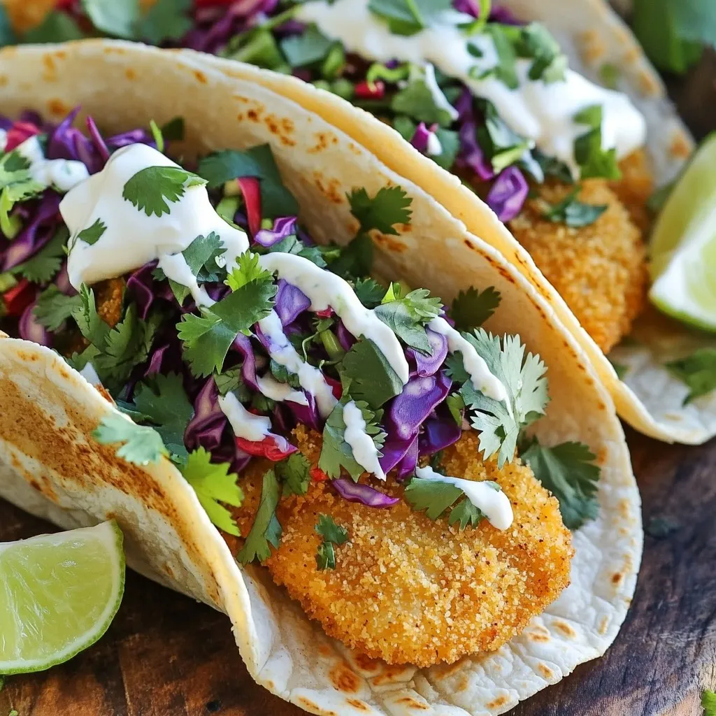 For this recipe, I like to use white fish fillets. Cod or tilapia works best. These fish have a mild flavor and cook quickly in the air fryer. When choosing fish, look for fresh, firm fillets with no fishy smell. Ensure they are bright in color. This makes a big difference in taste. To create a crispy coating, we use panko breadcrumbs. They give a nice crunch. You will also need: - 1 lb white fish fillets (such as cod or tilapia) - 1 cup panko breadcrumbs - 1 teaspoon paprika - 1/2 teaspoon garlic powder - 1/2 teaspoon cayenne pepper (adjust to taste) - Salt and pepper to taste - 2 tablespoons olive oil Mix the breadcrumbs with spices in a shallow dish. This adds flavor and crunch. Brush the fish with olive oil before coating it in the breadcrumb mix. This helps the coating stick and get crispy. The slaw adds a fresh crunch to the tacos. I use a mix of green and red cabbage. This gives a nice color and taste. You will need: - 1 cup green cabbage, finely shredded - 1/2 cup red cabbage, finely shredded - 1/4 cup fresh cilantro, chopped - 1/4 cup sour cream - 1 tablespoon lime juice - 1 teaspoon honey or agave syrup In a large bowl, combine the shredded cabbages and cilantro. For the dressing, whisk together sour cream, lime juice, and honey. Pour the dressing over the cabbage mix and toss it well. This slaw is bright and tangy, balancing the crispy fish perfectly. Start by patting the fish fillets dry. Use paper towels to remove moisture. Next, sprinkle salt and pepper on both sides. This simple step boosts the flavor. You can use cod or tilapia for this dish. Both are mild and flaky fish. In a shallow dish, mix the panko breadcrumbs with paprika, garlic powder, and cayenne pepper. This mix adds a great crunch and flavor. Brush the fish with olive oil. Then, press each fillet into the breadcrumb mix. Make sure all sides are coated well. Preheat your air fryer to 400°F (200°C). Place the coated fish in the air fryer basket in a single layer. If you have many fillets, cook them in batches. Air fry for about 10-12 minutes. Flip the fish halfway through. You want it golden brown and cooked through. In a large bowl, mix green cabbage, red cabbage, and chopped cilantro. This adds color and crunch. In a small bowl, whisk sour cream, lime juice, and honey or agave syrup until smooth. Pour this sauce over the cabbage mix. Toss well to coat every piece. While the fish cooks, warm the corn tortillas. Use a dry skillet over medium heat. Heat each tortilla for about 30 seconds on each side. This makes them soft and easy to fold. Once the fish is ready, break it into pieces. Place a few pieces on each tortilla. Top with a generous amount of slaw. For extra flavor, serve with lime wedges and cilantro for garnish. Enjoy your tasty tacos! To make your fish crispy, use panko breadcrumbs. They are light and airy. This type of breadcrumb helps the fish get that nice crunch. Make sure to coat the fish well. Brush it with olive oil before dipping it in the panko mix. The oil helps it crisp up in the air fryer. Cook the fish at 400°F for about 10 to 12 minutes. Flip it halfway for even cooking. You want the fish to be golden brown. If you love heat, add more cayenne pepper. Start with half a teaspoon, then taste. You can always add more, but you can’t take it out. If you prefer milder flavors, use less cayenne. You can also skip it entirely for a more subtle taste. Remember, the paprika adds flavor without much heat. Play around with the spices until you find your favorite mix. Warm your corn tortillas for the best taste. Heat them in a dry skillet over medium heat. This makes them soft and easy to fold. Warm them for about 30 seconds on each side. You can also wrap them in a clean towel to keep them warm. If you want to get fancy, try grilling them for a smoky flavor. This adds another layer to your fish tacos. Enjoy the crunch of the slaw with the warm tortillas for a perfect bite! {{image_2}} You can switch up the fish in your tacos. Cod and tilapia are great, but you can also try halibut or mahi-mahi. These fish have a nice texture and flavor. They will still give you that crispy bite when cooked in the air fryer. You can even use shrimp for a fun twist. Just adjust the cooking time, as shrimp cooks faster. The slaw dressing can change the flavor a lot. Instead of sour cream, try Greek yogurt for a healthier option. You could also use a vinaigrette made with olive oil and vinegar. If you like spice, add a dash of hot sauce to the dressing. This adds a nice kick to your slaw. Mix and match until you find your favorite. Toppings can make your tacos even better. Fresh avocado slices add creaminess and flavor. Pickled onions can give a tangy crunch. You could also sprinkle crumbled feta or queso fresco on top. If you love heat, add jalapeños or a drizzle of spicy mayo. Get creative! Each topping can change the taste, making your meal unique every time. To store leftover fish tacos, first, separate the fish from the tortillas and slaw. Place the fish in an airtight container. Keep the tortillas and slaw in separate containers. This helps keep everything fresh. You can store them in the fridge for up to two days. To reheat the fish, preheat your air fryer to 350°F (175°C). Place the fish in the basket and heat for about 5-7 minutes. Check to make sure it’s hot all the way through. For the tortillas, heat them on a skillet for about 30 seconds on each side. This brings back their soft texture. Store slaw in an airtight container in the fridge. It should last for about 3 days. If you add dressing, it may get soggy faster. To avoid this, keep the dressing separate until you are ready to eat. This keeps the slaw crunchy and fresh. Yes, you can use frozen fish fillets. Just make sure to thaw them completely before cooking. Pat them dry with paper towels to remove excess moisture. This helps the coating stick better and get crispy. Frozen fish works well but may take a bit longer to cook. To make gluten-free fish tacos, use gluten-free panko breadcrumbs. You can find these in most grocery stores. Also, ensure your tortillas are gluten-free. Many brands offer corn tortillas that are naturally gluten-free. This way, you can enjoy tasty tacos without the gluten. Fish tacos pair well with many side dishes. Here are some great options: - Mexican rice - Black beans - Grilled corn - Avocado salad - Pico de gallo These sides add flavor and nutrition to your meal. Leftover fish tacos can last up to two days in the fridge. Store the fish and slaw in separate containers. This keeps the fish crispy and the slaw fresh. Reheat the fish in the air fryer for the best results. Yes, you can prepare the slaw ahead of time. Make it a few hours before serving. This lets the flavors blend well. Just store it in the fridge in an airtight container. Mix it again before serving to refresh the texture. In this post, we explored making delicious fish tacos. We covered selecting fresh fish, seasoning, and slaw ingredients. You learned simple steps for preparing and cooking, plus tips for crispy fish and customizing your meal. Try different fish, slaw, and toppings to suit your taste. Proper storage keeps leftovers tasty, and answering your FAQs helps clarify common concerns. With these tips, you can create fantastic fish tacos at home that impress every time. Enjoy your cooking adventure!