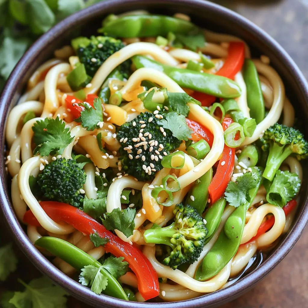 - 200g udon noodles - 2 tablespoons olive oil - 4 cloves garlic, minced - 2 tablespoons fresh ginger, grated - 1 red bell pepper, julienned - 1 cup broccoli florets - 1 cup snap peas - 3 green onions, sliced - 3 tablespoons soy sauce - 1 tablespoon sesame oil - 1 teaspoon sesame seeds (for garnish) - Fresh cilantro, for garnish - Salt and pepper to taste You can swap udon noodles with rice noodles or soba noodles. For oil, use canola or avocado oil. If you want a different taste, try using garlic powder or ground ginger. Instead of red bell pepper, zucchini or carrots work well. You can also add other veggies like mushrooms or asparagus. Fresh ingredients make a big difference. Choose firm broccoli and bright snap peas. The garlic should smell strong, and ginger must feel firm and smooth. Look for high-quality soy sauce and pure sesame oil for the best flavor. Always wash your vegetables well before cooking to keep them clean and crisp. To start, you need to cook the udon noodles. First, boil a pot of water. Once the water boils, add the 200g of udon noodles. Cook for about 3-4 minutes or until tender. Drain the noodles and set them aside. This step is quick and easy, so you can focus on the next parts. Next, heat 2 tablespoons of olive oil in a large skillet or wok over medium-high heat. Once the oil is hot, add 4 minced cloves of garlic and 2 tablespoons of grated ginger. Stir them for about 1-2 minutes. You want them to smell great but not burn. The garlic and ginger give your dish a wonderful flavor. Now it's time to add color and crunch! Toss in 1 red bell pepper, julienned, 1 cup of broccoli florets, and 1 cup of snap peas. Stir-fry these veggies for about 4-5 minutes. You want them to be tender but still crisp. Then, add the cooked udon noodles to your skillet. Pour in 3 tablespoons of soy sauce and 1 tablespoon of sesame oil. Gently toss everything together for another 2-3 minutes. Finally, season with salt and pepper to taste. To finish, remove the skillet from heat. Top with sliced green onions, a sprinkle of sesame seeds, and fresh cilantro for garnish. Now, your Minute Garlic Ginger Udon Stir-Fry is ready to enjoy! To boost the flavor of your Minute Garlic Ginger Udon Stir-Fry, use fresh ingredients. Fresh garlic and ginger give a bright taste. Sauté them until fragrant. This step makes your dish smell amazing. Add soy sauce and sesame oil at the end to keep the flavors bold. You can also add a dash of chili flakes for some heat. Cook your vegetables until they are tender but still crisp. Start with harder veggies like broccoli and bell pepper. Stir-fry them for about four to five minutes. Then, add soft veggies like snap peas. They only need a minute or two. This way, you keep their bright color and crunch. Always taste as you go to avoid overcooking. Presentation matters! Serve your stir-fry in bowls to make it inviting. Garnish with fresh cilantro and a sprinkle of sesame seeds. This adds color and texture. You can also add extra green onions on top for a fresh look. A well-presented dish makes the meal feel special. {{image_2}} You can boost your Minute Garlic Ginger Udon Stir-Fry with protein. Adding chicken, shrimp, or tofu brings depth. For chicken, use bite-sized pieces and cook them first. For shrimp, toss them in after the garlic and ginger. Tofu is great for a vegetarian option. Just cube it and let it brown slightly. Each protein adds its unique taste and texture. Feel free to swap veggies based on what you have. You can use bell peppers, carrots, or bok choy. Snow peas work well instead of snap peas. For a crunch, add water chestnuts or bean sprouts. Even frozen mixed veggies can fit in a pinch. Use what you enjoy, and the flavor will still shine. If you enjoy heat, add chili flakes or fresh sliced chili. You can also drizzle some sriracha or chili oil at the end. For a milder spice, include a dash of sesame chili oil. These options make the dish exciting without overpowering it. Adjust the spice to your taste for the perfect kick. After enjoying your Minute Garlic Ginger Udon Stir-Fry, cool it down quickly. Place it in an airtight container. This keeps moisture in and prevents drying. Store the container in the fridge. Use it within three days for the best flavor and freshness. If you want to keep it longer, consider freezing. To reheat your stir-fry, use a skillet. Heat it on medium. Add a splash of water or oil to keep it moist. Stir often for about five minutes. This method warms the dish evenly. You can also use a microwave. Place it in a bowl, cover it loosely, and heat for one to two minutes. Stir halfway through to ensure even heating. If you freeze the stir-fry, use a freezer-safe container. It can last up to three months in the freezer. When ready to eat, transfer it to the fridge to thaw overnight. You can also thaw it in the microwave on the defrost setting. After thawing, reheat as described above. Make sure to check the texture of the veggies, as freezing can change them slightly. To make this stir-fry vegan, simply swap the soy sauce for a plant-based brand. You can also use coconut aminos, which is a great soy sauce substitute. Ensure you check that the sesame oil is pure and vegan. All the other ingredients are already vegan-friendly, so you’re good to go! Yes, you can use other noodles if you prefer. Rice noodles or soba noodles work well. Just make sure to cook them according to their package instructions. Keep in mind that cooking times may vary. Udon noodles give a nice chewy texture, but other options will still taste great! If you need a soy sauce substitute, try tamari or coconut aminos. Both have a similar flavor profile. For a low-sodium option, look for reduced-sodium soy sauce. You can also mix balsamic vinegar with a bit of water for a unique twist. Each alternative brings a different taste, so feel free to experiment! This post covered key ingredients, step-by-step cooking, and helpful tips. You learned about alternative ingredients and how to enhance flavors. I shared ways to swap proteins and veggies for your taste. You also found best practices for storing leftovers and reheating. Cooking can be simple and fun. Now, you have the tools to create a great meal. Enjoy trying out these ideas and make them your own. With practice, your dishes will taste even better. Happy cooking!
