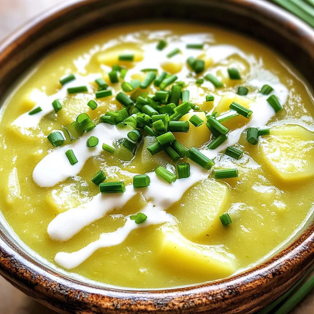- 4 large russet potatoes, peeled and chopped - 3 leeks, white and light green parts only, cleaned and sliced - 1 medium onion, diced - 4 cloves garlic, minced - 4 cups vegetable broth - 1 cup heavy cream or coconut milk (for a dairy-free option) - 2 tablespoons olive oil - 1 teaspoon dried thyme - Salt and pepper to taste - Fresh chives for garnish This soup has simple and fresh ingredients. The russet potatoes bring a creamy texture. The leeks add a sweet and mild onion flavor. Onions and garlic boost the taste even more. Vegetable broth gives depth, while thyme adds an earthy note. For those with dietary needs, you can easily make this soup dairy-free. Just swap the heavy cream for coconut milk. This keeps it rich and creamy without dairy. If you want to make it vegan, use vegetable broth and coconut milk. The soup will still taste amazing. You can adjust the salt and pepper to fit your taste too. Gather these ingredients, and you are ready to make a warm bowl of potato leek soup. To start, I recommend sautéing the onions and leeks for great flavor. Heat olive oil in a pan over medium-high heat. Add diced onion and sliced leeks. Cook them for 5 to 7 minutes. This step makes them soft and sweet. If you’re short on time, skip this step. You can add the onions and leeks directly into the slow cooker. Next, it’s time to add the main ingredients. Place the chopped russet potatoes, minced garlic, and dried thyme into the slow cooker. Pour in the vegetable broth. Don’t forget to season with salt and pepper to taste. This adds depth to the soup. Now, let’s discuss cooking times and temperatures. You can cook the soup on low for 6 to 8 hours. If you prefer a quicker option, use the high setting for 3 to 4 hours. The potatoes should be tender when it's done. This is key for a smooth soup. After cooking, it’s time to blend. Use an immersion blender to puree the soup. Blend until you reach your desired consistency. If you like a chunkier soup, blend only half of it. This gives a nice texture. Next, stir in the heavy cream or coconut milk. This adds a rich, creamy element. Make sure to mix well. Taste the soup and adjust the seasoning if needed. A little extra salt or pepper can make a big difference. Finally, let the soup cool slightly before serving. Serve it hot, topped with freshly chopped chives. This adds a pop of color and flavor. Enjoy your savory slow cooker potato leek soup! To make the best slow cooker potato leek soup, you need fresh ingredients. Use large russet potatoes for a creamy texture. The leeks add a nice sweetness. A good broth is key. Use vegetable broth for depth. Season well with salt and pepper. You can taste and adjust as you go. The thyme adds great flavor. It pairs perfectly with the potatoes. If you want a richer taste, add heavy cream or coconut milk before blending. This step makes the soup creamy and delightful. Watch out for overcooking the potatoes. If they cook too long, they may turn mushy. Stick to the cooking times in the recipe. If you’re short on time, skip sautéing the onions and leeks. Just add them directly to the slow cooker. Be careful not to skip seasoning. A bland soup is never good. Taste it before serving to adjust the flavors. For sides, serve this soup with crusty bread. A simple green salad pairs well, too. Top the soup with fresh chives for color and flavor. You can also add croutons for a nice crunch. This soup is warm and comforting, making it perfect for any meal. {{image_2}} You can switch up the main ingredients to explore new flavors. Try using Yukon Gold potatoes for a creamier texture. You can also mix in sweet potatoes for a hint of sweetness. If you want a light version, use cauliflower instead of potatoes. For a vegan soup, simply replace heavy cream with coconut milk or cashew cream. This keeps it rich and dairy-free. To boost the flavor, add spices and herbs. Try a pinch of smoked paprika for warmth or a dash of cayenne for heat. Fresh herbs like rosemary or parsley can brighten the dish. For extra depth, stir in a tablespoon of miso paste. You can also add cooked bacon or crispy shallots just before serving. These add-ins can transform your soup into something truly special. Presentation can make your soup shine. Serve it in rustic bowls with a drizzle of cream on top. Add a sprinkle of fresh chives for a pop of color. To change the texture, blend only half of the soup for a chunkier bite. If you prefer smooth soup, blend it all until creamy. Each style offers a different experience and can please every palate. To keep your slow cooker potato leek soup fresh, store it in airtight containers. Allow the soup to cool completely before sealing. For freezing, use freezer-safe bags or containers. Remove as much air as possible to prevent freezer burn. When reheating, use a pot on low heat or the microwave. Stir often to keep the soup smooth and flavorful. In the fridge, this soup lasts about 4-5 days. If you freeze it, it can last for up to 3 months. Always label your containers with the date to keep track of freshness. If you notice any off smells or changes in texture, it’s best to discard it. Make this soup ahead of time for easy meals during the week. You can cook a big batch on the weekend and store portions. Reheat only what you need. This saves time and makes dinner stress-free. Consider pairing it with a fresh salad or crusty bread for a complete meal. Can I make this soup vegan? Yes, you can make this soup vegan. Use coconut milk instead of heavy cream. This swap keeps the soup creamy and rich. Also, ensure you use vegetable broth, which is already vegan. What type of potatoes work best for this recipe? I recommend using russet potatoes. They have a great texture and flavor. They become soft and creamy when cooked. Yukon gold potatoes also work well for a buttery taste. How can I thicken my potato leek soup? If you want a thicker soup, blend more of the mixture. Use an immersion blender to puree the soup until smooth. You can also add a bit of cornstarch mixed with water. This will help thicken it without changing the taste. Can I use fresh leeks instead of frozen? Definitely! Fresh leeks are the best choice. They add great flavor and texture. Just make sure to clean them well, as dirt can hide between their layers. Sliced fresh leeks will enhance the soup's taste. In this post, we explored making a delicious slow cooker potato leek soup. We covered key ingredients and provided step-by-step instructions for cooking. I shared tips for enhancing flavor and avoiding common mistakes. You learned about variations, storage methods, and answers to common questions. Remember, a great soup starts with quality ingredients and proper seasoning. Enjoy creating your own version to share with family and friends!