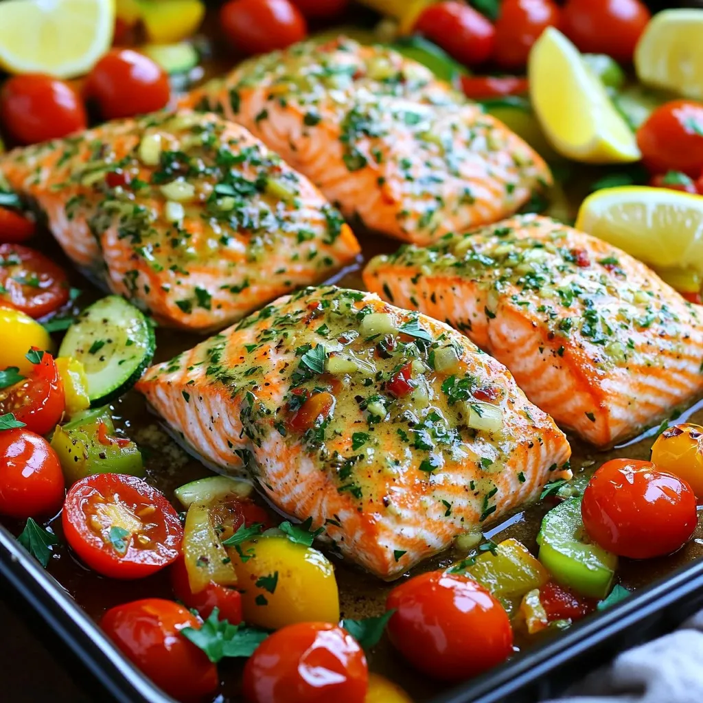- 4 salmon fillets - 2 tablespoons olive oil - 4 cloves garlic, minced - 1 teaspoon dried thyme - 1 teaspoon dried rosemary - 1 teaspoon smoked paprika - 1 cup cherry tomatoes, halved - 1 zucchini, sliced - 1 bell pepper, sliced (any color) - 1 lemon (zest and juice) - Salt and pepper to taste - Fresh parsley, chopped (for garnish) To make this dish, start with the star: salmon. I love using fresh salmon fillets. They are rich in flavor and healthy too. The olive oil adds a nice sheen and helps the flavors meld. Garlic is a must. It brings a tasty punch. I choose dried thyme and dried rosemary for the herbs. They add warmth and depth. Smoked paprika gives a subtle smokiness. It lifts the dish to a gourmet level. For the veggies, cherry tomatoes, zucchini, and bell pepper shine bright. Their colors make the dish pop. They also cook well with salmon, soaking up all the garlic and herb goodness. Lemon zest and juice add freshness. They brighten the whole meal. Salt and pepper are key for seasoning. Fresh parsley at the end brings a burst of color and flavor. This simple mix of ingredients makes a delicious meal. It’s perfect for busy nights when you want something special! 1. Preheat your oven to 400°F (200°C). This heat helps cook the salmon and veggies evenly. 2. Make the garlic herb mixture. In a small bowl, whisk together: - 2 tablespoons olive oil - 4 cloves garlic, minced - 1 teaspoon dried thyme - 1 teaspoon dried rosemary - 1 teaspoon smoked paprika - Zest and juice of 1 lemon - Salt and pepper to taste 1. Place the salmon on one side of a large baking sheet. Drizzle half of the garlic herb mixture over the fillets. 2. Prepare the veggies. In another bowl, mix: - 1 cup cherry tomatoes, halved - 1 zucchini, sliced - 1 bell pepper, sliced (any color) Drizzle the remaining garlic herb mixture over the veggies and toss until they are well coated. 3. Arrange the veggies on the other side of the baking sheet. Make sure everything is in a single layer for even cooking. 1. Bake in the preheated oven for 15-20 minutes. Check if the salmon flakes easily with a fork and if the veggies are tender. 2. Optional: For a crispy salmon skin, broil the salmon for an extra 2-3 minutes at the end of cooking. 3. Remove the baking sheet from the oven once everything is cooked. This method brings out the best flavors in your salmon and veggies, making a delightful meal! To boost the flavor of your salmon and veggies, try adding fresh herbs. Basil, dill, or cilantro can add a bright twist. You can also mix in spices like cumin or coriander for a different taste. For marinades, let the salmon sit in the garlic herb mix for 30 minutes before cooking. This adds depth to the flavor. You can also use yogurt or mustard for tangy marinades. To get the perfect salmon texture, choose fillets that are about the same thickness. This ensures even cooking. Bake the salmon until it flakes easily with a fork. If you want a crispy skin, broil it for a few minutes at the end. For the veggies, cut them into similar sizes. This way, they cook evenly. Toss them well in the herb mix to maximize flavor. For a rustic feel, serve the dish straight from the sheet pan. If you want a fancier look, plate each salmon fillet with a mix of colorful veggies. Garnish with fresh parsley and lemon wedges for a pop of color. Pair this meal with a light white wine like Sauvignon Blanc. It complements the flavors of the salmon beautifully. You can also serve it with a simple side salad or crusty bread for a complete meal. {{image_2}} You can swap the salmon for other fish like trout or cod. Both options have great flavor and cook well. If you prefer a vegetarian dish, consider using firm tofu or tempeh. These protein sources soak up the garlic herb mix beautifully. Try different veggies based on the season. In spring, asparagus and peas shine. In fall, butternut squash and Brussels sprouts work well. You can also mix colorful veggies, like red and yellow bell peppers, to make your dish pop. This adds visual appeal and nutrition. Want a kick? Add chili flakes or sliced peppers to the garlic herb mix. This gives your salmon and veggies a spicy twist. You can also switch up the citrus. Use lime or orange for a fresh zing in your dish. Each option brings a unique taste that brightens the meal. To store leftovers, place the salmon and veggies in an airtight container. This keeps them fresh for up to three days. Keep the leftovers in the fridge. For best results, eat them within two days. To maintain the salmon’s taste and texture, store it separately from the veggies. You can freeze both cooked and uncooked portions. If you freeze cooked salmon, wrap it tightly in plastic wrap and then place it in a freezer bag. Uncooked salmon should also be wrapped well. Use it within three months for the best taste. To thaw, place the salmon in the fridge overnight. This keeps it safe and fresh. For reheating, your best choices are the oven or a skillet. Use the oven at 350°F (175°C) for about 10 minutes. This warms the salmon evenly. If using a skillet, heat it on low and add a splash of water to keep it moist. Avoid the microwave, as it can make the salmon dry. This way, you can maintain both the texture and flavor. It takes about 15 to 20 minutes to cook sheet pan salmon. To check if it's done, look for the salmon to flake easily with a fork. The inside should be a light pink color. If you want a crispier skin, you can broil it for 2 to 3 minutes at the end. Yes, you can use frozen salmon for this recipe. Just add a few extra minutes to the cooking time. Make sure to check the doneness as you cook. It should still flake easily and look light pink when done. Some great veggies to pair with salmon are: - Cherry tomatoes - Zucchini - Bell peppers These vegetables add color and flavor, enhancing the meal. You can also try asparagus, broccoli, or green beans for variety. This blog post covers how to make a delicious sheet pan salmon meal. You learned about main ingredients like salmon, garlic, and fresh veggies. I shared easy steps, helpful tips, and delicious variations. You can swap proteins or try new flavors. In the end, cooking can be simple and fun. Enjoy experimenting with ingredients. Happy cooking!