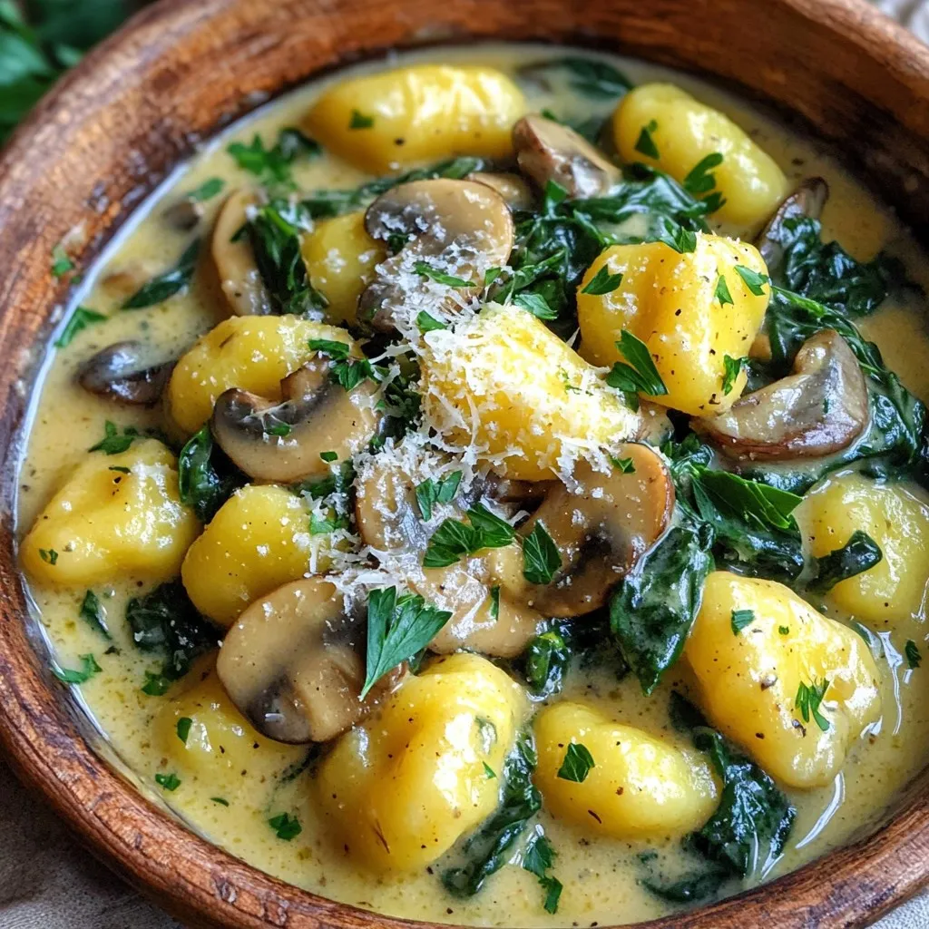 - 1 lb (450g) potato gnocchi - 8 oz (225g) cremini mushrooms, sliced - 3 cups fresh spinach - 1 cup heavy cream - 1 cup vegetable broth - 2 tbsp olive oil - 2 cloves garlic, minced - 1/2 cup grated Parmesan cheese - Salt and pepper to taste - Fresh parsley, chopped (for garnish) You can swap heavy cream with half-and-half or coconut cream for a lighter dish. If you want a cheese change, try feta or goat cheese for a tangy twist. For a vegan option, use almond milk or cashew cream and skip the cheese. This way, you can enjoy the same great taste while meeting your dietary needs. 1. Cooking the garlic and mushrooms Start by heating 2 tablespoons of olive oil in a large pot over medium heat. Once the oil is hot, add 2 cloves of minced garlic. Sauté for about 30 seconds until it smells great. Then, add 8 ounces of sliced cremini mushrooms. Cook these for 5-7 minutes. Stir often until they turn brown and soft. 2. Adding gnocchi, broth, and cream Now, it’s time for the fun part! Add 1 pound of potato gnocchi into the pot. Pour in 1 cup of vegetable broth and 1 cup of heavy cream. Stir everything well so it mixes nicely. 1. Simmering instructions Bring the mix to a gentle simmer. Cook for about 5-6 minutes. The gnocchi should be soft and soak up some cream. Stir occasionally, so nothing sticks to the bottom. 2. Adding spinach and cheese After the gnocchi is ready, toss in 3 cups of fresh spinach and 1/2 cup of grated Parmesan cheese. Give it a good stir until the spinach wilts and the cheese melts. Season with salt and pepper to your taste. - Recommended presentation tips Serve your creamy gnocchi in bowls. Don’t forget to sprinkle some fresh chopped parsley on top. A little extra Parmesan cheese makes it look even better! - Pairing ideas with side dishes This dish pairs well with a light salad or crusty bread. A glass of white wine also complements it nicely. Enjoy your meal! How to prevent gnocchi from sticking To keep gnocchi from sticking, use enough water when cooking. Boil water in a large pot. Add salt to the water before cooking. This helps flavor and keeps the gnocchi from clumping. Stir gently when you add the gnocchi. This will help them float and cook evenly. Best practices for sautéing mushrooms Start with a hot pan and add olive oil first. Wait until the oil shimmers before adding mushrooms. This helps them brown nicely. Avoid crowding the pan; work in batches if needed. Stir often, but not too much. Let them sit for a minute to get that nice color. Adding herbs and spices for additional flavors Fresh herbs like thyme or basil can boost flavor. Add them in the last few minutes of cooking. You can also use dried herbs; just remember they are stronger. A pinch of red pepper flakes adds heat if you like spice. Don't forget salt and pepper to taste! Adjusting creaminess levels If you want a creamier dish, add more heavy cream. Start with a splash and mix it in. You can also use cream cheese for a thicker sauce. For a lighter option, try half-and-half instead of heavy cream. This will change the flavor but still taste great. One-pot meal efficiency This dish cooks in one pot, saving you time on cleanup. You can sauté, boil, and simmer all in the same pan. This makes it perfect for busy nights or quick meals. Just follow the steps, and you’ll have dinner ready in about 25 minutes. Prepping ingredients in advance Chop mushrooms and garlic ahead of time. You can store them in the fridge for a day. Measure out your cream and broth too. This saves time when you are ready to cook. Having everything ready makes the cooking process smooth and easy. {{image_2}} You can easily play with the types of mushrooms in this dish. While cremini mushrooms offer a great flavor, you might try shiitake or button mushrooms. They each bring a unique taste that can change the dish's vibe. If you want to swap the greens, kale or arugula work well too. Both add a nice crunch and a bit of peppery flavor. Just toss them in when you add the spinach, and let them wilt in the creamy sauce. For those needing gluten-free options, use gluten-free gnocchi. Many brands offer this choice, so check your local store. The rest of the recipe remains the same, keeping it just as tasty. If you're watching calories, try using light cream instead of heavy cream. You can also reduce the cheese or use a lower-fat cheese. This keeps the dish creamy without all the extra calories. Using seasonal vegetables can add fresh flavors. In spring, consider adding asparagus or peas. In fall, pumpkin or butternut squash can work great. They change the taste and make the dish feel special. Adjusting flavors for different seasons can also enhance the dish. In the winter, add some nutmeg or thyme for warmth. In summer, a squeeze of lemon juice can brighten the flavors. To store your creamy mushroom spinach gnocchi, follow these steps: - Let the dish cool to room temperature. - Transfer it to an airtight container. - Store it in the fridge for up to 3 days. For freezing: - Place the cooled gnocchi in a freezer-safe container. - It lasts in the freezer for up to 2 months. - Make sure to label the container with the date. To reheat without changing texture: - Use a skillet over low heat. - Add a splash of vegetable broth or cream. - Stir gently until heated through. For restoring creaminess: - Mix in a little extra heavy cream while reheating. - Avoid high heat to keep the sauce smooth. In the fridge, your gnocchi lasts about 3 days. After that, it may lose flavor or texture. Signs to know if it’s gone bad: - A sour smell or off-color indicates spoilage. - If you see mold, discard it immediately. Can I make this dish ahead of time? You can prepare the creamy mushroom spinach gnocchi ahead of time. Cook it fully and let it cool. Store it in the fridge for up to 2 days. When ready to eat, reheat it gently on the stove. Add a splash of cream or broth if it seems dry. What can I serve with creamy mushroom spinach gnocchi? This dish pairs well with a simple salad or garlic bread. A light green salad with a lemon dressing complements the dish nicely. You can also serve it with roasted veggies for extra flavor and nutrients. How do I know when the gnocchi is cooked? The gnocchi is ready when it floats to the top of the pot. This usually takes around 5-6 minutes in the creamy sauce. You can also taste one to check its texture; it should be soft and tender. Can I use frozen gnocchi for this recipe? Yes, you can use frozen gnocchi. There is no need to thaw it first. Just add it directly to the pot with the sauce. The cooking time may be a bit longer, so keep an eye on it. Can I omit the cheese, or is it necessary? You can skip the cheese if you prefer. The dish will still taste good but may lack some creaminess. You can add nutritional yeast for a cheesy flavor without the dairy. What other vegetables can I add to this dish? Feel free to mix in other veggies like peas, zucchini, or bell peppers. Just add them at the same time as the mushrooms. This will ensure they cook properly and blend well with the dish. This blog post covered the delicious creamy mushroom spinach gnocchi. We explored the key ingredients, including gnocchi, mushrooms, and cream. I shared tips on cooking, storage, and variations to try. You can even customize the dish for different diets or seasons. In the end, I hope you feel inspired to create this dish. Enjoy it with your favorite sides. Happy cooking!