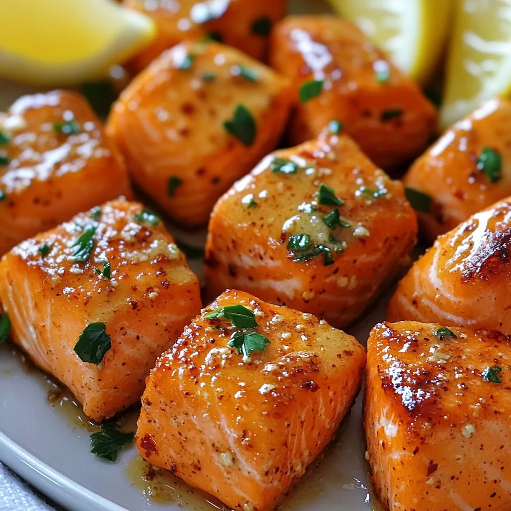 - 1 lb fresh salmon fillet, skin removed and cut into bite-sized cubes - 3 tablespoons unsalted butter, melted - 4 cloves garlic, minced - 1 tablespoon fresh parsley, chopped - 1 teaspoon lemon zest - 1/2 teaspoon paprika - Salt and black pepper to taste - Lemon wedges, for serving The main ingredients for this dish are fresh salmon, butter, garlic, and parsley. Fresh salmon gives the bites a soft texture. I love using unsalted butter for a rich flavor. Minced garlic adds a nice punch, while fresh parsley brightens up the dish. The seasonings are simple yet effective. Lemon zest adds a fresh kick, and paprika brings warmth. Salt and black pepper enhance all the flavors. Finally, serving the salmon bites with lemon wedges adds a zesty touch that balances richness. Gathering these ingredients is the first step to making your air fryer garlic butter salmon bites. You can find them at any grocery store. Use the freshest salmon you can find for the best taste. Happy cooking! First, melt the butter in a bowl. Add minced garlic, chopped parsley, lemon zest, paprika, salt, and black pepper. Mix everything well to create a flavorful marinade. This garlic butter mix will make your salmon bites taste amazing. Next, take the salmon fillet and cut it into bite-sized cubes. Add these cubes to the bowl with the marinade. Toss gently until each piece is well coated. Let the salmon marinate for 15 to 20 minutes. This wait adds flavor to the fish. While the salmon marinates, preheat your air fryer to 380°F (190°C). This step is important for even cooking. It will take about five minutes to reach the right temperature. After preheating, place the marinated salmon bites in the air fryer basket. Make sure they are in a single layer and not touching. This helps them cook evenly. Air fry the salmon for 8 to 10 minutes. Flip the bites halfway through to ensure they cook on all sides. You want the salmon to be cooked through and lightly golden outside. Once the salmon bites are done, carefully remove them from the air fryer. For garnish, sprinkle extra chopped parsley on top. Add lemon wedges on the side for a fresh touch. Serve the salmon bites right away for the best flavor. Enjoy this delicious treat! To get the best flavor from your salmon bites, marination is key. Letting the salmon soak in the garlic butter mix for 15-20 minutes brings out its rich taste. This time allows the garlic and herbs to soak into the fish. The more time you give it, the tastier it becomes. For seasoning, use fresh ingredients. Fresh parsley adds a burst of color and flavor. Lemon zest brightens up the dish, making it fresh and zesty. Don’t skip the salt and pepper; they enhance all the flavors. Mix them well with the marinade to ensure even coverage. Monitoring the cooking time is essential. Set your air fryer to 380°F (190°C). Cook the salmon bites for 8-10 minutes. Flip them halfway through to ensure even cooking. The salmon should be golden on the outside and tender inside. To avoid overcooking, keep an eye on them. If the pieces are smaller, they may cook faster. Use a fork to test for doneness. The fish should flake easily when fully cooked. If it feels firm, give it a bit more time. Enjoy those perfectly cooked garlic butter salmon bites! {{image_2}} You can mix things up with different herbs and spices. Try dill or thyme instead of parsley for a new taste. You can also add a pinch of cayenne for some heat. If you want a different flavor, use garlic powder instead of fresh garlic. You can switch the salmon for other fish too. Cod or trout works great. These fish will soak up the garlic butter well. Just make sure they are cut into bite-sized pieces like the salmon. To make a complete meal, pair your salmon bites with tasty sides. A fresh salad with lemon dressing makes a great match. You might also enjoy roasted vegetables or rice on the side. For dipping sauces, consider a tangy tartar sauce or a creamy garlic aioli. You can also serve them with a zesty yogurt sauce. These dips will add even more fun to your meal. Don't be afraid to experiment! To keep your salmon bites fresh, store them in an airtight container. This helps seal in flavor and moisture. You can keep them in the fridge for up to three days. If you want to save them longer, you can freeze the bites. Wrap them tightly in plastic wrap and then place them in a freezer bag. They will stay good for about two months in the freezer. When it's time to enjoy your leftovers, the air fryer is the best choice. Preheat your air fryer to 350°F (175°C). Place the salmon bites in a single layer in the basket. Heat them for about 5-7 minutes until they are warm and crispy. This method keeps the texture just right. Avoid using the microwave, as it can make the salmon too soggy. Enjoy your tasty bites as if they were just made! To cut salmon for bites, start with a fresh fillet. Place the fillet on a cutting board. Use a sharp knife for clean cuts. Cut the salmon into even cubes, about one inch each. This size helps the salmon cook evenly. Make sure to remove any skin before cutting. Always remember to wash your hands after handling raw fish. Yes, you can use frozen salmon. Just make sure to thaw it first. Place the frozen salmon in the fridge overnight. If you're short on time, you can thaw it in cold water. Once thawed, pat it dry with paper towels. This helps the garlic butter marinade stick better. To know when salmon is done, check its color. Cooked salmon should be opaque and flaky. Use a fork to test it; it should easily flake apart. The internal temperature should reach 145°F (63°C). A meat thermometer is a great tool for this. If you see any raw-looking areas, give it a bit more time in the air fryer. This blog post shared how to make delicious salmon bites using simple steps. We explored key ingredients like fresh salmon, butter, and garlic. I also detailed the process, from marinating the fish to air frying it perfectly. Remember to experiment with flavors and serve them with tasty dips. With these tips, you can enjoy great salmon bites anytime. Now, you’re ready to create a dish that impresses!