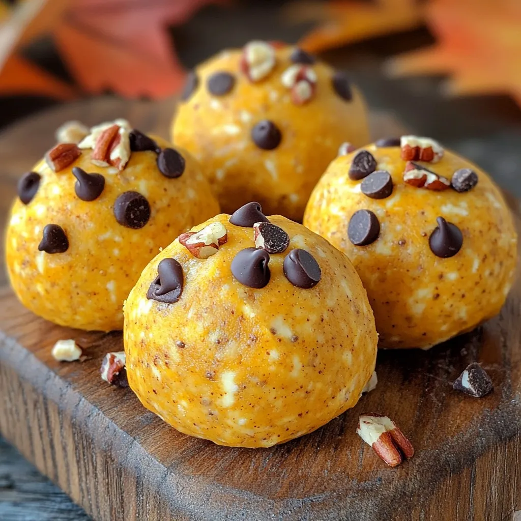 To make No-Bake Pumpkin Cheesecake Energy Balls, you need simple ingredients. Here’s what to gather: - 1 cup rolled oats - 1/2 cup pumpkin puree - 1/4 cup cream cheese, softened - 1/4 cup maple syrup - 1/2 teaspoon vanilla extract - 1/2 teaspoon ground cinnamon - 1/4 teaspoon ground nutmeg - 1/4 cup chopped pecans (optional) - 1/4 cup chocolate chips (optional) Each ingredient plays a key role. Rolled oats give a nice base. The pumpkin puree adds moisture and flavor. Cream cheese brings a creamy texture, while maple syrup sweetens without being too heavy. Vanilla extract gives a warm scent. Ground cinnamon and nutmeg enhance the spice profile. You can also add chopped pecans or chocolate chips for extra fun. These optional add-ins add crunch or sweetness. Feel free to mix and match based on your taste. The beauty of these energy balls is their flexibility. Enjoy making your own version! Mixing Dry Ingredients Start by mixing the dry ingredients. In a large bowl, add 1 cup of rolled oats. This will give your energy balls a hearty base. Then, sprinkle in 1/2 teaspoon of ground cinnamon and 1/4 teaspoon of ground nutmeg. These spices add warmth and flavor. Adding Wet Ingredients Next, add the wet ingredients to the bowl. Pour in 1/2 cup of pumpkin puree. This gives the balls a nice fall flavor. Add 1/4 cup of softened cream cheese for creaminess. Then, drizzle in 1/4 cup of maple syrup and 1/2 teaspoon of vanilla extract. Mix everything well until the ingredients combine smoothly. Incorporating Optional Ingredients If you want extra crunch, fold in 1/4 cup of chopped pecans. You can also add 1/4 cup of chocolate chips for a sweet touch. These are optional, but they make the energy balls even more delicious. Rolling the Mixture Now it’s time to shape the mixture. Take about 1 tablespoon of the mixture and roll it into a ball using your hands. This step is fun and gives each ball a nice shape. Keep rolling until you form all the mixture into balls. Placing on Baking Sheet Once rolled, place each ball on a baking sheet lined with parchment paper. This helps prevent sticking. Make sure to leave some space between the balls, so they don’t touch each other. Refrigeration Time After placing the balls on the baking sheet, it’s important to chill them. Put the baking sheet in the fridge for at least 30 minutes. This cooling time helps them firm up. Importance of Firming Up Chilling the energy balls makes them easier to eat. It also helps the flavors blend together. Once they are set, you can enjoy them right away or store them for later. Achieving the Right Texture To get the right texture for your energy balls, use the right mix of wet and dry ingredients. The oats should soak up moisture from the pumpkin and cream cheese. If the mix is too dry, add a splash of maple syrup. If it’s too wet, add more oats. You want a dough that sticks together but isn’t too sticky. Tips for Easier Rolling Rolling the mixture into balls can be tricky. To make it easier, wet your hands with water. This helps keep the mixture from sticking. You can also chill the mixture for about 10 minutes before rolling. This makes it firmer and easier to shape. Suggestions for Additional Spices You can spice up your energy balls with more than just cinnamon and nutmeg. Try adding a pinch of ginger or allspice for warmth. A dash of clove can also add a nice touch. Experiment with what you have on hand to make them uniquely yours. Using Different Sweeteners Maple syrup is a great choice, but you can switch it up. Honey or agave syrup works well too. If you want less sugar, use mashed bananas or applesauce. Adjust the amount based on your taste. Creative Serving Suggestions Serve these energy balls in a fun way. Arrange them on a colorful plate for a party. You can also stack them in a jar for a rustic look. They make great snacks for kids and adults alike. Packaging for Gifts These energy balls make lovely gifts! Use small boxes or cellophane bags to package them. Add a ribbon for a special touch. Gift them to friends or family during the holidays, and they will surely appreciate the thought. {{image_2}} You can mix up the flavors of these energy balls easily. Try adding different spices. Swap ground nutmeg for a hint of ginger. This change adds warmth and zest. You can also experiment with extracts. Almond extract gives a great twist instead of vanilla. For seasonal add-ins, consider cranberries or dried apples. These fruits add a sweet, chewy texture. You can even use pumpkin spice mix for extra flavor. This keeps the energy balls festive and fun. If you need gluten-free options, use certified gluten-free oats. Many brands offer this choice. Make sure to check the labels. For a vegan version, swap cream cheese with a plant-based cream cheese. Agave syrup or maple syrup works well instead of honey. These changes keep the flavor rich and creamy while meeting dietary needs. Pair these energy balls with dips like yogurt or nut butter. This adds a creamy touch and extra protein. You can also serve them with a smoothie or a cup of tea. For a fun twist, serve them at parties with a fruit platter. They look great and taste amazing alongside fresh fruits! Store your No-Bake Pumpkin Cheesecake Energy Balls in an airtight container. This keeps them fresh and tasty. Place the container in the fridge. It helps to keep the energy balls cool and firm. These energy balls stay fresh for up to one week in the fridge. To make them last longer, always check for any signs of spoilage. If they smell off or look strange, it's best to throw them away. You can freeze the energy balls if you want to keep them longer. Just place them in an airtight container or freezer bag. Make sure to label the bag with the date. When you want to eat them, thaw them in the fridge overnight. They'll taste just as good as fresh! The prep time for these energy balls is just 15 minutes. You can mix the ingredients quickly. After that, chill them for 30 minutes. This makes a total time of 45 minutes for the whole recipe. Yes, you can make these energy balls ahead of time. They last up to one week in the fridge. Store them in an airtight container to keep them fresh. This makes them perfect for snacks or quick treats. If you need a substitute for cream cheese, try using Greek yogurt. It has a similar texture and adds protein. You can also use vegan cream cheese if you want a dairy-free option. You can have fun with toppings! Roll the energy balls in crushed nuts, shredded coconut, or cocoa powder. You can also drizzle melted chocolate or add a sprinkle of sea salt for extra flavor. Mix and match to find your favorite! These No-Bake Pumpkin Cheesecake Energy Balls are simple and tasty. We covered ingredients, step-by-step prep, and helpful tips. You can easily customize flavors and adapt for various diets. Make these energy balls ahead of time and store them right. They are perfect for snacks or gifts. With a few modifications, you can enjoy these no-bake treats anytime. Enjoy making and eating these delicious energy balls!
