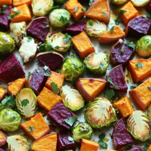 To make this dish, gather these fall veggies: - 2 medium sweet potatoes, peeled and cubed - 1 large beet, peeled and cubed - 1 cup Brussels sprouts, halved - 1 red onion, cut into wedges - 2 carrots, sliced These vegetables bring color and flavor to your meal. Sweet potatoes add a creamy texture. Beets give a slight earthiness. Brussels sprouts and red onion add a nice crunch. Carrots add a hint of sweetness. For the tahini drizzle, you will need: - ¼ cup tahini - 2 tablespoons lemon juice - 1 tablespoon maple syrup - 2 tablespoons water (adjust as necessary) Tahini is a nutty paste made from sesame seeds. It adds richness to the dish. Lemon juice brings a fresh taste. Maple syrup gives it a touch of sweetness. Water helps to thin the sauce for easy drizzling. For seasoning and to enhance the flavors, use: - 3 tablespoons olive oil - 1 teaspoon smoked paprika - Salt and pepper to taste - Fresh parsley, chopped for garnish Olive oil helps the veggies roast nicely. Smoked paprika adds a warm, smoky flavor. Salt and pepper bring all the tastes together. Fresh parsley gives a bright finish and makes the dish look pretty. First, gather your fall veggies. You will need sweet potatoes, beets, Brussels sprouts, red onion, and carrots. Start by peeling the sweet potatoes and beets. Then, cube them into bite-sized pieces. Halve the Brussels sprouts and cut the red onion into wedges. Slice the carrots. Place all the chopped veggies into a large mixing bowl. Next, drizzle the veggies with olive oil. Use three tablespoons for a nice coating. Add one teaspoon of smoked paprika, plus salt and pepper to taste. Toss everything well. This ensures the spices and oil cover every piece of vegetable. Now, it's time to roast! Preheat your oven to 425°F (220°C). Line a sheet pan with parchment paper for easy cleanup. Spread the veggie mixture in a single layer on the pan. This helps them cook evenly. Roast the veggies in the oven for 25-30 minutes. Halfway through, give them a good stir. This helps them caramelize and cook evenly. You want the veggies to be tender with a nice golden color. While the veggies roast, prepare the tahini drizzle. In a small bowl, whisk together ¼ cup of tahini, 2 tablespoons of lemon juice, and 1 tablespoon of maple syrup. Add 2 tablespoons of water to help thin it out. If it's too thick, add more water until it’s pourable. Finally, season with a pinch of salt. Once the veggies are done roasting, take them out of the oven. Let them cool slightly before drizzling the tahini sauce over the top. Toss gently to mix everything together. For a touch of color, sprinkle fresh parsley on top before serving. Enjoy your delicious sheet-pan fall veggies! Cut all your veggies into similar sizes. This helps them cook at the same rate. For sweet potatoes and beets, aim for 1-inch cubes. For Brussels sprouts, cut them in half. Slice the carrots into rounds, about ½ inch thick. The red onion can be cut into wedges. This way, everything roasts nicely and gets tender. Set your oven to 425°F (220°C) for high heat. This helps the veggies caramelize well. Spread the veggies out on the sheet pan in one layer. If they are too close, they will steam instead of roast. Stir them halfway through cooking. This ensures they brown evenly and do not stick. To make the tahini drizzle just right, mix tahini with lemon juice, maple syrup, and water. Start with 2 tablespoons of water. If it seems too thick, add more water a little at a time. You want it pourable but not runny. Taste it and add a pinch of salt for flavor. Adjust until you love the taste. {{image_2}} You can swap in many veggies for this dish. Try using butternut squash for sweetness. Cauliflower adds a nice crunch. Zucchini works well too; just cut it thick. You can also add parsnips for a unique flavor. Mixing colors makes the dish even more appealing. Want to spice up your tahini drizzle? Add garlic for a bold taste. A pinch of cayenne can give it heat. You might try adding herbs like dill or cilantro. For a nutty twist, mix in some ground sesame seeds. Each tweak offers a new flavor to discover. Serve the veggies hot right from the pan. Pair them with quinoa for protein. A side of roasted chicken adds heartiness. You can also serve them on a bed of greens. A sprinkle of feta cheese gives a salty contrast. These options create a balanced meal. After enjoying the sheet-pan fall veggies, you may have some leftovers. To store them, let the veggies cool down first. Then, place them in an airtight container. Make sure the container is clean and dry. Store it in the fridge. Your leftovers will stay fresh for up to 3 days. When you're ready to eat the leftovers, reheating is easy. Preheat your oven to 350°F (175°C). Spread the veggies on a baking sheet. Heat them for about 10-15 minutes. This will help them warm up and regain some crispness. You can also use a microwave if you’re in a hurry. Heat them for 1-2 minutes until warm. If you want to save the veggies for later, you can freeze them. First, let the cooked veggies cool completely. Then, spread them on a baking sheet in a single layer. Freeze them for about 1-2 hours. Once frozen, transfer them to a freezer bag. Remove as much air as possible. You can store them in the freezer for up to 3 months. When you’re ready to eat, simply thaw them overnight in the fridge before reheating. Yes, you can use other oils for roasting. I often use avocado oil or canola oil. Both oils have a high smoke point and work well at high heat. They can add a different flavor too. Olive oil is great, but it can burn if the heat is too high. Just remember to pick an oil you like. Tahini gives the drizzle a creamy texture and nutty flavor. It’s not the only option, though. You can swap it for almond butter or cashew butter for a different taste. If you want a lighter drizzle, mix yogurt or a nut-free spread with lemon juice. The key is to have something smooth and tasty. This dish is already vegan when you use maple syrup in the tahini drizzle. Just make sure all your ingredients are plant-based. Double-check the olive oil and veggies as well. They are naturally vegan, so you’re good there! Enjoy this dish without any animal products. This blog post shared a simple way to enjoy fall vegetables. You learned the right ingredients, like seasonal veggies and tahini drizzle. We covered how to prepare, roast, and make the drizzle. You also got tips for cutting and cooking, along with ways to adjust flavors. Consider variations to mix things up and storage tips for leftovers. Embrace these methods to make a tasty, healthy dish. Try it and enjoy fresh flavors!