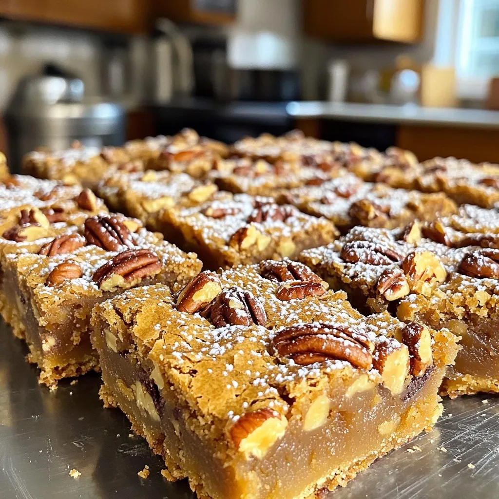 - 1 cup unsalted butter, melted - 1 cup packed brown sugar - 1/2 cup granulated sugar - 2 large eggs - 1 teaspoon vanilla extract - 2 cups all-purpose flour - 1 teaspoon baking powder - 1/2 teaspoon salt - 1 cup pecans, roughly chopped - 1/2 cup semi-sweet chocolate chips (optional) For these Brown Sugar Pecan Pie Blondies, you need simple ingredients that pack a lot of flavor. The butter gives richness, while the brown sugar adds a deep, caramel taste. The granulated sugar balances the sweetness. You will use two large eggs to help bind the mix. A teaspoon of vanilla extract brings warmth to the dessert. The flour provides structure, and the baking powder helps them rise. Salt enhances all the flavors, so don’t skip it! Pecans add a crunchy texture and nutty flavor. If you like, toss in some semi-sweet chocolate chips for extra sweetness and a fun twist. This combo creates a dessert that is rich, chewy, and oh-so-decadent. - Mixing bowls - Whisk and spatula - 9x13 inch baking pan - Measuring cups and spoons To make these blondies, gather a few tools. You need mixing bowls to combine your ingredients. A whisk is perfect for mixing the wet ingredients. A spatula helps fold in the pecans and chocolate chips. Use a 9x13 inch baking pan to give the blondies their shape. Measuring cups and spoons will ensure you have the right amounts for each ingredient. Having these tools on hand will make your baking process smooth and fun! - Preheat oven to 350°F (175°C). - Grease a 9x13 inch baking pan. Start by preheating your oven. This step ensures even baking. Greasing the pan prevents the blondies from sticking. Use a little butter or cooking spray for best results. - Combine melted butter with both sugars. - Incorporate eggs and vanilla extract. - Whisk dry ingredients and combine with wet ingredients. In a large bowl, mix the melted butter with brown sugar and granulated sugar. Stir until smooth. Then add eggs, one at a time, mixing well. Next, pour in the vanilla extract for flavor. In another bowl, whisk together flour, baking powder, and salt. Gradually mix this dry blend into your wet mixture. Be careful not to overmix; just combine until smooth. - Fold in pecans and chocolate chips. - Bake the batter in the oven. - Cooling time before cutting. Now it’s time to fold in the chopped pecans. If you want extra sweetness, add chocolate chips too. Spread the batter in the greased pan evenly. Bake for 25 to 30 minutes. You know they’re done when the top is golden brown. A toothpick should come out clean. Let the blondies cool in the pan for at least 15 minutes before cutting them into squares. This cooling step helps them set properly, making for easier serving. To make the best blondies, avoid overmixing the batter. When you add the dry ingredients, mix until just combined. Overmixing can make the blondies tough. You want them to be soft and chewy. To check for doneness, use a toothpick. Insert it into the center of the blondies. If it comes out clean or with a few crumbs, they are ready. If the toothpick has wet batter, bake for a few more minutes. Serve your blondies warm or at room temperature. Warm blondies taste great and have a soft texture. Room temperature blondies are easier to slice and serve. For a special touch, pair them with ice cream. Vanilla ice cream is a classic choice. You can also add toppings like whipped cream or caramel sauce. These extras make your dessert even more enjoyable! {{image_2}} You can swap out pecans for other nuts. Walnuts add a nice crunch. They have a strong flavor that pairs well with brown sugar. Almonds are another great choice. They give a lighter taste and a different texture. Just chop them roughly, just like the pecans. This helps them blend well into the batter. Want to make your blondies stand out? Add spices like cinnamon or nutmeg. These warm spices bring a cozy vibe to your dessert. They blend well with the sweetness of brown sugar. You can also change the chocolate chips. Try using white chocolate or butterscotch chips. These will add a creamy sweetness. Just remember to adjust the amount to your taste. Each of these changes makes the recipe yours. Enjoy experimenting! To store your Brown Sugar Pecan Pie Blondies at room temperature, follow these steps: - Once cool, cut the blondies into squares. - Place them in an airtight container. - Keep the container in a cool, dry spot. These blondies will stay fresh for up to three days. The sweet smell will fill your kitchen! For longer storage, refrigeration is a great option. - Wrap the blondies tightly in plastic wrap. - Place the wrapped blondies in an airtight container. - Store them in the fridge for up to a week. This helps maintain their rich flavor and moist texture. If you want to freeze them, here's how: - Cut the blondies into squares. - Wrap each piece in plastic wrap. - Place them in a freezer-safe bag or container. - Label the bag with the date. You can freeze them for up to three months. When you're ready to enjoy, let them thaw at room temperature or warm them in the oven. Can I use light brown sugar instead of dark brown sugar? Yes, you can. Light brown sugar has less molasses than dark brown sugar. This change will make your blondies a bit lighter in flavor. The texture will stay the same. If you want a richer taste, stick with dark brown sugar. How do I know when the blondies are done baking? To check for doneness, insert a toothpick into the center. If it comes out clean or with a few moist crumbs, they are done. The top should look golden brown. Remember, they will continue to cook a bit after you take them out. Can I make these blondies ahead of time? Yes! You can prepare the batter and store it in the fridge for up to two days. Just cover it well. When you're ready to bake, let it sit at room temperature for about 30 minutes before pouring it into the pan. Enjoy fresh blondies anytime! Now you know how to make delicious blondies from scratch. We covered the main ingredients, necessary equipment, and step-by-step instructions. Remember the tips to avoid overmixing and to check for doneness. You can also try different nuts and flavors. Lastly, I explained how to store them properly. Enjoy making these treats and share them with friends. With a few simple steps, you'll create a sweet snack everyone will love. Happy baking!