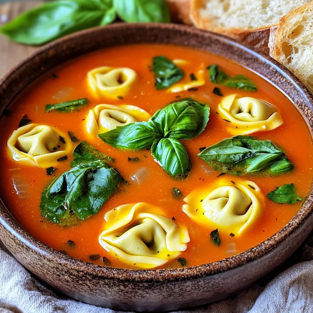 - 1 tablespoon olive oil - 1 medium onion, diced - 3 cloves garlic, minced - 1 can (28 oz) crushed tomatoes - 4 cups vegetable broth - 1 teaspoon dried basil - 1 teaspoon dried oregano - 1/2 teaspoon red pepper flakes (optional) - Salt and pepper to taste These main ingredients form the base of your creamy tomato basil tortellini soup. The olive oil adds richness, while the onion and garlic provide a savory depth. The crushed tomatoes give a bright, tangy flavor. The vegetable broth enhances the soup's heartiness. Dried basil and oregano offer classic Italian taste, while red pepper flakes can add a touch of heat if you choose. - 2 cups fresh baby spinach - 1 package (9 oz) cheese tortellini (fresh or frozen) - 1 cup heavy cream - Fresh basil leaves for garnish The additional ingredients elevate the soup to a new level. Fresh baby spinach adds color and nutrients. Cheese tortellini brings a satisfying bite. The heavy cream gives the soup its creamy texture and smoothness. Finally, a sprinkle of fresh basil leaves on top not only looks great but also boosts flavor. Together, these ingredients create a comforting meal that's perfect for any day. Start by sautéing onions and garlic. In a skillet, heat 1 tablespoon of olive oil over medium heat. Add 1 medium diced onion and cook for about 5 minutes until it turns translucent. Stir in 3 minced garlic cloves for 1 more minute. The aroma will fill your kitchen! Transfer the sautéed onions and garlic to a slow cooker. Next, add 1 can of crushed tomatoes and 4 cups of vegetable broth. Sprinkle in 1 teaspoon of dried basil and 1 teaspoon of dried oregano. If you like heat, add 1/2 teaspoon of red pepper flakes. Season with salt and pepper to taste. Stir everything well to mix the flavors. Cover the slow cooker and choose your cooking time. You can cook on low for 5 to 6 hours or use the high setting for 2 to 3 hours. The longer you cook, the more the flavors blend. About 30 minutes before you plan to serve, stir in 1 package (9 oz) of cheese tortellini and 2 cups of fresh baby spinach. Cover and let it cook until the tortellini is tender. Once the tortellini is cooked, gently stir in 1 cup of heavy cream. Let it heat through for about 5 minutes. Taste and adjust the seasoning if needed. To prevent overcooking, keep an eye on the time. Cooking on low for 5-6 hours works best. If you choose high, stick to 2-3 hours. Always check if the tortellini is tender before serving. If it’s overcooked, it can become mushy. Adjusting the seasoning is key. Taste the soup before serving. You might want to add more salt or pepper. If you like it spicy, add more red pepper flakes. Fresh basil can also boost the flavor. Just tear it and stir in right before serving. For a lovely presentation, serve the soup in deep bowls. Top each bowl with fresh basil leaves. This adds color and freshness. Pair it with crusty bread for dipping. A sprinkle of extra basil on top makes it even more appealing. {{image_2}} You can add chicken or sausage for a heartier soup. Cook bite-sized pieces of chicken or sausage in a skillet until golden. Then, add them to your slow cooker with the other ingredients. This boosts protein and adds great flavor. If you want a vegan option, swap the cheese tortellini for a plant-based kind. You can find vegan tortellini at some grocery stores. Use vegetable broth instead of regular broth. This keeps the soup tasty and vegan-friendly. For gluten-free diets, choose gluten-free pasta. Many brands offer gluten-free tortellini that cooks well in soup. Also, check the broth label to ensure it’s gluten-free. This way, everyone can enjoy the soup without worry. How long does the soup last in the fridge? You can store this creamy tomato basil tortellini soup in the fridge for about 3 to 4 days. Make sure to keep it in an airtight container. This helps to lock in the flavors and keeps the soup fresh. If you notice any odd smells or changes in texture, it's best to throw it out. Best practices for freezing and reheating To freeze the soup, let it cool completely. Pour it into freezer-safe bags or containers. Leave some space for the soup to expand as it freezes. It can last up to 3 months in the freezer. When you are ready to eat it, thaw it overnight in the fridge. This keeps the taste and texture nice. Recommended methods for reheating the soup For reheating, you can use the stovetop or microwave. If using the stovetop, warm it in a pot over medium heat. Stir often to prevent sticking. For the microwave, heat it in a bowl. Start with 1 minute, then stir and check if it's hot enough. You can add a splash of water or broth if it seems too thick. Enjoy your warm soup! Yes, you can use frozen tortellini. Just add it to the soup about 30 minutes before it’s done. The cooking time will stay the same, but the texture may change a bit. Frozen tortellini cooks well and adds great flavor to the soup. If you want a lighter soup, you can use milk or half-and-half instead of heavy cream. Coconut milk also works if you want a dairy-free option. Each choice will give a different taste, but they all keep the soup creamy and delicious. This recipe has a hint of spice because of the red pepper flakes. If you don’t like spice, you can skip them. You can also add less or more, based on your taste. Adjusting the spice level makes it easy to enjoy this soup however you like. This article showed you how to make a tasty slow cooker soup. You learned about key ingredients like olive oil, crushed tomatoes, and herbs. I shared easy steps for preparing, cooking, and adding the right touch at the end. You also got tips for flavor boosts and storage. Remember, you can make this soup your own with different proteins or vegetarian options. Enjoy your warm bowl of soup, and don’t forget to try out your favorite variations. Happy cooking!