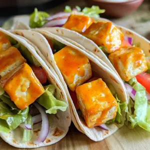 - 1 block (14 oz) firm tofu, drained and pressed - 1/2 cup buffalo sauce - 1 tablespoon olive oil - 1 teaspoon garlic powder - 1 teaspoon onion powder - Salt and pepper to taste - 4 large whole wheat tortillas or wraps - 1 cup lettuce, shredded - 1/2 cup diced tomatoes - 1/4 cup red onion, thinly sliced - 1/2 cup vegan ranch dressing (optional) These ingredients create a tasty and crisp meal. The firm tofu absorbs the spicy buffalo sauce well. The olive oil adds a nice texture. The garlic and onion powders give it great flavor. Whole wheat tortillas wrap everything up nicely. Feel free to add your favorite veggies or toppings. Here are some ideas to mix it up: - Avocado slices for creaminess - Cucumber for crunch - Jalapeños for extra heat - Fresh herbs like cilantro or parsley Adding these options makes each wrap unique. You can adjust flavors to your liking. Each wrap provides a good balance of protein and fiber. Tofu is a great source of plant-based protein. Whole wheat tortillas boost fiber, helping you feel fuller longer. The veggies add vitamins and minerals. A wrap with tofu and veggies can be a healthy meal. If you use vegan ranch, it adds creaminess without dairy. These Air Fryer Buffalo Tofu Wraps are a fun and tasty way to enjoy a meatless dish. You can customize them to match your taste. Don't hesitate to explore different flavors! Start by draining and pressing your tofu. Use a clean towel to remove excess water. Cut the tofu into bite-sized cubes. In a large bowl, add the cubed tofu. Drizzle olive oil over the tofu. Sprinkle garlic powder, onion powder, salt, and pepper. Toss gently until the tofu is well coated. Preheat your air fryer to 375°F (190°C). Place the tofu cubes in a single layer in the basket. Make sure they’re not overcrowded. Cook for 15 to 18 minutes. Shake the basket halfway through for even cooking. The tofu should look crispy and golden brown when done. Once the tofu is crispy, transfer it to a mixing bowl. Pour in the buffalo sauce. Toss the tofu gently until every piece is coated. This adds a spicy kick to your tofu. Lay a large tortilla flat on a clean surface. Start with a generous layer of shredded lettuce in the center. Next, add the spicy buffalo tofu on top. Then, sprinkle diced tomatoes and thinly sliced red onion. If you like, drizzle some vegan ranch dressing for a creamy touch. Fold the sides of the tortilla inward. Make sure to cover the filling. Then, roll the tortilla tightly from the bottom to the top. This secures all your tasty fillings inside. Slice the wraps in half diagonally for easy eating. Serve them right away. You can add extra buffalo sauce or ranch dressing on the side. Enjoy these wraps warm for the best flavor and texture! To get crispy tofu, start with firm tofu. Drain it well and press it to remove excess water. Cut the tofu into small cubes. Toss the cubes in olive oil and seasonings. Use enough oil to coat each piece. Air fry at 375°F for 15-18 minutes. Shake the basket halfway through. This helps the tofu cook evenly. The end result will be golden and crispy! You can use any buffalo sauce you like. For a mild flavor, try a classic brand. If you want heat, look for extra spicy options. You can also make your own sauce. Mix hot sauce with melted vegan butter. Add garlic powder for more flavor. Experiment with different sauces to find your favorite! Start with a large, soft tortilla. Lay the tortilla flat on a clean surface. Add a generous amount of shredded lettuce. Then, pile on the buffalo tofu and veggies. Don’t overfill the wrap or it will be hard to close. Fold in the sides first, then roll it tightly. This keeps everything inside. A well-made wrap is easy to eat and fun to enjoy! {{image_2}} If tofu isn’t your thing, you can swap it for other proteins. Tempeh works well, too. It has a nutty flavor and a firm texture. Chickpeas are another great choice. Just mash them a bit, season, and cook. You could even use seitan for a meatier bite. Each option gives you a unique taste while keeping it plant-based. Buffalo sauce is classic, but you can mix things up. Try a spicy BBQ sauce for a sweet kick. Sriracha or harissa can add heat. If you love creamy flavors, ranch or blue cheese dressing is perfect. You can also make a tahini sauce for a nutty twist. Each sauce creates a new flavor profile for your wraps. Whole wheat tortillas are great, but don’t stop there. You can use corn tortillas for a gluten-free option. Lettuce leaves are a fun, low-carb wrap. For a hearty choice, try pita bread. Each wrap type changes how you enjoy your buffalo tofu. Play around with different options to find your favorite. To store leftover wraps, place them in an airtight container. This keeps the wraps fresh. You can also wrap them in plastic wrap. Make sure to store them in the fridge. Leftovers will stay good for about three days. To reheat your wraps, use the air fryer. Set it to 350°F (175°C) for about five minutes. This keeps the wraps crisp. You can also use a skillet. Heat them on medium heat for a few minutes, turning often. This way, they warm evenly. If you want to freeze the wraps, do it before adding fresh veggies or sauces. Wrap them tightly in plastic wrap. Then, place them in a freezer bag. They will last for up to three months. To eat, thaw them in the fridge overnight and reheat as needed. To press tofu, you need to remove excess water. First, wrap the tofu in a clean kitchen towel or paper towels. Then, place a heavy object on top. Use a cast-iron skillet or a few cans. Press for 15 to 30 minutes. This makes the tofu firmer and helps it absorb flavors better. Yes, you can make these wraps gluten-free. Use gluten-free tortillas or wraps instead of whole wheat ones. Always check the labels to ensure they are gluten-free. This way, everyone can enjoy the spicy buffalo tofu wraps. To make homemade buffalo sauce, mix equal parts hot sauce and melted vegan butter. Start with 1/2 cup of hot sauce and 1/2 cup of melted butter. Add garlic powder and a pinch of salt for extra flavor. Stir well until combined. Adjust the spice level by adding more hot sauce if you like. You can serve buffalo tofu wraps with many sides. Try carrot sticks and celery for crunch. Vegan ranch dressing is great for dipping. You can also add a side salad or some sweet potato fries for a filling meal. Leftovers will last in the fridge for up to three days. Store the wraps in an airtight container. For best taste, eat them within the first two days. Reheat in an air fryer or microwave before eating. Air fryer buffalo tofu wraps are simple and fun to make. We covered key ingredients, steps, and tips to ensure success. You can customize with different sauces or protein options. Storing leftover wraps is easy, and reheating them keeps them tasty. Experiment with variations to find your favorite. Enjoy the crispy, spicy goodness, and impress friends and family with this dish that is both satisfying and healthy.
