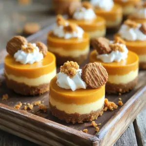 To make No-Bake Biscoff Pumpkin Cheesecake Bites, you will need: - 1 cup Biscoff cookies, crushed - 1/2 cup unsalted butter, melted - 1 cup cream cheese, softened - 1 cup pumpkin puree - 1/2 cup powdered sugar - 1 teaspoon vanilla extract - 1 teaspoon pumpkin pie spice - A pinch of salt - Extra Biscoff cookies for garnish These ingredients create a sweet, creamy treat that is both rich and light. If you want to make more or fewer bites, adjust the recipe as follows: - For 6 bites: Halve all the ingredients. - For 18 bites: Multiply by 1.5. - For 24 bites: Double all the ingredients. This way, you can fit your needs for any gathering or snack time. You might not have all the ingredients. Here are some easy swaps: - Biscoff cookies: Use graham crackers or Oreos for the crust. - Cream cheese: Substitute with mascarpone cheese for a different flavor. - Pumpkin puree: Use sweet potato puree if you cannot find pumpkin. - Powdered sugar: Brown sugar works as a sweet alternative. These substitutions keep the spirit of the recipe while allowing for personal tastes. First, you need to make the crust. Grab 1 cup of crushed Biscoff cookies. You can use a food processor or a rolling pin to crush them. Next, melt 1/2 cup of unsalted butter. Mix the crushed cookies and melted butter in a bowl. Stir until it looks like wet sand. Now, take mini muffin tins or silicone molds. Press the cookie mixture firmly into the bottom of each mold. This forms a solid base. Place the molds in the refrigerator. Let them chill while you make the filling. Now it’s time for the filling. In a large bowl, beat 1 cup of softened cream cheese. Make sure it's smooth and creamy. Then, add 1 cup of pumpkin puree. This gives the cheesecake its fall flavor. Next, mix in 1/2 cup of powdered sugar. Add 1 teaspoon of vanilla extract and 1 teaspoon of pumpkin pie spice. Don’t forget a pinch of salt. Mix everything until well combined. The filling should be thick and smooth. Take the crusts out of the fridge. Carefully fill each mold with the pumpkin cream cheese mixture. Smooth the tops with a spatula. Make sure each bite looks nice and even. Now, return the filled molds to the refrigerator. Let them chill for at least 2-3 hours. This helps the cheesecake bites set. Once they are firm, gently pop them out of the molds. For a final touch, crumble extra Biscoff cookies on top or add whipped cream. These bites look great and taste even better! To get a smooth cheesecake bite, ensure your cream cheese is very soft. This makes mixing easy. If it is too cold, it will be lumpy. Also, mix the batter well. You want it creamy and free of lumps. For a light texture, fold in your ingredients gently. This keeps air in. One common mistake is not chilling long enough. These bites need 2-3 hours to set properly. If you skip this step, they might fall apart. Also, don’t overpack the crust. Press it just enough to hold together. Too much pressure can make it hard instead of crunchy. For a beautiful presentation, use mini muffin liners. They add color and make serving easy. Top each bite with a sprinkle of crushed Biscoff cookies. This adds a nice crunch. A dollop of whipped cream also looks great. It invites everyone to take a bite! {{image_2}} You can change the flavor of your cheesecake bites. Adding chocolate gives a rich taste. Melt some dark chocolate and swirl it into the filling. It pairs well with pumpkin. You can also add nuts for a crunchy texture. Chopped pecans or walnuts work great. They add flavor and a fun bite. Want a vegan option? Use vegan cream cheese and coconut butter. Replace pumpkin puree with a nut-based cream for a unique twist. For a gluten-free version, look for gluten-free Biscoff cookies. This way, everyone can enjoy them without worry. Seasonal spices can change the vibe of your bites. In winter, add nutmeg or cloves for warmth. In spring, you might try lemon zest for brightness. Toppings can also vary. Use fresh berries in the summer or a drizzle of caramel in the fall. Each season brings its own flair. Experiment and find your favorite! To keep your no-bake Biscoff pumpkin cheesecake bites fresh, store them in an airtight container. This helps avoid any fridge odors. You can place parchment paper between layers to prevent sticking. Always refrigerate them as soon as they are set. These delightful bites last for about 5 to 7 days in the fridge. After that, they may lose their taste or texture. I recommend enjoying them within the first few days for the best flavor. You can freeze these cheesecake bites if you want to save some for later. Place them in a single layer on a baking sheet until firm. Then, transfer them to an airtight container or freezer bag. They can last up to 2 months in the freezer. When you're ready to enjoy, thaw them in the fridge overnight. Avoid thawing at room temperature to keep them creamy. Yes, you can make these cheesecake bites ahead of time. They chill well in the fridge. Prepare them a day or two before your event. Just store them in an airtight container. This keeps them fresh and tasty. If you lack pumpkin puree, use sweet potato puree instead. It has a similar taste and texture. You can also use applesauce for a different flavor. Both options work well in this recipe. Check if the cheesecake bites are firm to the touch. They should not feel soft or wobbly. After chilling for 2-3 hours, they are ready. If unsure, let them chill longer for extra firmness. This blog post covered how to create tasty cheesecake bites. We explored ingredients, conversions, and substitutions. I shared step-by-step instructions for the crust and filling. I offered tips for the perfect texture and ways to avoid mistakes. We discussed flavor variations and dietary options, plus storage tips for freshness. Remember these pointers to enjoy your cheesecake bites fully. You can have fun with flavors and make them to fit your needs. Each bite can be special and satisfying. Enjoy your time creating and tasting!