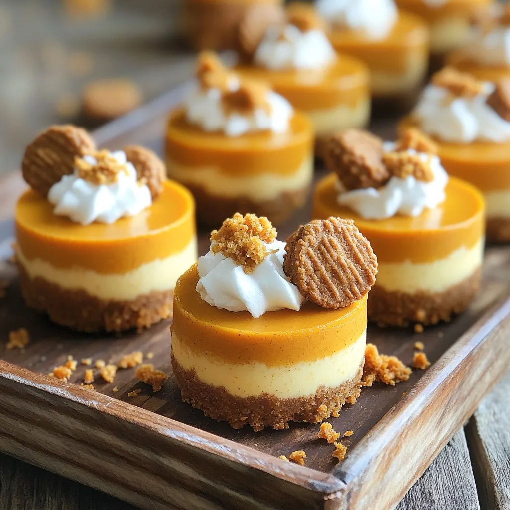 To make No-Bake Biscoff Pumpkin Cheesecake Bites, you will need: - 1 cup Biscoff cookies, crushed - 1/2 cup unsalted butter, melted - 1 cup cream cheese, softened - 1 cup pumpkin puree - 1/2 cup powdered sugar - 1 teaspoon vanilla extract - 1 teaspoon pumpkin pie spice - A pinch of salt - Extra Biscoff cookies for garnish These ingredients create a sweet, creamy treat that is both rich and light. If you want to make more or fewer bites, adjust the recipe as follows: - For 6 bites: Halve all the ingredients. - For 18 bites: Multiply by 1.5. - For 24 bites: Double all the ingredients. This way, you can fit your needs for any gathering or snack time. You might not have all the ingredients. Here are some easy swaps: - Biscoff cookies: Use graham crackers or Oreos for the crust. - Cream cheese: Substitute with mascarpone cheese for a different flavor. - Pumpkin puree: Use sweet potato puree if you cannot find pumpkin. - Powdered sugar: Brown sugar works as a sweet alternative. These substitutions keep the spirit of the recipe while allowing for personal tastes. First, you need to make the crust. Grab 1 cup of crushed Biscoff cookies. You can use a food processor or a rolling pin to crush them. Next, melt 1/2 cup of unsalted butter. Mix the crushed cookies and melted butter in a bowl. Stir until it looks like wet sand. Now, take mini muffin tins or silicone molds. Press the cookie mixture firmly into the bottom of each mold. This forms a solid base. Place the molds in the refrigerator. Let them chill while you make the filling. Now it’s time for the filling. In a large bowl, beat 1 cup of softened cream cheese. Make sure it's smooth and creamy. Then, add 1 cup of pumpkin puree. This gives the cheesecake its fall flavor. Next, mix in 1/2 cup of powdered sugar. Add 1 teaspoon of vanilla extract and 1 teaspoon of pumpkin pie spice. Don’t forget a pinch of salt. Mix everything until well combined. The filling should be thick and smooth. Take the crusts out of the fridge. Carefully fill each mold with the pumpkin cream cheese mixture. Smooth the tops with a spatula. Make sure each bite looks nice and even. Now, return the filled molds to the refrigerator. Let them chill for at least 2-3 hours. This helps the cheesecake bites set. Once they are firm, gently pop them out of the molds. For a final touch, crumble extra Biscoff cookies on top or add whipped cream. These bites look great and taste even better! To get a smooth cheesecake bite, ensure your cream cheese is very soft. This makes mixing easy. If it is too cold, it will be lumpy. Also, mix the batter well. You want it creamy and free of lumps. For a light texture, fold in your ingredients gently. This keeps air in. One common mistake is not chilling long enough. These bites need 2-3 hours to set properly. If you skip this step, they might fall apart. Also, don’t overpack the crust. Press it just enough to hold together. Too much pressure can make it hard instead of crunchy. For a beautiful presentation, use mini muffin liners. They add color and make serving easy. Top each bite with a sprinkle of crushed Biscoff cookies. This adds a nice crunch. A dollop of whipped cream also looks great. It invites everyone to take a bite! {{image_2}} You can change the flavor of your cheesecake bites. Adding chocolate gives a rich taste. Melt some dark chocolate and swirl it into the filling. It pairs well with pumpkin. You can also add nuts for a crunchy texture. Chopped pecans or walnuts work great. They add flavor and a fun bite. Want a vegan option? Use vegan cream cheese and coconut butter. Replace pumpkin puree with a nut-based cream for a unique twist. For a gluten-free version, look for gluten-free Biscoff cookies. This way, everyone can enjoy them without worry. Seasonal spices can change the vibe of your bites. In winter, add nutmeg or cloves for warmth. In spring, you might try lemon zest for brightness. Toppings can also vary. Use fresh berries in the summer or a drizzle of caramel in the fall. Each season brings its own flair. Experiment and find your favorite! To keep your no-bake Biscoff pumpkin cheesecake bites fresh, store them in an airtight container. This helps avoid any fridge odors. You can place parchment paper between layers to prevent sticking. Always refrigerate them as soon as they are set. These delightful bites last for about 5 to 7 days in the fridge. After that, they may lose their taste or texture. I recommend enjoying them within the first few days for the best flavor. You can freeze these cheesecake bites if you want to save some for later. Place them in a single layer on a baking sheet until firm. Then, transfer them to an airtight container or freezer bag. They can last up to 2 months in the freezer. When you're ready to enjoy, thaw them in the fridge overnight. Avoid thawing at room temperature to keep them creamy. Yes, you can make these cheesecake bites ahead of time. They chill well in the fridge. Prepare them a day or two before your event. Just store them in an airtight container. This keeps them fresh and tasty. If you lack pumpkin puree, use sweet potato puree instead. It has a similar taste and texture. You can also use applesauce for a different flavor. Both options work well in this recipe. Check if the cheesecake bites are firm to the touch. They should not feel soft or wobbly. After chilling for 2-3 hours, they are ready. If unsure, let them chill longer for extra firmness. This blog post covered how to create tasty cheesecake bites. We explored ingredients, conversions, and substitutions. I shared step-by-step instructions for the crust and filling. I offered tips for the perfect texture and ways to avoid mistakes. We discussed flavor variations and dietary options, plus storage tips for freshness. Remember these pointers to enjoy your cheesecake bites fully. You can have fun with flavors and make them to fit your needs. Each bite can be special and satisfying. Enjoy your time creating and tasting!