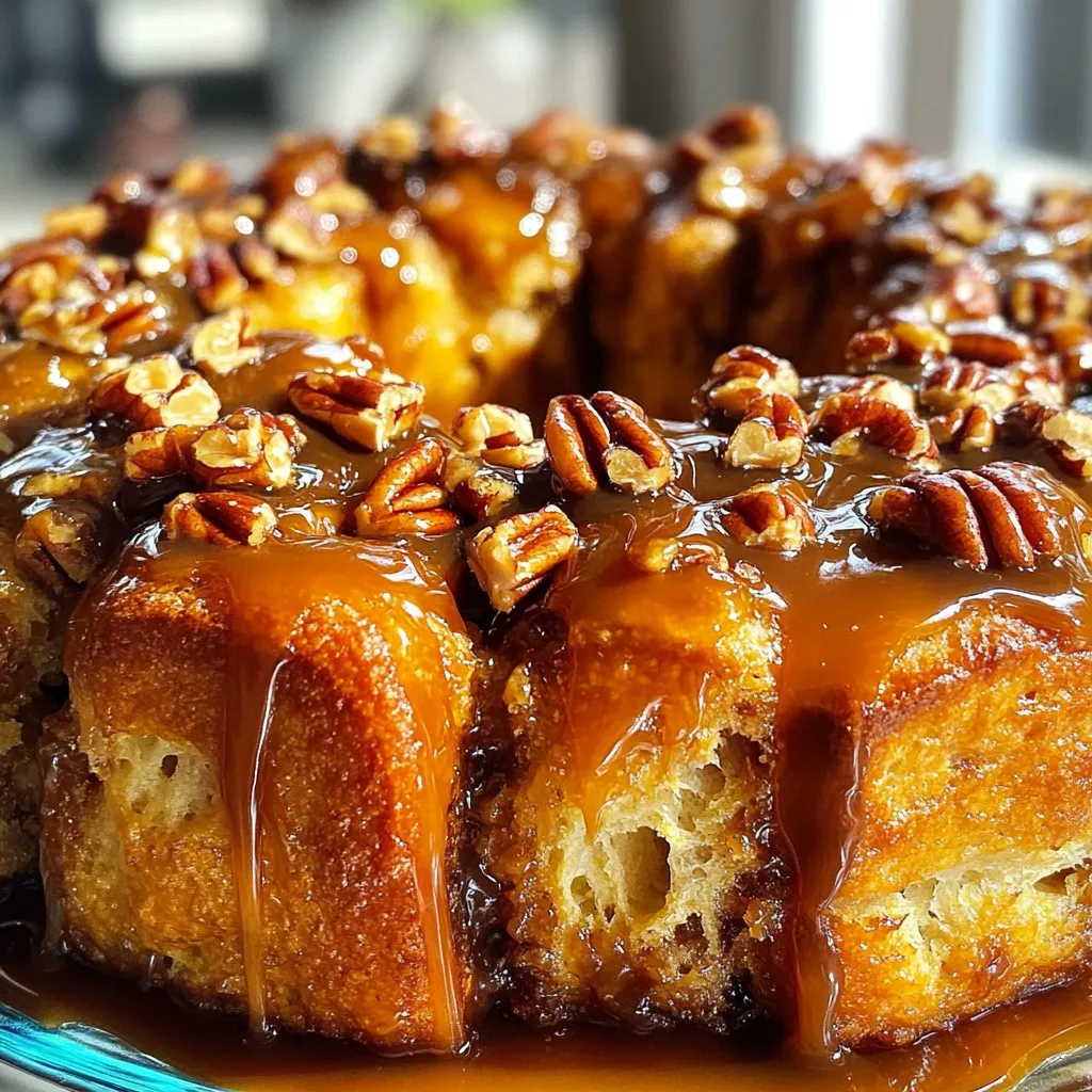 - 2 cans of refrigerated biscuit dough (16 oz each) - 1 cup pecans, roughly chopped - 1 cup brown sugar - 1/2 cup unsalted butter, melted - 1 tablespoon ground cinnamon - 1/2 cup caramel sauce (store-bought or homemade) - 1 teaspoon vanilla extract - Pinch of salt To make Caramel Pecan Sticky Bun Monkey Bread, you need simple ingredients. First, grab two cans of refrigerated biscuit dough. This dough makes the base of our monkey bread. Next, you will need one cup of pecans, chopped into small pieces. They add a nice crunch and flavor. You will also want one cup of brown sugar. It gives a rich, sweet taste. Have a half cup of unsalted butter ready, melted for easy mixing. Ground cinnamon is next on the list, about one tablespoon for that warm, cozy flavor. Don’t forget the caramel sauce! You can use store-bought or try making your own. We need half a cup. One teaspoon of vanilla extract adds depth to the dish. Lastly, just a pinch of salt will bring out the sweetness. These ingredients work together to create a delicious, gooey treat. Perfect for breakfast or dessert, this monkey bread is a crowd-pleaser! - Preheat your oven to 350°F (175°C). - Grease a bundt pan with butter or cooking spray. Sprinkle half of the chopped pecans at the bottom of the pan. - Open the biscuit dough and cut each biscuit into quarters. - In a large bowl, mix brown sugar and ground cinnamon until combined. - Toss the biscuit pieces in the cinnamon sugar mix until coated. - Place half of the coated pieces in the bundt pan over the pecans. Drizzle half of the melted butter and caramel sauce on top. - Add the rest of the biscuit pieces, then more melted butter, pecans, and caramel sauce. - Bake the monkey bread for 30-35 minutes. The top should be golden and the biscuits cooked through. - Let the monkey bread cool for about 10 minutes in the pan. Carefully invert it onto a serving plate. Enjoy the caramel and pecans oozing over the buns! - Choosing the best biscuit dough I recommend using refrigerated biscuit dough for this recipe. It is quick and easy. Look for a brand that has a flaky texture. The more layers, the better the monkey bread will be. - Ensuring even coating with cinnamon sugar To coat your biscuit pieces well, toss them in a large bowl. Make sure each piece gets a good amount of the cinnamon sugar mix. This adds flavor and makes the bread sweet and sticky. - Drizzling caramel sauce After baking, drizzle warm caramel sauce on top. This makes it look great and taste even better. Use store-bought or homemade sauce based on your time and skills. - Garnishing with additional pecans Add extra chopped pecans on top for crunch. This also adds a nice look and boosts the flavor. - Experimenting with spices You can try adding nutmeg or ginger for a twist. Just a little can give a new taste to the classic recipe. - Using homemade caramel sauce Making your own caramel sauce is easy. It can taste fresher than store-bought. Just heat sugar and water until it turns golden brown. Then, slowly add cream for a rich sauce. {{image_2}} If you want to switch up the nuts in your monkey bread, consider using walnuts or almonds. Both nuts have a rich flavor and can add a nice crunch. Chop them roughly, just like you do with pecans. This will keep a similar texture while giving you a new taste. For those with nut allergies, creating a nut-free version is easy. Simply skip the nuts altogether or use seeds like sunflower seeds instead. They add a nice bite without any nut risk. To make your monkey bread even more fun, think about adding chocolate chips. They melt beautifully and create a sweet surprise in every bite. Just toss in a cup when you layer the biscuit pieces. You can also incorporate fruits or extracts for extra flavor. Try adding dried fruits like cranberries or raisins. They add a chewy texture and a fruity kick. If you prefer liquid flavor, a splash of almond or coconut extract can make a big impact. If you need gluten-free options, there are great substitutes. Use gluten-free biscuit dough available in stores. This way, you can enjoy the same gooey treat without the gluten. For those seeking vegan alternatives, swap the butter for coconut oil or vegan butter. Use a plant-based caramel sauce. This keeps the dish tasty while meeting your dietary needs. To keep your Caramel Pecan Sticky Bun Monkey Bread fresh, place it in an airtight container. This will help keep it moist. You can refrigerate it for up to three days. If you want to store it longer, freezing works well too. Wrap the bread tightly in plastic wrap, then place it in a freezer bag. It can last up to three months in the freezer. When you’re ready to eat, reheat the monkey bread in the oven. Preheat your oven to 350°F (175°C). Place the bread in a baking dish and cover it with foil. Heat it for about 15 to 20 minutes. This keeps it warm and gooey. To keep the bread fresh, avoid cutting it into pieces until you're ready to serve. This helps seal in moisture. If you notice the bread getting soggy, use a paper towel to absorb excess moisture inside the container. This can help maintain its delicious texture. For the best taste, always serve the monkey bread warm. A quick reheat can bring back its gooey goodness. Enjoying it fresh will always give you the best experience! Monkey bread is a sweet, sticky pastry made from pieces of dough. It is often served warm and pulled apart by hand. The name comes from the idea that you can eat it like a monkey, pulling off pieces. This treat has roots in the late 1800s and became popular in the United States. It often features cinnamon, sugar, and butter, creating a gooey delight for breakfast or dessert. Yes, you can use frozen biscuit dough. It is a great time-saver. Just thaw it before you cut it into pieces. This option makes the recipe quick and easy. You will still get that soft, fluffy texture and rich flavor. Making homemade caramel sauce is simple. Here’s how to do it: - Ingredients: - 1 cup granulated sugar - 1/4 cup water - 1/2 cup heavy cream - 2 tablespoons unsalted butter - 1 teaspoon vanilla extract - Instructions: 1. In a saucepan, mix sugar and water. 2. Heat over medium until sugar dissolves. 3. Let it boil without stirring until it turns golden. 4. Carefully add heavy cream and butter. 5. Stir until smooth, then add vanilla. This sauce adds a rich flavor to your monkey bread. You can prepare monkey bread ahead of time. Here are some tips: - Mix the dough and layer it in the bundt pan. - Cover and refrigerate overnight. - Take it out and let it sit for 30 minutes before baking. This way, you can enjoy fresh monkey bread with less work in the morning. This blog post shared how to make delicious monkey bread. We explored simple steps, key ingredients, and helpful tips. You learned about variations and storage tips for leftovers. Monkey bread is fun to make and share. With this guide, you can impress anyone. Enjoy each bite and feel free to get creative with flavors and nuts. Happy baking!