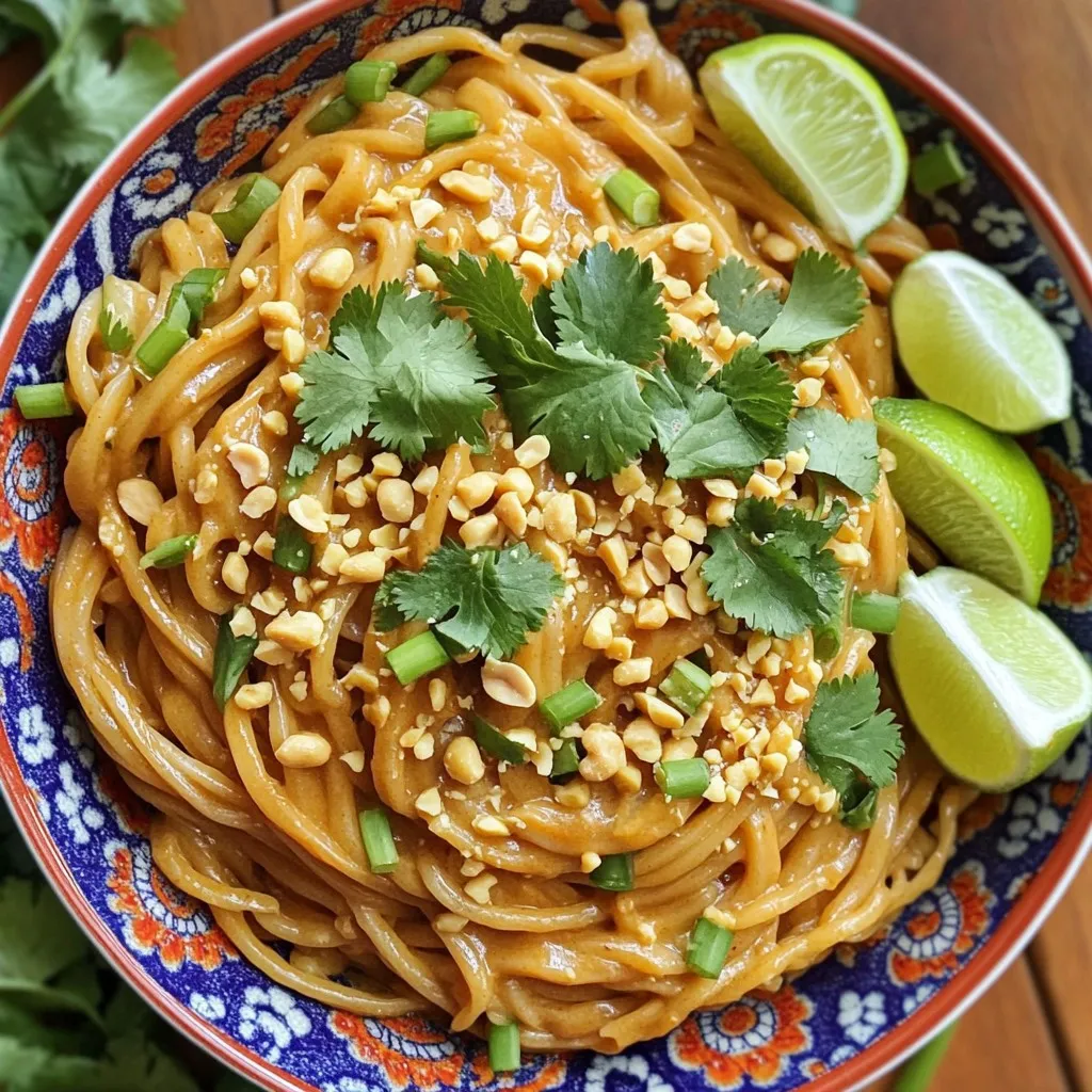 - 8 oz (225g) rice noodles - 1/2 cup peanut butter (smooth or chunky) - 1/4 cup sweet chili sauce - 2 tablespoons soy sauce (low sodium recommended) - 1 tablespoon sesame oil - 2 teaspoons lime juice - 1 tablespoon grated ginger - 2 garlic cloves, minced - 1/4 cup chopped scallions (green onions) - 1/4 cup crushed peanuts (for garnish) - Fresh cilantro leaves (for garnish) Using fresh ingredients makes a big difference. Fresh rice noodles cook well and taste great. The flavor of peanut butter shines when it’s fresh. Fresh scallions add a crisp bite. Lime juice brightens the whole dish. When you use fresh, you get more taste. Fresh ingredients also help you stay healthy. They bring more nutrients to your meal. This dish is quick, but with fresh items, it feels gourmet. You’ll enjoy every bite more. If you don’t have rice noodles, you can try another noodle. Egg noodles or whole wheat pasta work well. For the peanut butter, almond butter is a great swap. It gives a different flavor but stays creamy. If you need a spicy kick, add sriracha to the sauce. You can also use a store-bought peanut sauce if you're short on time. Just check the label for added sugar. For those who avoid peanuts, sunflower seed butter is a tasty alternative. It keeps the dish nut-free but still creamy. There are many options to make this dish fit your taste. First, fill a pot with water. Bring it to a boil. Add the rice noodles and cook them as per the package instructions. This usually takes about 4 to 5 minutes. Stir them gently to prevent sticking. Once done, drain the noodles. Rinse them with cold water to stop the cooking process. Set the noodles aside to cool while you make the sauce. Grab a mixing bowl. Add the peanut butter. Next, pour in the sweet chili sauce, soy sauce, and sesame oil. Then, squeeze in the lime juice. Now, add the grated ginger and minced garlic. Whisk everything together until it is smooth and well mixed. Taste the sauce. You want it to be creamy with just the right amount of sweetness and a hint of spice. Take a large mixing bowl and add the cooked rice noodles. Pour the peanut sauce over the noodles. Toss them gently, making sure every noodle gets coated. Then, add half of the chopped scallions. Mix well to combine them into the noodles. You can taste the noodles now. If you want, adjust the flavor by adding more sweet chili sauce or lime juice. Serve the noodles in bowls or on a platter. Finish with the remaining scallions, crushed peanuts, and fresh cilantro leaves. Enjoy your colorful and tasty dish! To make the best peanut sauce, focus on balance. The blend of sweet and salty is key. I use smooth peanut butter for a creamy texture. If you like crunch, chunky peanut butter works too. Always taste your sauce before adding it to the noodles. Adjust with more sweet chili sauce or lime juice if needed. This sauce should be rich and flavorful. Presentation adds joy to your meal. I like to serve the noodles in bright bowls. Top them with extra crushed peanuts and fresh cilantro. This not only looks good but adds flavor too. You can also add lime wedges on the side. A squeeze of lime brightens the dish and enhances the taste. Serve with chopsticks for fun, or a fork for ease. One mistake is not rinsing the noodles. Rinsing prevents them from sticking together. Another issue is under-mixing the sauce with the noodles. Make sure every noodle is coated well. If the noodles seem dry, don’t hesitate to add more sauce. Lastly, don’t skip the garnishes. They enhance both flavor and appearance. {{image_2}} You can add protein to your Minute Sweet Chili Peanut Noodles for a heartier meal. Some great choices are: - Grilled chicken - Shrimp - Tofu If you choose chicken, grill or sauté it until cooked through. For shrimp, cook until pink and opaque. If using tofu, press it first, then sauté until golden. Adding these proteins makes the dish filling and adds flavor. Adding vegetables can boost nutrition and color. Here are some tasty options: - Bell peppers - Carrots - Broccoli - Snap peas You can steam or stir-fry the vegetables before mixing them with the noodles. This step keeps the veggies crisp and fresh. They will add texture and flavor, making the dish more vibrant. Want a kick? Spice it up! Here are ideas to add heat: - Red pepper flakes - Sriracha sauce - Chopped fresh chili Sprinkle red pepper flakes into the sauce for a mild heat. For more spice, mix in Sriracha or fresh chili. These adjustments can make your noodles exciting and full of flavor! To keep your Minute Sweet Chili Peanut Noodles fresh, store them in an airtight container. This will help prevent the noodles from drying out. Place the container in the fridge. They will stay good for about three days. If you have extra sauce, keep it separate to maintain flavor. When you're ready to eat your leftovers, reheat them gently. You can use a microwave or a pan on low heat. If using the microwave, heat in short bursts. Stir after each burst to avoid hot spots. If the noodles feel dry, add a splash of water or extra sauce. This will help restore the creamy texture. If you want to keep your noodles longer, freezing is a great option. Place the cooled noodles in a freezer-safe bag. Squeeze out as much air as you can before sealing. They can stay in the freezer for up to three months. When you're ready to eat, thaw them overnight in the fridge. Reheat as mentioned above, and enjoy! Rice noodles take about 4 to 6 minutes to cook. Check the package for exact times. You want them soft but not mushy. After cooking, drain and rinse them with cold water. This stops the cooking and keeps them from sticking. Yes, you can use other noodles. Try soba, udon, or even spaghetti. Each type will change the taste slightly. Just make sure to cook them as directed on the package. Remember, cooking time may vary with different noodles. These noodles pair great with many foods. Try adding grilled chicken or shrimp for protein. You can also mix in fresh veggies like bell peppers or snap peas. Top with crushed peanuts and cilantro for extra crunch and flavor. Serve with lime wedges for a zesty touch. This post covered how to make sweet chili peanut noodles. We discussed fresh ingredients and their importance. You learned how to cook rice noodles, make peanut sauce, and combine everything well. I shared tips to perfect your sauce, serve your dish, and avoid common mistakes. Variations helped you explore protein options and spicy add-ins. Lastly, you found storage info for leftovers. Get creative with your noodle dish and enjoy every bite!