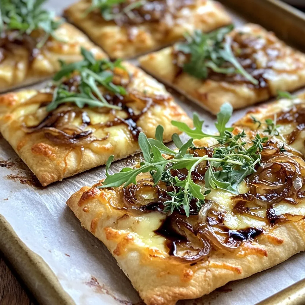 - 1 large flatbread or store-bought pizza dough - 2 large onions, thinly sliced - 2 tablespoons olive oil - 1 tablespoon balsamic vinegar - 1 teaspoon sugar - 1 cup Gruyère cheese, shredded - 1/2 cup fresh arugula - Salt and pepper to taste - Fresh thyme leaves for garnish You can add many fun toppings. Try sliced mushrooms, cooked bacon, or sun-dried tomatoes. These add great flavor and texture. You can also use different greens like spinach or kale. If you can’t find Gruyère cheese, you can use Swiss or mozzarella cheese. For the flatbread, tortillas work in a pinch. Instead of balsamic vinegar, try red wine vinegar or lemon juice for a different taste. If you want a sweeter touch, use honey instead of sugar. To caramelize onions, start by slicing two large onions thinly. Heat two tablespoons of olive oil in a large skillet over medium heat. Add the onions along with a pinch of salt and one teaspoon of sugar. Stir them every few minutes. After about 20 to 25 minutes, the onions will turn golden brown. This shows they are caramelized. Near the end, add one tablespoon of balsamic vinegar. Mix it in well, then take them off the heat. Set the onions aside for later. You can use either pizza dough or flatbread for this dish. If you choose pizza dough, roll it out to your desired size. This gives you a nice base for toppings. If you use flatbread, you can skip this step. Just place it on a baking sheet lined with parchment paper. If using pizza dough, remember to preheat your oven first. Set it to the temperature on the dough package, usually about 475°F (245°C). Now it’s time to assemble your flatbread. Start by spreading the caramelized onions evenly on the base. Make sure to cover every corner. Next, sprinkle one cup of shredded Gruyère cheese over the onions. Ensure an even layer for the best melt. Place the flatbread in the preheated oven. Bake it for 12 to 15 minutes. You want the cheese to bubble and the edges to turn golden brown. Once baked, remove it from the oven and top with fresh arugula and thyme leaves. Add salt and pepper to taste. Let it cool for a minute, then slice and enjoy warm! To caramelize onions, use a large skillet. Heat two tablespoons of olive oil on medium heat. Add thinly sliced onions and a pinch of salt. Stir in one teaspoon of sugar to enhance sweetness. Cook for 20-25 minutes, stirring often. Look for a golden brown color. Near the end, add one tablespoon of balsamic vinegar. This adds depth and flavor to the onions. Be patient; good caramelization takes time. To get that perfect cheese melt, use one cup of shredded Gruyère cheese. Spread it evenly over the flatbread. Gruyère melts well and gives a rich flavor. For a better melt, allow the cheese to sit at room temperature for 15 minutes before baking. Bake in a preheated oven at 475°F for 12-15 minutes. Watch closely; the cheese should bubble and the edges should turn golden brown. Serve your flatbread warm for the best taste. Top it with fresh arugula for a peppery crunch. A sprinkle of fresh thyme leaves adds a nice herbal note. Pair with a light salad or a glass of white wine. This dish goes well with a simple mixed greens salad or roasted vegetables. Friends and family will love it! {{image_2}} You can change the toppings on your flatbread to fit your taste. Try adding sliced mushrooms for a rich, earthy flavor. You can also use roasted red peppers for a slight sweetness. If you want a spicy kick, add some sliced jalapeños. Feta cheese pairs well with Gruyère too, giving a nice tang. The options are endless, so get creative! For a gluten-free version, use gluten-free pizza dough or a cauliflower crust. Many stores sell ready-made gluten-free flatbreads. Just check the labels to ensure they meet your needs. You can caramelize the onions the same way, and they will taste just as good! In fall, add slices of roasted butternut squash for sweetness. In spring, top with fresh asparagus or a light lemon zest for brightness. For summer, fresh tomatoes and basil work wonderfully. These seasonal toppings can change your flatbread and keep it exciting year-round! To store leftover flatbread, let it cool to room temperature. Once cool, wrap it tightly in plastic wrap or aluminum foil. You can also place it in an airtight container. This keeps the flatbread fresh and prevents it from drying out. Store it in the fridge for up to three days. When you are ready to enjoy the flatbread again, preheat your oven to 350°F (175°C). Place the flatbread on a baking sheet. Bake for about 10 minutes. This method helps to keep the cheese melty and the flatbread crisp. You can also use a skillet to reheat it on low heat for about 5 minutes. Cover with a lid to keep in heat. If you want to save flatbread for later, freezing is a great option. Wrap the cooled flatbread tightly in plastic wrap. Then, add another layer of foil. This helps prevent freezer burn. You can freeze it for up to two months. When ready to eat, thaw it in the fridge overnight before reheating. Yes, you can use different cheeses. Try mozzarella for a milder taste. Feta adds a tangy kick. Cheddar brings sharpness and depth. Each cheese will change the flavor, so experiment to find your favorite. You can serve this flatbread with many sides. A fresh salad with greens balances the richness. Roasted vegetables add a nice touch. Pairing it with a light soup, like tomato, makes for a complete meal. It’s great for sharing at gatherings too! Caramelizing onions takes about 20-25 minutes. Cook them over medium heat, stirring often. The goal is to get them golden brown and sweet. Patience is key; good things take time! If rushed, they may burn or not taste sweet enough. Caramelized onion Gruyère flatbread is a delightful dish you can make at home. We explored the key ingredients, how to caramelize onions, and the best ways to assemble and bake your flatbread. I shared tips on onion cooking, cheese melting, and easy serving ideas. Don’t forget the variations and storage tips to keep your flatbread fresh. This dish is versatile and fun. I hope you feel inspired to create, customize, and enjoy it with friends and family.