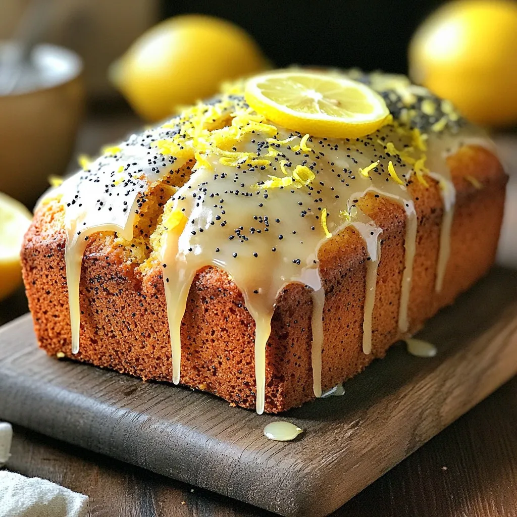 - 1 ½ cups all-purpose flour - 1 teaspoon baking powder - ½ teaspoon baking soda - ¼ teaspoon salt - ½ cup unsalted butter, softened - 1 cup granulated sugar - 2 large eggs - 1 tablespoon lemon zest (from about 1 lemon) - 1/4 cup fresh lemon juice - 1 teaspoon vanilla extract - ¼ cup poppy seeds - ½ cup buttermilk Lemon zest is key for that bright, fresh flavor. It adds a burst of citrus without extra liquid. Fresh lemon juice enhances flavor and gives the loaf a lively tang. Poppy seeds are not just for looks; they add a nice crunch and nutty taste. Using unsalted butter allows you to control the saltiness in your loaf. If you need a dairy-free option, swap buttermilk with almond or soy milk. You can add a splash of vinegar to mimic the acidity. For egg-free baking, use a flax egg. Mix one tablespoon of flaxseed meal with three tablespoons of water. Let it sit until it thickens. If you want a gluten-free loaf, try a gluten-free all-purpose flour blend. Make sure it has a binding agent, like xanthan gum, to keep the loaf together. First, you need to set the oven. Preheat it to 350°F (175°C). Next, grab a 9x5-inch loaf pan. Grease the pan well and line the bottom with parchment paper. This step helps when it’s time to take the loaf out. In a medium bowl, add 1 ½ cups of all-purpose flour. Next, add 1 teaspoon of baking powder, ½ teaspoon of baking soda, and ¼ teaspoon of salt. Whisk these dry ingredients together. This step helps the loaf rise and gives it a nice texture. In a large mixing bowl, put ½ cup of softened unsalted butter. Add 1 cup of granulated sugar. Use an electric mixer to cream them together. Mix for about 3-4 minutes. You want it to be light and fluffy. This is key for a soft loaf. Now, it’s time to add the eggs. Crack 2 large eggs into the bowl, one at a time. Mix well after each egg. Next, stir in 1 tablespoon of lemon zest, ¼ cup of fresh lemon juice, and 1 teaspoon of vanilla extract. These ingredients add flavor and moisture. Gradually add the dry mix to the butter mixture. Alternate with ½ cup of buttermilk. Start with dry, then wet, and keep mixing until just combined. Be careful not to overmix. Finally, gently fold in ¼ cup of poppy seeds. This adds a fun texture and taste. Pour the batter into the prepared loaf pan. Smooth the top with a spatula. Bake the loaf in your preheated oven for 55-65 minutes. To check if it’s done, insert a toothpick into the center. If it comes out clean, the loaf is ready. If it browns too fast, cover it loosely with aluminum foil. After baking, let it cool in the pan for about 10 minutes. Then, transfer it to a wire rack to cool completely. To keep your lemon poppy seed loaf moist, use room temperature butter. This helps it blend well with sugar, making a light texture. Adding buttermilk also helps retain moisture. It adds tang and richness too. Don’t overmix the batter; mix until just combined. This keeps the loaf fluffy. One big mistake is not measuring ingredients correctly. Use dry measuring cups for flour and sugar. Level them off with a knife. Another mistake is not preheating the oven. Always set it to 350°F before baking. This ensures even cooking. If your loaf browns too fast, cover it with foil halfway through baking. For a great crust, grease the loaf pan well. This helps the loaf release easily. Lining the pan with parchment paper adds extra security. Bake until golden brown and a toothpick comes out clean. Let it cool in the pan for 10 minutes before transferring it. These steps create a nice, crunchy crust! {{image_2}} You can enhance your lemon poppy seed loaf by adding fun mix-ins. Chopped nuts, like walnuts or almonds, add crunch and richness. Dried fruit, such as cranberries or blueberries, gives a sweet contrast to the tart lemon. Mix in about ½ cup of your favorite add-ins. Just fold them in gently after adding the poppy seeds. If you want a gluten-free version, it's easy! Use a gluten-free all-purpose flour blend instead of regular flour. Make sure it has xanthan gum for better texture. The rest of the recipe stays the same, so you can enjoy this loaf without gluten. Switching up the citrus can bring a new twist to your loaf. Try using lime or orange zest instead of lemon. Each citrus adds its unique flair. Lime gives a fresh, zesty kick, while orange adds warmth and sweetness. Use the same amount of zest as the recipe suggests for lemon. This way, you keep the flavor bright and fun! To keep your lemon poppy seed loaf fresh, wrap it tightly. You can use plastic wrap or aluminum foil. This method keeps the moisture in and prevents the loaf from drying out. Store it at room temperature for up to three days. If you want to keep it longer, consider freezing. Freezing your loaf is easy. First, let it cool completely. Once cooled, wrap it in plastic wrap. Then, place it in a freezer bag or airtight container. Be sure to remove as much air as possible. You can freeze it for up to three months. When you're ready to eat, thaw it in the fridge overnight. Your lemon poppy seed loaf will stay fresh for about three days at room temperature. If you store it in the fridge, it can last up to a week. However, the texture may change. Always check for signs of spoilage. If it smells off or has mold, it's best to toss it. Enjoy it fresh for the best taste and texture! Yes, you can use bottled lemon juice. However, fresh juice tastes better. Fresh lemon juice adds bright flavor. The zest also gives a nice aroma. If using bottled juice, opt for one without additives. Check your loaf with a toothpick. Insert it into the center. If it comes out clean, the loaf is done. The top should be golden and spring back when touched. If it browns too fast, cover it with aluminum foil. This loaf pairs well with tea or coffee. You could add fresh fruit like berries. A dollop of whipped cream also works nicely. For a twist, try a light lemon glaze on top! You can use whole wheat flour instead of all-purpose. Swap the sugar for a natural sweetener. Greek yogurt can replace buttermilk for extra protein. Reducing butter by half can also work well. This recipe guide covers everything you need for a tasty Lemon Poppy Seed Loaf. You learned about key ingredients, prep steps, and common tips. Knowing how to store leftovers helps keep it fresh for longer. Remember, you can add fun flavors or make it gluten-free. With the right techniques, you can enjoy a moist loaf every time. Baking is fun and rewarding. Experiment with your version and make it your own. Enjoy baking and sharing your delicious creation!